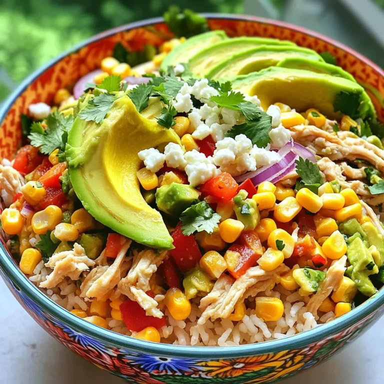 Here is the list of ingredients you will need for the Street Corn Chicken Rice Bowl: - 1 cup uncooked jasmine rice - 2 cups chicken broth - 2 cups cooked chicken, shredded (can use rotisserie) - 1 cup corn kernels (fresh, frozen, or canned) - 1 red bell pepper, diced - 1/2 red onion, finely chopped - 1 avocado, sliced - 1/4 cup fresh cilantro, chopped - 1/2 cup crumbled feta cheese - 1 tablespoon olive oil - 1 teaspoon garlic powder - 1 teaspoon chili powder - Salt and pepper to taste - 2 tablespoons lime juice - Optional: hot sauce for serving These ingredients come together to create a tasty and colorful meal. The jasmine rice forms a soft base, while the chicken and corn mix adds protein and sweetness. Fresh veggies and herbs bring brightness and crunch, making each bite a delight. Don't forget to check the Full Recipe for more detailed instructions on how to prepare this dish! - Combine 1 cup of jasmine rice and 2 cups of chicken broth in a medium pot. - Bring the mixture to a boil, then lower the heat. - Cover and let it simmer for about 15-18 minutes until fluffy. - Once done, remove from heat and keep it covered for 5 more minutes. - In a large skillet, heat 1 tablespoon of olive oil over medium heat. - Add 1 cup of corn kernels, 1 diced red bell pepper, and 1/2 finely chopped red onion. - Sauté these ingredients for about 5-7 minutes until they are tender. - Season the sautéed mixture with 1 teaspoon of garlic powder, 1 teaspoon of chili powder, salt, and pepper. - Stir well and cook for another 2 minutes to blend the flavors. - Add in 2 cups of shredded chicken and drizzle 2 tablespoons of lime juice. - Mix everything until the chicken is heated through and flavors combine well. For the full recipe, check out the complete instructions above! - Use high-quality chicken broth for better flavor. - Let rice sit covered after cooking for fluffiness. Using a good chicken broth makes a big difference. It adds a rich taste to the rice. Softer rice gives you a nice base for all the toppings. This step helps keep the rice light and airy. - Serve in colorful bowls for visual appeal. - Garnish with lime wedges and cilantro for freshness. Bright bowls make your meal pop. They bring life to your table. Adding lime wedges gives a fresh zing. Cilantro adds a nice green touch and taste. - Overcooking the rice or veggies. - Skipping the seasoning step. Watch the cooking times closely. Overcooked rice turns mushy. Vegetables lose their crunch and flavor. Always season your food well. This step brings all the flavors to life. {{image_2}} When it comes to the Street Corn Chicken Rice Bowl, variations can bring new life to this dish. You can easily switch up proteins, ingredients, and flavors to suit your taste. You can substitute chicken with shrimp or tofu. Shrimp adds a sweet, briny flavor, while tofu gives a nice texture. If you want a smoky touch, use grilled chicken instead. The char from the grill enhances the overall taste and makes each bite exciting. For cheese lovers, try swapping feta for cotija cheese. Cotija has a crumbly texture and a saltier taste. If you want a dairy-free option, just omit the cheese altogether. You can also use brown rice instead of jasmine rice. Brown rice adds more fiber and nutrients. It makes the bowl healthier without losing flavor. Want some heat? Add jalapeños to the mix. They provide a spicy kick that balances the sweetness of the corn. You can also include black beans for extra protein and fiber. They add heartiness and make the dish more filling. For the full experience, check out the Full Recipe. Store your Street Corn Chicken Rice Bowl in airtight containers for up to 4 days. This way, you keep the flavors fresh. Before eating, check for any signs of spoilage. Label the containers with the date you made the dish for easy tracking. You can freeze individual portions of your rice bowl for up to 3 months. This makes meal prep easy! Just pack the portions in freezer-safe containers. When you want a quick meal, reheat them in the microwave. It's a simple way to enjoy this dish later. To reheat, add a splash of chicken broth or water. This keeps the rice from drying out. Cover your bowl with a wet paper towel while reheating. It helps steam the food, making it warm and tasty. Enjoy your meal without the worry of it being too dry! You can use basmati rice or quinoa. Both options cook well and taste great. Basmati adds a nutty flavor, while quinoa boosts protein. Try them for a fun twist on your dish! Yes, you can easily make this dish vegetarian. Just swap the chicken for beans. Use vegetable broth instead of chicken broth for cooking. This keeps all the flavors while making it plant-based. Want some heat? Add more chili powder to the mix. You can also toss in fresh jalapeños for a kick. Adjust the spice level to your liking and enjoy the warmth! Each serving has about 450 calories. It packs around 30 grams of protein, which is great for muscle repair. You'll also get vitamins from the veggies and healthy fats from the avocado and feta. To make it a one-pot meal, cook the rice in the same pot as the chicken and veggies. Just add everything in the pot after cooking the rice. This saves time and clean-up while keeping flavors rich. In this post, we explored a tasty chicken and rice dish. You learned about the key ingredients like jasmine rice, chicken, corn, and spices. I shared step-by-step instructions to cook and combine these items. Tips helped you avoid common mistakes, while variations gave you ideas to switch things up. Finally, I explained storage options for meal prep. Enjoy making this dish and experimenting with flavors! It’s simple, fun, and delicious.