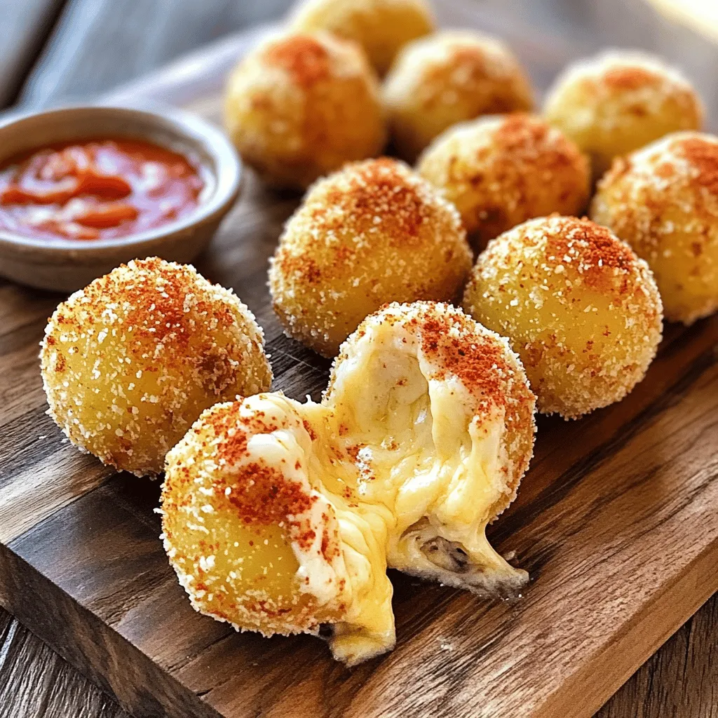 - 3 medium potatoes, peeled and cubed - 1 cup shredded mozzarella cheese - ½ cup grated Parmesan cheese - 1 small onion, finely chopped - 2 cloves garlic, minced - 1 teaspoon dried oregano - 1 teaspoon paprika - ½ teaspoon black pepper - Salt to taste - 1 cup breadcrumbs - 1 large egg, beaten - Oil for frying Gathering the right ingredients is key to making yummy potato cheese balls. Start with three medium potatoes. Choose firm potatoes for the best texture. Peel and cube them into even pieces for uniform cooking. Next, add one cup of shredded mozzarella cheese. This cheese melts beautifully and adds creaminess. For added flavor, include half a cup of grated Parmesan cheese. It brings a nice salty kick. A small onion and two cloves of garlic will enhance the taste. Chop the onion finely and mince the garlic for even distribution. Use one teaspoon of dried oregano and one teaspoon of paprika to spice things up. These add depth to your flavor. Don’t forget to include half a teaspoon of black pepper and salt to taste. For coating, use one cup of breadcrumbs for a crispy texture. One large beaten egg will help the breadcrumbs stick. Finally, you’ll need oil for frying. Choose a neutral oil like canola or vegetable oil for the best results. If you want to switch up the flavors, try using cheddar or feta cheese instead of mozzarella or Parmesan. For a vegan option, substitute the cheese with cashew cheese. Replace the egg with a flaxseed mixture for binding. When selecting potatoes, look for ones that are firm and free of blemishes. Freshness matters, so check the sell-by date on your cheese. Herbs should be vibrant and fragrant. Fresh ingredients make your snack taste even better. How to boil and mash potatoes Boil the potatoes in salted water. Cut them into cubes for faster cooking. Cook them for 15-20 minutes. You want them tender, so stick a fork in them. If the fork goes in easily, they are done. Drain the water and let them cool for a bit. Then, mash them in a bowl until they are smooth. Key signs that potatoes are cooked The potatoes should feel soft when you poke them with a fork. They should not be hard or crunchy. If they fall apart easily, they are perfect for mashing. Combining cheese and seasonings properly In your bowl of mashed potatoes, add the cheese and seasonings. Use shredded mozzarella and grated Parmesan for the best taste. Chop the onion and mince the garlic before adding them in. Mix everything together until it is well combined. Texture tips for the perfect mixture The mixture should feel thick but not dry. If it is too moist, add a little more cheese or breadcrumbs. You want it to hold its shape when you form the balls. Best practices for shaping uniform balls Take about 2 tablespoons of the mixture in your hands. Roll it into a ball. Make sure the balls are about the same size for even cooking. Place them on a plate as you shape them. How to achieve a crispy coating To coat the balls, dip each one in the beaten egg first. Then roll them in breadcrumbs. This will give them a nice, crunchy crust when frying. Make sure each ball is well-coated to avoid soggy spots. Tips for oil temperature and frying technique Heat oil in a deep frying pan over medium heat. You want it to reach about 350°F (175°C). Use a thermometer to check the temperature. If you don’t have one, drop a small piece of bread in the oil. If it sizzles and browns, the oil is ready. How to avoid soggy or greasy balls Fry the potato cheese balls in small batches. This helps keep the oil temperature steady. Fry them for about 3-4 minutes per side. They should turn golden brown and be crispy. Remove them using a slotted spoon and place them on paper towels. This will help absorb extra oil. For the full recipe, check out the complete instructions. When you make Yummy Potato Cheese Balls, avoid these common mistakes: - Overcooking potatoes: This makes mashing hard. Cook until tender. - Not mixing well: Ensure all ingredients blend fully for a great taste. - Too much oil: Keep oil at the right temperature. Too hot burns the balls. Essential kitchen tools you need: - Large pot for boiling potatoes. - Mixing bowl for combining ingredients. - Slotted spoon to remove balls from hot oil. - Deep frying pan to fry the balls evenly. The best dips to pair with potato cheese balls include: - Marinara sauce: This classic adds a nice tang. - Ranch dressing: Creamy and cool, it complements well. - Sour cream: A simple choice that balances flavors. For a visually appealing presentation, try these plating ideas: - Use a rustic wooden board for a casual look. - Garnish with fresh herbs, like parsley or basil. - Arrange in a circle with dips in the center for fun. To elevate your dish, consider these extra seasonings: - Chili powder: Adds heat and depth. - Cumin: Gives a warm, earthy flavor. - Garlic powder: Enhances the garlic taste. Suggestions for herbs or spices to add: - Chopped fresh cilantro: Brightens the flavor. - Basil: Adds a hint of sweetness. - Thyme: Offers a subtle earthiness. For the full recipe, check the detailed steps to create these yummy potato cheese balls. {{image_2}} You can mix different cheeses for fun flavors. Try feta and goat cheese for a tangy twist. Both cheeses add creaminess and depth. If you want heat, use pepper jack or spicy cheddar. These cheeses give your potato cheese balls an exciting kick. Experiment with unique combinations to find your favorite! You can bake potato cheese balls for a healthier option. Preheat your oven to 400°F (200°C). Place the balls on a baking sheet and spray them with oil. Bake for 20-25 minutes until golden brown, flipping halfway. Baking gives a crunchy outside with less oil. Frying, however, produces a crispier texture. Use oil heated to 350°F (175°C) for frying. Each method has its perks, so choose what you prefer! Want to add more flavor? Toss in some veggies! Spinach or bell peppers mix well with the potatoes. They bring color and nutrition to the dish. You can also add protein, like bacon bits or cooked chicken. These additions make your potato cheese balls even heartier. Enjoy experimenting with flavors to match your taste! Store your leftover potato cheese balls in an airtight container. Use a container that fits snugly to keep them from drying out. This helps maintain their texture and taste. You can store them in the fridge for up to three days. If you can’t eat them right away, freezing is a good option. To freeze uncooked potato cheese balls, place them on a baking sheet. Make sure they don't touch each other. Freeze them for about an hour, then transfer them into a freezer-safe bag. They can stay frozen for up to three months. For cooked potato cheese balls, let them cool first. Then, follow the same steps for freezing. When you're ready to eat, thaw them in the fridge overnight for the best taste. For the best results, reheat cooked potato cheese balls in the oven. Preheat your oven to 350°F (175°C). Place the balls on a baking sheet for even heating. Reheat for about 10-12 minutes. This keeps them crispy. Avoid using the microwave. It can make them soggy and less tasty. Always check to ensure they are hot all the way through before serving. Yes, you can make potato cheese balls ahead of time. Here’s how: - Prep the mixture: You can prepare the potato mixture and form the balls. - Chill them: Place the formed balls on a tray and chill in the fridge for about 30 minutes. - Fry later: When you’re ready, simply fry them straight from the fridge. This helps them keep their shape. Serve your potato cheese balls with tasty dips. Here are some great options: - Marinara sauce: A classic choice that adds a nice tang. - Ranch dressing: Creamy and cool, it pairs well with the crunch. - Sour cream: Simple and rich, it complements the flavors nicely. You can tell when they are done frying by these signs: - Color: Look for a golden brown color on the outside. - Texture: They should feel crispy when you touch them. - Timing: Fry them for about 3-4 minutes per side for perfect results. Yes! You can make gluten-free potato cheese balls easily. Here’s what to do: - Use gluten-free breadcrumbs: Look for brands made from rice or corn. - Adapt the recipe: Check labels for any other ingredients to ensure they're gluten-free. In this post, I covered how to make delicious potato cheese balls. You learned about key ingredients like potatoes and cheeses. I shared helpful tips for preparation, cooking methods, and storing leftovers. Remember, using quality ingredients makes a huge difference in taste. With these recipes and variations, you can customize your potato cheese balls to match your taste. Enjoy experimenting in the kitchen and make this dish your own! Happy cooking!