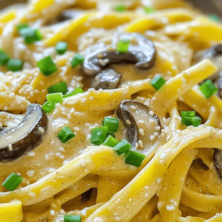 To make creamy miso pasta with mushrooms, you need the following ingredients: - 8 ounces pasta (fettuccine or linguine) - 2 tablespoons white miso paste - 1 cup heavy cream - 1 tablespoon soy sauce - 1 tablespoon sesame oil - 8 ounces mixed mushrooms (cremini, shiitake, or button), sliced - 3 cloves garlic, minced - 1 tablespoon fresh ginger, grated - ¼ cup green onions, chopped (for garnish) - Salt and pepper to taste - Optional: 1 tablespoon sesame seeds (for garnish) Gather these simple items before you start. They create a rich and savory dish that is easy to prepare. The miso paste adds depth. The cream makes it smooth and luscious. The mushrooms give it a nice texture. You can find most of these ingredients at your local grocery store. If you want to try different mushrooms, feel free! Different types will change the flavor slightly. This recipe is flexible, so enjoy the process. For the complete instructions, check the Full Recipe. Boil water in a large pot. Add salt to the water. Cook the pasta until it is al dente. This usually takes about 8 to 10 minutes. Remember to check the package for exact times. When it's done, drain the pasta. Save about ½ cup of the pasta water. This water will help adjust the sauce later. Heat sesame oil in a large skillet over medium-high heat. Add the sliced mushrooms. Cook them for about 5 to 7 minutes. You want them to turn golden brown. High heat helps get that nice color. The mushrooms will release moisture, so keep cooking until it evaporates. Now, add minced garlic and grated ginger to the skillet. Stir them in and cook for about a minute. You'll smell a lovely aroma! Lower the heat to medium. Add white miso paste, heavy cream, and soy sauce. Stir until the miso dissolves. Keep mixing until you have a creamy sauce. If it's too thick, slowly add some reserved pasta water until it’s just right. Add the cooked pasta to the skillet. Toss everything together gently. Make sure the pasta is well coated with the creamy miso sauce. Taste and adjust the seasoning with salt and pepper. You can always add more if needed. This dish brings joy to the table with its rich flavor! Enjoy making this creamy miso pasta with mushrooms by following the Full Recipe. To get the perfect creamy texture in your dish, add pasta water. This starchy water helps adjust the sauce's thickness. Start with a little and keep adding until it’s just right. If you want a lighter option, use unsweetened plant milk or cashew cream. Both can give a nice creaminess without the heavy feel. You can boost the flavor of your creamy miso pasta. Try adding spices like crushed red pepper or black pepper for heat. Fresh herbs like basil or cilantro can also add a fresh taste. For toppings, consider crispy shallots or toasted sesame seeds. These add crunch and depth to your meal. One common mistake is overcooking the pasta. Cook it just until al dente. This keeps it firm and perfect for mixing. Another mistake is not fully mixing miso into the sauce. Make sure to stir well until the miso dissolves completely. This ensures every bite is flavorful. {{image_2}} You can add protein to your creamy miso pasta. Chicken, tofu, or shrimp work well. If you choose chicken, cook it in the skillet before adding mushrooms. For shrimp, add them after the garlic and ginger. Cook until they turn pink. For tofu, use firm tofu. Cut it into cubes and sauté until golden. If you want a vegan dish, swap out the heavy cream. Use coconut cream or cashew cream instead. You can also find plant-based miso paste. It is often made from fermented soybeans. Look for brands that are labeled vegan. For protein, consider chickpeas or lentils. They add heartiness and nutrition. Adding seasonal vegetables can brighten your pasta. In spring, use asparagus or peas. In summer, try zucchini or bell peppers. In fall, mushrooms and spinach are great choices. In winter, use kale or root veggies. Sauté these veggies with mushrooms for added flavor. Just adjust cooking times to keep them tender. To store leftover creamy miso pasta, let it cool to room temperature. Place the pasta in an airtight container. I recommend using glass or BPA-free plastic containers. This keeps the pasta fresh and tasty. You can store it in the fridge for up to three days. If you want to freeze the dish, follow these steps. First, let the pasta cool completely. Next, put the pasta in a freezer-safe container or a heavy-duty freezer bag. Squeeze out as much air as you can. Label the bag with the date. For best quality, use the frozen pasta within three months. For reheating, avoid drying out your creamy miso pasta. The best method is to use a skillet. Add a splash of water or broth to the pan. Heat on low and stir gently. You can also use the microwave. Cover the dish with a damp paper towel. Heat in short bursts, stirring in between, until warm. Enjoy your tasty dish! Miso paste is a thick paste made from fermented soybeans. It adds a salty, umami flavor to dishes. In this creamy miso pasta, miso paste is key. It mixes into the sauce, giving it depth and richness. Use white miso for a milder taste. This helps balance the cream and mushrooms perfectly. You can find miso in most grocery stores, usually in the international aisle. Yes, you can prep this dish ahead of time. Cook the pasta and cool it down. Store it in an airtight container in the fridge. You can also sauté the mushrooms in advance. For the sauce, mix the miso, cream, and soy sauce, and keep it sealed. When you're ready to eat, just reheat the pasta and sauce together. This way, you save time on busy days. You can make this recipe gluten-free easily. Simply swap regular pasta for gluten-free pasta. Many brands offer tasty options made from rice, quinoa, or lentils. Check the soy sauce too. Use a gluten-free soy sauce or tamari. This way, you can enjoy creamy miso pasta without gluten. This blog post outlined a delicious creamy miso pasta dish. We covered key ingredients, cooking steps, and tasty tips. You can enhance flavors and avoid common mistakes, too. We also explored fun variations and proper storage tips. In conclusion, making creamy miso pasta is simple and rewarding. You can enjoy multiple versions. Feel free to experiment with proteins or veggies. With this guide, you’ll create a dish worth sharing. Happy cooking!