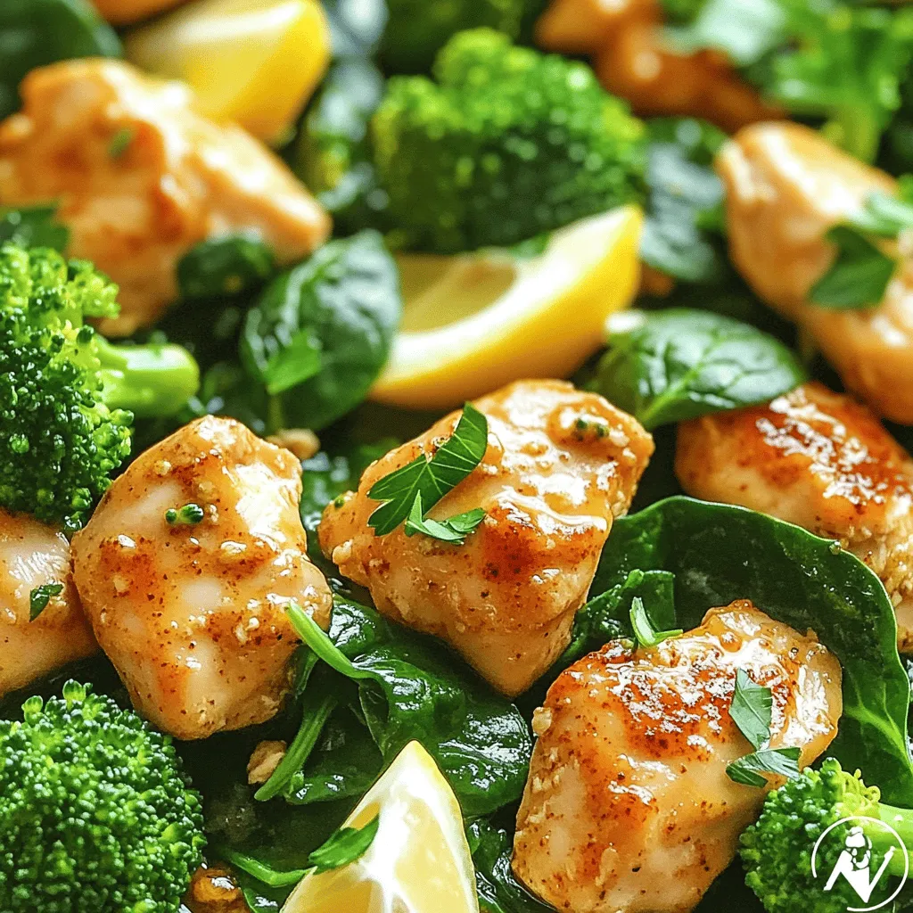 - 2 boneless, skinless chicken breasts - 3 cups fresh broccoli florets - 2 cups fresh spinach leaves - 4 cloves garlic, minced - 2 tablespoons olive oil - 1 tablespoon soy sauce - 1 teaspoon lemon juice - 1 teaspoon paprika - Salt and pepper to taste I use chicken breasts for this dish because they are lean and cook quickly. Broccoli and spinach add color and nutrition. Garlic gives a strong flavor that everyone loves. You can season with salt, pepper, and paprika for a nice kick. - Red pepper flakes for heat - Fresh parsley, chopped, for garnish If you like heat, add red pepper flakes. They give a nice kick to the meal. Fresh parsley brightens up the dish and adds a pop of color. For a bit of depth, you can add soy sauce and lemon juice, too. These flavors blend well with the chicken and veggies. For the full recipe, check out the detailed instructions. Cutting and seasoning chicken First, cut the chicken breasts into small, bite-sized pieces. This helps them cook quickly and evenly. Next, sprinkle salt, pepper, and paprika on the chicken. This adds flavor and color. Let the chicken sit for a few minutes to absorb the seasoning. Preparing broccoli and spinach While the chicken rests, wash the broccoli and cut it into florets. Make sure the pieces are not too big. Then, rinse the spinach leaves and shake off excess water. Both greens add nutrients and color to our dish. Sautéing chicken Heat one tablespoon of olive oil in a large skillet over medium heat. Once the oil is hot, add the seasoned chicken pieces. Cook for about 5-7 minutes, stirring often. You want the chicken to turn golden brown and be fully cooked. Once done, remove it from the skillet and set it aside. Stir-frying garlic, broccoli, and spinach In the same skillet, add another tablespoon of olive oil. Then, toss in the minced garlic. Sauté it for about 30 seconds until it smells great. Be careful not to burn it! Next, add the broccoli florets and stir-fry for 3-4 minutes. They should be bright green and just tender. After that, add the spinach and stir for 2 more minutes until it wilts. Adding cooked chicken back to the skillet Now, return the cooked chicken to the skillet. Pour in the soy sauce and lemon juice. Mix everything well to combine the flavors. Let it cook for another 2-3 minutes to heat through. Final seasoning adjustments Taste the dish and adjust the seasoning. You can add more salt, pepper, or even red pepper flakes for some heat. Once it’s just right, remove it from heat. For a touch of freshness, sprinkle chopped parsley on top before serving. This beautiful Garlic Chicken with Broccoli and Spinach is now ready to enjoy! For more details, check out the Full Recipe. To ensure your chicken is cooked perfectly, use a meat thermometer. The chicken should reach 165°F. This way, you avoid undercooking or overcooking. Cut the chicken into small pieces. Smaller pieces cook faster and more evenly. To keep broccoli bright green, do not overcook it. Stir-fry for only 3-4 minutes. A splash of cold water at the end can help. This stops the cooking process and preserves color. For plating ideas, serve the Garlic Chicken with Broccoli and Spinach on a large platter. This makes it look inviting. Drizzle some extra olive oil for shine. Add lemon wedges for a fresh touch. Complementary side dishes include rice or quinoa. They soak up the sauce well. A simple salad also pairs nicely. It adds a refreshing crunch to your meal. For the full recipe, check out the Garlic Chicken with Broccoli and Spinach Delight. {{image_2}} You can easily change the protein in this dish. Try using tofu or shrimp instead of chicken. Tofu gives a nice texture. Shrimp cooks quickly and adds great flavor. For veggies, feel free to swap in bell peppers or carrots. Bell peppers add sweetness and color. Carrots give a nice crunch and sweetness too. To make this dish even better, add fresh herbs like basil or thyme. These herbs bring a bright taste. You can also try spices like cumin or coriander for a new twist. Boosting umami flavor is simple. Add a splash of fish sauce or a sprinkle of nutritional yeast. These ingredients deepen the taste and make it richer. Enjoy experimenting with these swaps and enhancements! For the full recipe, check out the Garlic Chicken with Broccoli and Spinach Delight. To store leftovers, let your garlic chicken cool down first. This step keeps the moisture locked in. Once cooled, place it in an airtight container. You can keep it in the fridge for up to four days. If you want to store it longer, consider freezing it. It keeps well in the freezer for about three months. Just make sure to use a freezer-safe container. Label it with the date to track freshness. When it’s time to enjoy your leftovers, reheating is key. The best method is to use the stove. Simply place the chicken and veggies in a skillet over low heat. Add a splash of water or broth to help steam it. Stir occasionally until heated through. This keeps your dish juicy and tasty. You can also use the microwave, but be careful not to overcook it. Heat in short bursts, stirring in between, for the best results. Enjoy your meal just as much as the first time! Can I use frozen chicken or vegetables? Yes, you can use frozen chicken and vegetables. Just remember to thaw them first. Frozen veggies may cook faster, so keep an eye on them. What is the best way to make this dish spicy? To add spice, use red pepper flakes or a dash of hot sauce. You can adjust the amount to suit your taste. How do I make Garlic Chicken with Broccoli and Spinach gluten-free? To make it gluten-free, swap soy sauce for a gluten-free version. Check labels to ensure all ingredients are safe. What is the best way to prevent the chicken from drying out? Cook the chicken over medium heat. Don't overcook it; aim for 5-7 minutes until it's just done. This keeps it juicy. How can I easily prep this dish ahead of time? You can chop the chicken and veggies a day before. Store them in the fridge. This saves time when you're ready to cook. For the full recipe, follow the steps carefully to create a tasty meal. This blog post covered how to make a tasty Garlic Chicken with Broccoli and Spinach dish. We discussed key ingredients like chicken, veggies, and garlic. We shared step-by-step instructions on cooking and combining these ingredients. I also offered helpful tips for perfect cooking and tasty serving ideas. In the end, you can easily enjoy this dish in many ways. With a few ingredient swaps or extra spices, the flavors can shine. This meal is both healthy and satisfying. Happy cooking!