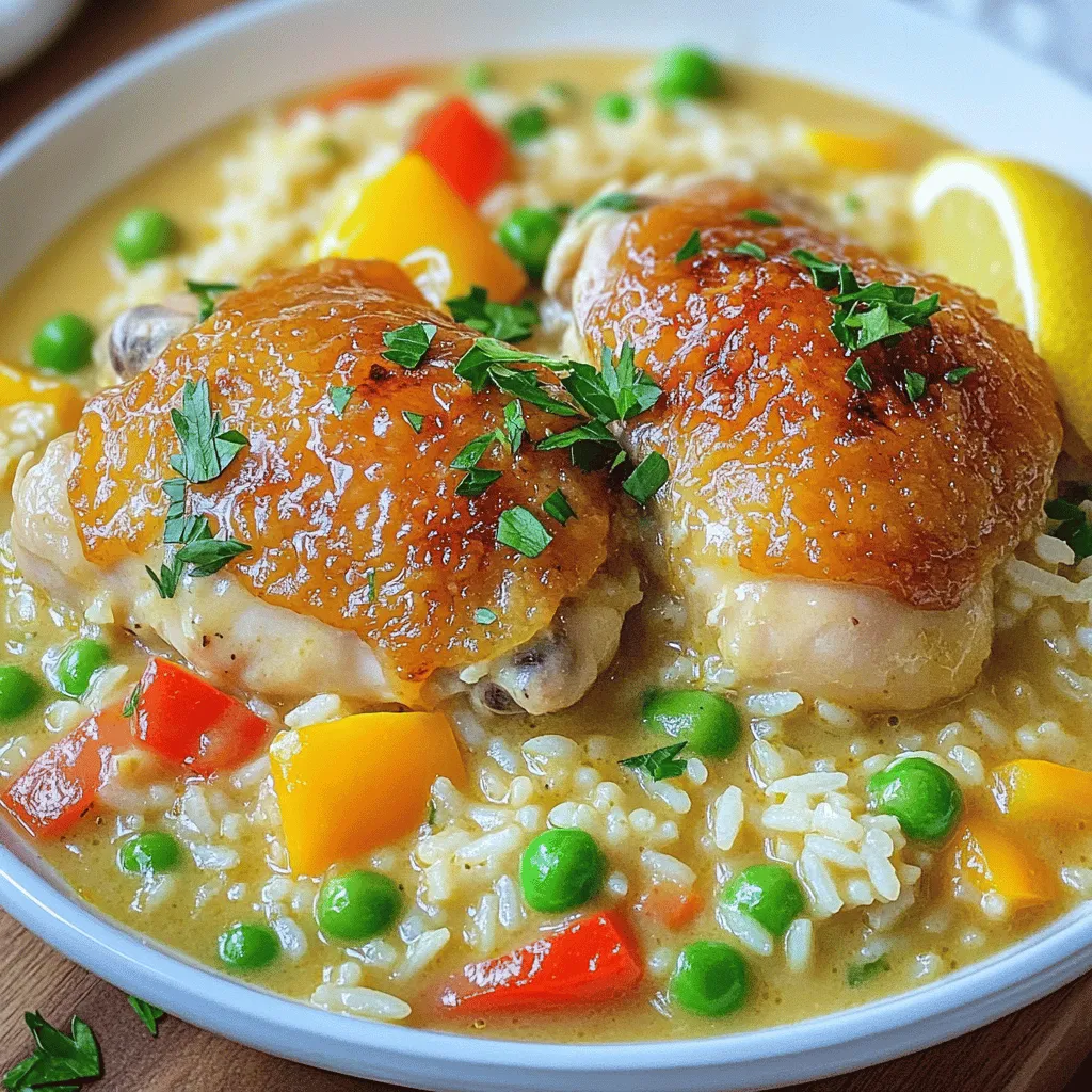 - 4 bone-in, skin-on chicken thighs - 1 cup long-grain rice - 2 tablespoons olive oil - 1 medium onion, diced - 2 cloves garlic, minced - 1 bell pepper (any color), diced - 2 cups chicken broth - 1 teaspoon paprika - 1 teaspoon dried thyme - 1 teaspoon black pepper - Salt to taste - 1 cup frozen peas and carrots mix - Fresh parsley, chopped (for garnish) In this recipe, you will find simple yet essential ingredients. The chicken thighs provide rich flavor. The rice acts as a comforting base that absorbs all the good juices. Olive oil helps to sear the chicken, locking in moisture. The vegetables add depth. Onions bring sweetness, while garlic gives a nice kick. Bell peppers add color and crunch. You can use any color pepper you like. Chicken broth is a key player. It adds richness and helps cook the rice perfectly. Spices like paprika, thyme, and black pepper boost the flavor. Salt is needed to balance everything. Lastly, the peas and carrots add color and nutrition. They are easy to use since they come frozen. The chopped parsley is for garnish. It adds a fresh touch to your dish. You can find the full recipe at the end of this article. - Heat olive oil in a large skillet over medium heat. - Sear chicken thighs until browned. Begin by heating your olive oil in a large skillet. Use medium heat to make sure the oil warms up nicely. Season your chicken thighs with salt, black pepper, and paprika. Place them skin-side down in the skillet. Sear the chicken for about 6 to 7 minutes. This gives it a nice, crispy skin. After that, flip the chicken and cook for another 5 minutes. Take the chicken out and set it aside. This step locks in lots of flavor. - Add onion, bell pepper, and garlic to the skillet. - Sauté until vegetables are soft. In the same skillet, add your diced onion, bell pepper, and minced garlic. The leftover oil and juices from the chicken will add great taste. Sauté these until they become soft. This usually takes about 5 minutes. You want to see the onions turn translucent. This mix makes your dish smell amazing. - Stir in rice and let it toast. - Pour in chicken broth, add seasonings, and place chicken on top. - Cover and simmer. Next, stir in the rice and let it toast for a minute or two. This helps the rice soak up the flavors. Pour in the chicken broth and add your dried thyme. Mix everything well and place the seared chicken thighs on top of the rice. Cover the skillet and let it simmer for 25 minutes. This allows the rice to cook and absorb all those tasty juices. - Add frozen peas and carrots and cover again. - Cook until rice is tender and chicken is cooked through. After 25 minutes, it’s time to add the frozen peas and carrots. Place them right on top of the chicken; don’t stir. Cover the skillet again and cook for another 5 minutes. This will steam the veggies and keep them bright. Check that the rice is tender and the chicken is cooked through. The internal temperature should reach 165°F. That’s it! You’ve made a comforting, hearty meal that is sure to please. For the full recipe, refer to the earlier section. - Ensure chicken reaches an internal temperature of 165°F. - Let the dish sit covered before serving for better flavor melding. Cooking chicken can be tricky, but a meat thermometer makes it easy. Insert it into the thickest part of the thigh. If it reads 165°F, your chicken is safe and juicy. Letting the dish rest before serving allows the flavors to mix well. It makes each bite taste better. - Experiment with spices like cayenne or Italian herbs. - Add a splash of lemon juice for brightness. To elevate your dish, try adding cayenne pepper for heat. Italian herbs can give it a nice herbal note. A splash of lemon juice adds brightness and balances the savory flavors. Just a little can make a big difference. - Serve in shallow bowls with a sprinkle of parsley. - Use fresh lemon wedges for color and flavor. Serving your dish can make it look special. Use shallow bowls to show off the chicken and rice. A sprinkle of fresh parsley adds a pop of color. Also, place a lemon wedge on the side for a fresh touch. It looks great and adds flavor. Want to make it even more special? Check out the Full Recipe for more tips! {{image_2}} When you make smothered chicken and rice, you can try many fun changes. These variations keep the meal exciting and tasty. - You can use boneless chicken thighs or breasts instead of bone-in. - For a vegetarian meal, consider tofu or seitan. They soak up flavors well. - Swap long-grain rice for brown rice for a nuttier taste. - Cauliflower rice works great too if you want a low-carb option. - Jasmine or basmati rice adds a unique flavor twist. - Add sweet corn or crunchy green beans to boost the nutrients. - For an earthy taste, toss in some mushrooms. They blend well with the dish. These variations make your smothered chicken and rice even more special. You can find the Full Recipe to get started! Store your leftover smothered chicken and rice in an airtight container. It stays fresh for up to 4 days. This way, you can enjoy it later without losing flavor. If you want to keep it longer, freeze the dish in individual portions. This method works well for up to 3 months. Just label the containers with the date before putting them in the freezer. To reheat, you can use a skillet or the microwave. In a skillet, add a splash of chicken broth to keep it moist. Heat until it gets warm throughout. If you use the microwave, heat it until it is hot. Enjoy your meal like it was just made! To check if the chicken is fully cooked, use a meat thermometer. The internal temperature should reach 165°F. This ensures the chicken is safe to eat and juicy. If you don't have a thermometer, cut into the chicken. The meat should be white, not pink. Yes, you can prepare Smothered Chicken and Rice ahead of time. Cook the dish, let it cool, and store it in the fridge. When you're ready to eat, simply reheat it. The flavors will deepen, making it even tastier. Smothered Chicken and Rice pairs well with a side salad or steamed vegetables. A fresh green salad adds crunch and brightness. Steamed vegetables like broccoli or green beans bring color and nutrition to your meal. They balance the rich flavors of the chicken and rice. For the full recipe, check out the details above. This blog post shared easy steps to make smothered chicken and rice. You learned about the key ingredients like chicken thighs, rice, and tasty veggies. Following my instructions, you can create a hearty meal that's full of flavor. Remember, you can swap ingredients to fit your taste. This meal is great for lunch or dinner. Make it ahead or enjoy it fresh. I hope you feel inspired to try this dish and get creative!