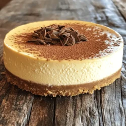 To make this creamy coffee cheesecake, you will need the following ingredients: - 1 ½ cups graham cracker crumbs - ½ cup unsalted butter, melted - 2 cups cream cheese, softened - 1 cup granulated sugar - 1 cup sour cream - 3 large eggs - ½ cup strong brewed coffee, cooled - 1 tablespoon instant coffee granules - 1 teaspoon vanilla extract - ½ teaspoon salt - Cocoa powder for dusting (optional) - Chocolate shavings for garnish (optional) Each ingredient has a specific role. If you want to change something, here are some ideas: - Graham cracker crumbs: You can use cookie crumbs or crushed nuts. - Unsalted butter: Coconut oil is a good substitute. - Cream cheese: Neufchâtel cheese works well for a lighter option. - Granulated sugar: You can sweeten with brown sugar or a sugar substitute. - Sour cream: Greek yogurt is a good swap for tanginess. - Strong brewed coffee: Use espresso for a bolder taste. - Instant coffee granules: You can leave it out if you prefer a milder flavor. Using good-quality ingredients makes a difference. Here are my favorites: - Graham cracker crumbs: Nabisco is a classic choice. - Cream cheese: Philadelphia brand is rich and creamy. - Granulated sugar: Domino sugar is reliable and widely available. - Instant coffee granules: I prefer Medaglia d'Oro for its strong flavor. - Cocoa powder: Ghirardelli is rich and adds depth. With these ingredients, you can create a delicious creamy coffee cheesecake that will impress anyone. Check out the Full Recipe to get started! To start, you need to prepare the crust. Grab a medium bowl and combine: - 1 ½ cups graham cracker crumbs - ½ cup unsalted butter, melted Mix these until they are well combined. Next, press this crumbly mixture firmly into the bottom of a 9-inch springform pan. Make sure it is even and packed tightly. This step is key to a sturdy crust. Now, let’s whip up the cheesecake filling. In a large mixing bowl, beat: - 2 cups cream cheese, softened Use an electric mixer to make it smooth. Slowly add in: - 1 cup granulated sugar Keep beating until fluffy. Then, mix in: - 1 cup sour cream Make sure everything is well combined. Next, add in the eggs one at a time, mixing well after each addition. In a separate cup, dissolve: - 1 tablespoon instant coffee granules in - ½ cup strong brewed coffee, cooled Now pour this coffee mixture into the cream cheese blend along with: - 1 teaspoon vanilla extract - ½ teaspoon salt Mix until everything is smooth and creamy. Pour the cheesecake filling over the prepared crust. Smooth the top with a spatula. Bake in a preheated oven at 325°F (160°C) for about 50 to 60 minutes. The center should be set but still slightly jiggly. Once done, turn off the oven and crack the door open. Let the cheesecake cool in the oven for about 1 hour. This helps prevent cracks. After cooling, transfer the cheesecake to the fridge. Chill for at least 4 hours or overnight for the best texture. Dust the top with cocoa powder and add chocolate shavings before serving, if you like. For the full recipe, check out the section above. Enjoy your creamy coffee cheesecake! To get that smooth, creamy texture, start with softened cream cheese. Cold cream cheese will not blend well. Use an electric mixer for best results. Beat it until it's fluffy and no lumps remain. Mixing in the sour cream adds richness and creaminess too. Make sure to incorporate each egg one at a time. This step helps keep your filling smooth. Cracks can ruin the look of your cheesecake. To avoid them, let the cheesecake cool slowly. After baking, turn off the oven and crack the door open. This lets the cheesecake cool down gradually. Chill the cheesecake in the fridge for at least four hours, or overnight. A longer chilling time helps it set and reduces cracking. When ready to serve, dust the top with cocoa powder. It adds a nice touch. Use a sharp knife to slice clean pieces. Garnish with chocolate shavings for extra flair. This makes your cheesecake look fancy. You can also pair it with whipped cream or fresh berries. These toppings add flavor and color, making your dessert even more tempting. For the full experience, check out the Full Recipe. {{image_2}} You can play with flavors for your cheesecake. A mocha flavor is a great choice. Just mix in some cocoa powder and more coffee. This adds a rich chocolate taste. If you prefer a classic twist, try vanilla. Simply replace the instant coffee with more vanilla extract. This makes a smooth and creamy dessert that everyone loves! While graham cracker crust is popular, you can switch it up. Try using Oreo cookies for a chocolatey base. Just crush them and mix with melted butter. You can also use almond flour for a gluten-free option. This gives a nutty flavor and works well with coffee. Toppings can make your cheesecake even better. Try adding nuts for crunch. Chopped walnuts or pecans work well. For fruit lovers, fresh berries are a nice touch. They add color and contrast. You can also drizzle caramel or chocolate sauce on top. This makes your cheesecake look fancy and taste divine! Check out the full recipe for more delicious ideas! To keep your creamy coffee cheesecake fresh, store it in the fridge. Use an airtight container or wrap it tightly with plastic wrap. This helps maintain its rich flavor and creamy texture. Always place it on a flat surface to avoid any damage. If you have leftovers, try to consume them within five days for the best taste. You can freeze this cheesecake for longer storage. First, let it cool completely and chill in the fridge. Then, wrap it tightly in plastic wrap. For added protection, place it in a freezer-safe container. This way, it can stay fresh for up to three months. When you're ready to eat, thaw it overnight in the fridge before serving. Reheating cheesecake isn't always necessary. If you enjoy it cold, serve it straight from the fridge. If you prefer it slightly warm, place a slice in the microwave for about 10-15 seconds. Keep a close eye on it to avoid overheating. Enjoy your cheesecake plain or with your favorite toppings! For the full recipe, check out the complete guide to making this delicious dessert. If your cheesecake cracks, don’t panic! You can hide cracks with toppings. Use whipped cream or a chocolate ganache. If cracks are deep, cover them with a layer of cocoa powder. This makes it look pretty while adding flavor. Yes, you can make this cheesecake a day in advance. Making it ahead helps the flavors blend well. Just store it in the fridge after it cools. It will taste even better the next day. If you don’t like coffee, try using strong brewed tea. Chai or matcha works well. For a sweet option, use chocolate milk instead. This gives you a rich flavor without coffee. Cheesecake can last about five days in the fridge. Keep it covered tightly to prevent drying out. If you don’t eat it all, you can freeze it for longer storage. Just thaw it in the fridge before serving. For the full recipe, check out the Creamy Coffee Cheesecake section above. In this blog post, I covered the key elements of making a great cheesecake. We started with the right ingredients and measurements, ensuring you can customize your dessert with ease. I shared step-by-step instructions for preparing the crust, filling, and the baking process. Tips for a creamy texture and avoiding cracks came next, along with variation ideas and storage tips. Remember, cheesecake is versatile and fun to make. Enjoy experimenting to find your perfect flavor and presentation! Happy baking!