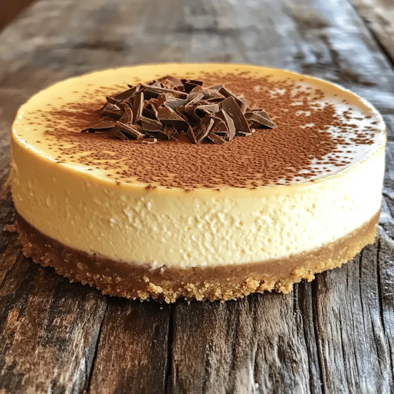 To make this creamy coffee cheesecake, you will need the following ingredients: - 1 ½ cups graham cracker crumbs - ½ cup unsalted butter, melted - 2 cups cream cheese, softened - 1 cup granulated sugar - 1 cup sour cream - 3 large eggs - ½ cup strong brewed coffee, cooled - 1 tablespoon instant coffee granules - 1 teaspoon vanilla extract - ½ teaspoon salt - Cocoa powder for dusting (optional) - Chocolate shavings for garnish (optional) Each ingredient has a specific role. If you want to change something, here are some ideas: - Graham cracker crumbs: You can use cookie crumbs or crushed nuts. - Unsalted butter: Coconut oil is a good substitute. - Cream cheese: Neufchâtel cheese works well for a lighter option. - Granulated sugar: You can sweeten with brown sugar or a sugar substitute. - Sour cream: Greek yogurt is a good swap for tanginess. - Strong brewed coffee: Use espresso for a bolder taste. - Instant coffee granules: You can leave it out if you prefer a milder flavor. Using good-quality ingredients makes a difference. Here are my favorites: - Graham cracker crumbs: Nabisco is a classic choice. - Cream cheese: Philadelphia brand is rich and creamy. - Granulated sugar: Domino sugar is reliable and widely available. - Instant coffee granules: I prefer Medaglia d'Oro for its strong flavor. - Cocoa powder: Ghirardelli is rich and adds depth. With these ingredients, you can create a delicious creamy coffee cheesecake that will impress anyone. Check out the Full Recipe to get started! To start, you need to prepare the crust. Grab a medium bowl and combine: - 1 ½ cups graham cracker crumbs - ½ cup unsalted butter, melted Mix these until they are well combined. Next, press this crumbly mixture firmly into the bottom of a 9-inch springform pan. Make sure it is even and packed tightly. This step is key to a sturdy crust. Now, let’s whip up the cheesecake filling. In a large mixing bowl, beat: - 2 cups cream cheese, softened Use an electric mixer to make it smooth. Slowly add in: - 1 cup granulated sugar Keep beating until fluffy. Then, mix in: - 1 cup sour cream Make sure everything is well combined. Next, add in the eggs one at a time, mixing well after each addition. In a separate cup, dissolve: - 1 tablespoon instant coffee granules in - ½ cup strong brewed coffee, cooled Now pour this coffee mixture into the cream cheese blend along with: - 1 teaspoon vanilla extract - ½ teaspoon salt Mix until everything is smooth and creamy. Pour the cheesecake filling over the prepared crust. Smooth the top with a spatula. Bake in a preheated oven at 325°F (160°C) for about 50 to 60 minutes. The center should be set but still slightly jiggly. Once done, turn off the oven and crack the door open. Let the cheesecake cool in the oven for about 1 hour. This helps prevent cracks. After cooling, transfer the cheesecake to the fridge. Chill for at least 4 hours or overnight for the best texture. Dust the top with cocoa powder and add chocolate shavings before serving, if you like. For the full recipe, check out the section above. Enjoy your creamy coffee cheesecake! To get that smooth, creamy texture, start with softened cream cheese. Cold cream cheese will not blend well. Use an electric mixer for best results. Beat it until it's fluffy and no lumps remain. Mixing in the sour cream adds richness and creaminess too. Make sure to incorporate each egg one at a time. This step helps keep your filling smooth. Cracks can ruin the look of your cheesecake. To avoid them, let the cheesecake cool slowly. After baking, turn off the oven and crack the door open. This lets the cheesecake cool down gradually. Chill the cheesecake in the fridge for at least four hours, or overnight. A longer chilling time helps it set and reduces cracking. When ready to serve, dust the top with cocoa powder. It adds a nice touch. Use a sharp knife to slice clean pieces. Garnish with chocolate shavings for extra flair. This makes your cheesecake look fancy. You can also pair it with whipped cream or fresh berries. These toppings add flavor and color, making your dessert even more tempting. For the full experience, check out the Full Recipe. {{image_2}} You can play with flavors for your cheesecake. A mocha flavor is a great choice. Just mix in some cocoa powder and more coffee. This adds a rich chocolate taste. If you prefer a classic twist, try vanilla. Simply replace the instant coffee with more vanilla extract. This makes a smooth and creamy dessert that everyone loves! While graham cracker crust is popular, you can switch it up. Try using Oreo cookies for a chocolatey base. Just crush them and mix with melted butter. You can also use almond flour for a gluten-free option. This gives a nutty flavor and works well with coffee. Toppings can make your cheesecake even better. Try adding nuts for crunch. Chopped walnuts or pecans work well. For fruit lovers, fresh berries are a nice touch. They add color and contrast. You can also drizzle caramel or chocolate sauce on top. This makes your cheesecake look fancy and taste divine! Check out the full recipe for more delicious ideas! To keep your creamy coffee cheesecake fresh, store it in the fridge. Use an airtight container or wrap it tightly with plastic wrap. This helps maintain its rich flavor and creamy texture. Always place it on a flat surface to avoid any damage. If you have leftovers, try to consume them within five days for the best taste. You can freeze this cheesecake for longer storage. First, let it cool completely and chill in the fridge. Then, wrap it tightly in plastic wrap. For added protection, place it in a freezer-safe container. This way, it can stay fresh for up to three months. When you're ready to eat, thaw it overnight in the fridge before serving. Reheating cheesecake isn't always necessary. If you enjoy it cold, serve it straight from the fridge. If you prefer it slightly warm, place a slice in the microwave for about 10-15 seconds. Keep a close eye on it to avoid overheating. Enjoy your cheesecake plain or with your favorite toppings! For the full recipe, check out the complete guide to making this delicious dessert. If your cheesecake cracks, don’t panic! You can hide cracks with toppings. Use whipped cream or a chocolate ganache. If cracks are deep, cover them with a layer of cocoa powder. This makes it look pretty while adding flavor. Yes, you can make this cheesecake a day in advance. Making it ahead helps the flavors blend well. Just store it in the fridge after it cools. It will taste even better the next day. If you don’t like coffee, try using strong brewed tea. Chai or matcha works well. For a sweet option, use chocolate milk instead. This gives you a rich flavor without coffee. Cheesecake can last about five days in the fridge. Keep it covered tightly to prevent drying out. If you don’t eat it all, you can freeze it for longer storage. Just thaw it in the fridge before serving. For the full recipe, check out the Creamy Coffee Cheesecake section above. In this blog post, I covered the key elements of making a great cheesecake. We started with the right ingredients and measurements, ensuring you can customize your dessert with ease. I shared step-by-step instructions for preparing the crust, filling, and the baking process. Tips for a creamy texture and avoiding cracks came next, along with variation ideas and storage tips. Remember, cheesecake is versatile and fun to make. Enjoy experimenting to find your perfect flavor and presentation! Happy baking!