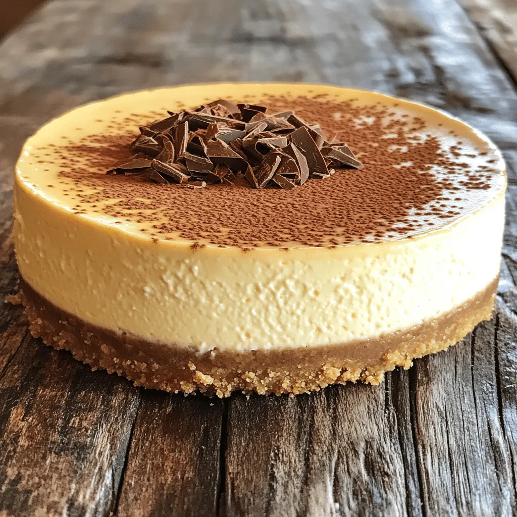 To make this creamy coffee cheesecake, you will need the following ingredients: - 1 ½ cups graham cracker crumbs - ½ cup unsalted butter, melted - 2 cups cream cheese, softened - 1 cup granulated sugar - 1 cup sour cream - 3 large eggs - ½ cup strong brewed coffee, cooled - 1 tablespoon instant coffee granules - 1 teaspoon vanilla extract - ½ teaspoon salt - Cocoa powder for dusting (optional) - Chocolate shavings for garnish (optional) Each ingredient has a specific role. If you want to change something, here are some ideas: - Graham cracker crumbs: You can use cookie crumbs or crushed nuts. - Unsalted butter: Coconut oil is a good substitute. - Cream cheese: Neufchâtel cheese works well for a lighter option. - Granulated sugar: You can sweeten with brown sugar or a sugar substitute. - Sour cream: Greek yogurt is a good swap for tanginess. - Strong brewed coffee: Use espresso for a bolder taste. - Instant coffee granules: You can leave it out if you prefer a milder flavor. Using good-quality ingredients makes a difference. Here are my favorites: - Graham cracker crumbs: Nabisco is a classic choice. - Cream cheese: Philadelphia brand is rich and creamy. - Granulated sugar: Domino sugar is reliable and widely available. - Instant coffee granules: I prefer Medaglia d'Oro for its strong flavor. - Cocoa powder: Ghirardelli is rich and adds depth. With these ingredients, you can create a delicious creamy coffee cheesecake that will impress anyone. Check out the Full Recipe to get started! To start, you need to prepare the crust. Grab a medium bowl and combine: - 1 ½ cups graham cracker crumbs - ½ cup unsalted butter, melted Mix these until they are well combined. Next, press this crumbly mixture firmly into the bottom of a 9-inch springform pan. Make sure it is even and packed tightly. This step is key to a sturdy crust. Now, let’s whip up the cheesecake filling. In a large mixing bowl, beat: - 2 cups cream cheese, softened Use an electric mixer to make it smooth. Slowly add in: - 1 cup granulated sugar Keep beating until fluffy. Then, mix in: - 1 cup sour cream Make sure everything is well combined. Next, add in the eggs one at a time, mixing well after each addition. In a separate cup, dissolve: - 1 tablespoon instant coffee granules in - ½ cup strong brewed coffee, cooled Now pour this coffee mixture into the cream cheese blend along with: - 1 teaspoon vanilla extract - ½ teaspoon salt Mix until everything is smooth and creamy. Pour the cheesecake filling over the prepared crust. Smooth the top with a spatula. Bake in a preheated oven at 325°F (160°C) for about 50 to 60 minutes. The center should be set but still slightly jiggly. Once done, turn off the oven and crack the door open. Let the cheesecake cool in the oven for about 1 hour. This helps prevent cracks. After cooling, transfer the cheesecake to the fridge. Chill for at least 4 hours or overnight for the best texture. Dust the top with cocoa powder and add chocolate shavings before serving, if you like. For the full recipe, check out the section above. Enjoy your creamy coffee cheesecake! To get that smooth, creamy texture, start with softened cream cheese. Cold cream cheese will not blend well. Use an electric mixer for best results. Beat it until it's fluffy and no lumps remain. Mixing in the sour cream adds richness and creaminess too. Make sure to incorporate each egg one at a time. This step helps keep your filling smooth. Cracks can ruin the look of your cheesecake. To avoid them, let the cheesecake cool slowly. After baking, turn off the oven and crack the door open. This lets the cheesecake cool down gradually. Chill the cheesecake in the fridge for at least four hours, or overnight. A longer chilling time helps it set and reduces cracking. When ready to serve, dust the top with cocoa powder. It adds a nice touch. Use a sharp knife to slice clean pieces. Garnish with chocolate shavings for extra flair. This makes your cheesecake look fancy. You can also pair it with whipped cream or fresh berries. These toppings add flavor and color, making your dessert even more tempting. For the full experience, check out the Full Recipe. {{image_2}} You can play with flavors for your cheesecake. A mocha flavor is a great choice. Just mix in some cocoa powder and more coffee. This adds a rich chocolate taste. If you prefer a classic twist, try vanilla. Simply replace the instant coffee with more vanilla extract. This makes a smooth and creamy dessert that everyone loves! While graham cracker crust is popular, you can switch it up. Try using Oreo cookies for a chocolatey base. Just crush them and mix with melted butter. You can also use almond flour for a gluten-free option. This gives a nutty flavor and works well with coffee. Toppings can make your cheesecake even better. Try adding nuts for crunch. Chopped walnuts or pecans work well. For fruit lovers, fresh berries are a nice touch. They add color and contrast. You can also drizzle caramel or chocolate sauce on top. This makes your cheesecake look fancy and taste divine! Check out the full recipe for more delicious ideas! To keep your creamy coffee cheesecake fresh, store it in the fridge. Use an airtight container or wrap it tightly with plastic wrap. This helps maintain its rich flavor and creamy texture. Always place it on a flat surface to avoid any damage. If you have leftovers, try to consume them within five days for the best taste. You can freeze this cheesecake for longer storage. First, let it cool completely and chill in the fridge. Then, wrap it tightly in plastic wrap. For added protection, place it in a freezer-safe container. This way, it can stay fresh for up to three months. When you're ready to eat, thaw it overnight in the fridge before serving. Reheating cheesecake isn't always necessary. If you enjoy it cold, serve it straight from the fridge. If you prefer it slightly warm, place a slice in the microwave for about 10-15 seconds. Keep a close eye on it to avoid overheating. Enjoy your cheesecake plain or with your favorite toppings! For the full recipe, check out the complete guide to making this delicious dessert. If your cheesecake cracks, don’t panic! You can hide cracks with toppings. Use whipped cream or a chocolate ganache. If cracks are deep, cover them with a layer of cocoa powder. This makes it look pretty while adding flavor. Yes, you can make this cheesecake a day in advance. Making it ahead helps the flavors blend well. Just store it in the fridge after it cools. It will taste even better the next day. If you don’t like coffee, try using strong brewed tea. Chai or matcha works well. For a sweet option, use chocolate milk instead. This gives you a rich flavor without coffee. Cheesecake can last about five days in the fridge. Keep it covered tightly to prevent drying out. If you don’t eat it all, you can freeze it for longer storage. Just thaw it in the fridge before serving. For the full recipe, check out the Creamy Coffee Cheesecake section above. In this blog post, I covered the key elements of making a great cheesecake. We started with the right ingredients and measurements, ensuring you can customize your dessert with ease. I shared step-by-step instructions for preparing the crust, filling, and the baking process. Tips for a creamy texture and avoiding cracks came next, along with variation ideas and storage tips. Remember, cheesecake is versatile and fun to make. Enjoy experimenting to find your perfect flavor and presentation! Happy baking!