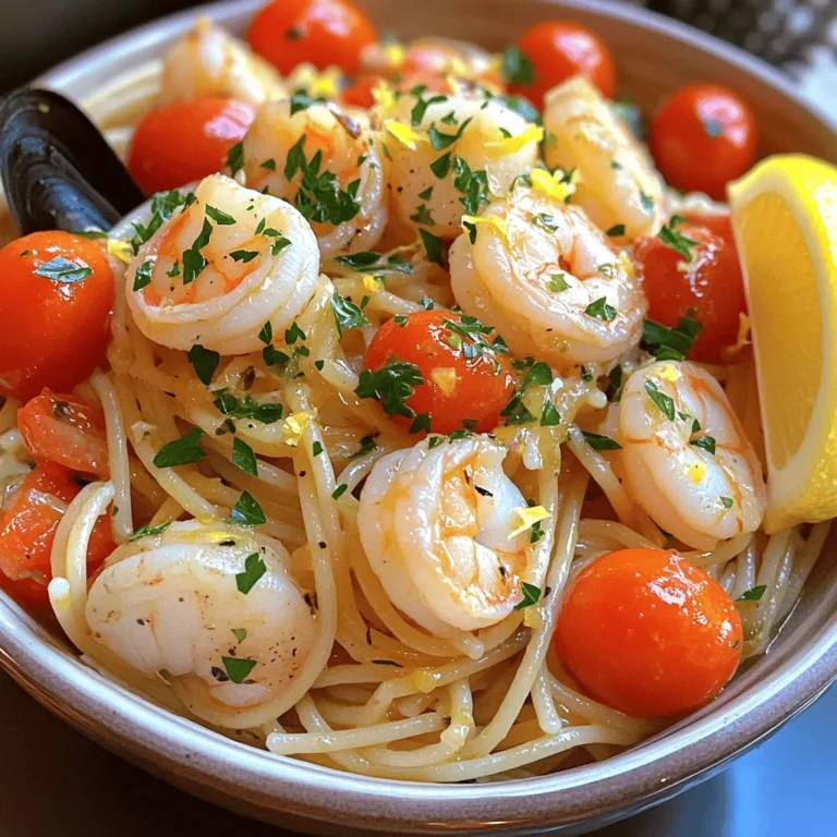 - 300g spaghetti or linguine - 200g mixed seafood (shrimp, scallops, mussels) - 4 cloves garlic, minced - 1 small onion, finely chopped - 3 tablespoons olive oil - 1 teaspoon red pepper flakes (optional) - 1 cup cherry tomatoes, halved - 1/2 cup fish or seafood stock - 2 tablespoons fresh parsley, chopped - Zest and juice of 1 lemon - Salt and pepper to taste - Grated Parmesan cheese for serving (optional) Gather these ingredients before you start. Fresh seafood makes a big difference. The garlic and onion give the dish its base flavor. Olive oil adds richness. Red pepper flakes can give a nice kick. You can skip them if you prefer mild flavors. Cherry tomatoes add sweetness and a pop of color. The seafood stock enhances the dish’s taste. Once you have everything ready, you can move on to cooking. For the full recipe, check out the detailed steps. It’s simple, quick, and packed with flavor. 1. Start by bringing a large pot of salted water to a boil. This step is key for flavor. 2. Add 300g of spaghetti or linguine to the boiling water. Cook it according to package instructions. You want it to be al dente, which means it should still have a little bite. 3. Once cooked, reserve 1 cup of pasta water. This water is useful for the sauce later. Drain the rest of the water. 1. In a large skillet over medium heat, pour in 3 tablespoons of olive oil. Let it heat up. 2. Add 1 small onion, finely chopped. Sauté it until softened, about 3-4 minutes. 3. Now, stir in 4 cloves of minced garlic and 1 teaspoon of red pepper flakes. Cook for another 1-2 minutes. Be careful not to burn the garlic, or it will taste bitter. 4. Next, add 200g of mixed seafood. This can include shrimp, scallops, and mussels. Cook for 3-4 minutes. Stir occasionally until the seafood turns opaque and is fully cooked. 1. Add 1 cup of halved cherry tomatoes and 1/2 cup of seafood stock to the skillet. Bring the mix to a simmer. Let it cook for 2-3 minutes, allowing the flavors to blend. 2. Toss in the cooked pasta. Mix everything well. If the sauce is too thick, add some reserved pasta water until it reaches your desired consistency. 3. Finally, stir in the zest and juice of 1 lemon, along with 2 tablespoons of chopped fresh parsley. Season with salt and pepper to taste. Using these steps, you can create a Seafood Pasta in Garlic Sauce that is both savory and easy to make. For the full recipe, check out the details provided earlier. To make your seafood pasta sing, start with fresh seafood. Look for shrimp that smell like the ocean, firm scallops, and shiny mussels. Fresh seafood makes a big difference in taste. Don't forget about pasta water. It’s not just salty; it’s packed with starch. This adds creaminess to your sauce. Reserve a cup before you drain the pasta. You can use it to adjust the sauce later. Serving is just as important as cooking. Use warm bowls to keep the dish nice and hot. This makes a big impact. Arrange the seafood nicely on top of the pasta for a beautiful look. Garnish with fresh parsley and a lemon wedge. The green adds color, and the lemon gives a fresh scent. This small touch makes your dish pop! One mistake to avoid is overcooking seafood. It can become rubbery and tough. Cook it just until it turns opaque. This keeps it tender and flavorful. Another mistake is burning garlic. Garlic can go from sweet to bitter quickly. Cook it on medium heat and watch closely. If it starts to brown, take it off the heat fast. For the full recipe, refer to the earlier section. {{image_2}} You can use many types of pasta for seafood pasta. Spaghetti and linguine are classic choices. But don't stop there! Fettuccine or penne also work well. Each pasta type brings its own texture and flavor. If you need a gluten-free option, try brown rice pasta or chickpea pasta. These alternatives taste great and keep the dish light. Feel free to mix up your seafood too. Crab or lobster adds a rich taste that many love. You can also combine shrimp with scallops and mussels for a seafood feast. This mix gives you layers of flavor and texture. If you’re adventurous, add clams or squid for extra variety. The key is to cook your seafood just right, so it remains tender and juicy. If you want to go vegan, it's easy to swap seafood for veggies. Try using zucchini, bell peppers, or mushrooms. These add delightful flavors and textures. For the sauce, you can use a mix of vegetable broth and olive oil. This keeps the dish rich and tasty. To give it a seafood-like flavor, add a touch of seaweed or nutritional yeast. You’ll still enjoy a delicious meal! For the full recipe, check out the Seafood Pasta Delight. Seafood pasta can last up to three days in the fridge. It's best to store it in an airtight container. I recommend using glass containers as they help keep flavors fresh. Make sure to let the pasta cool before sealing it. This helps prevent condensation, which can make the pasta soggy. To reheat seafood pasta without losing texture, use a skillet on low heat. Add a splash of water or broth to keep it moist. Stir gently until heated through, which usually takes about five minutes. You can also use a microwave. Heat in short bursts of 30 seconds, stirring in between. Yes, you can freeze seafood pasta! However, it’s best to freeze it without the sauce. For best results, store it in freezer-safe bags. Remove as much air as possible before sealing. When ready to eat, thaw it overnight in the fridge. Reheat in a skillet or microwave until hot. Yes, you can use frozen seafood. It offers convenience and saves time. Frozen seafood is often frozen soon after it is caught, keeping it fresh. However, it may lose some texture after thawing. Fresh seafood usually tastes better. If using frozen seafood, remember to thaw it in the fridge overnight. Drain any excess water before cooking. Pair seafood pasta with a simple green salad. A side of garlic bread also works well. You could add roasted vegetables for extra flavor. These sides complement the dish without overpowering it. A glass of white wine can enhance your meal, too. To control the oil, use less olive oil when cooking. Start with one tablespoon and add more if needed. You can also add more seafood stock or pasta water to thin the sauce. Balance the flavors with lemon juice and zest. This adds brightness without excess oil. Yes, seafood pasta is great for meal prep. Cook and store it in airtight containers. It lasts about three days in the fridge. Reheat gently to avoid overcooking the seafood. You can also prepare the sauce ahead of time. Just cook the pasta fresh when you are ready to eat. This seafood pasta dish is simple and tasty. We covered all the key ingredients and steps. You learned how to cook it perfectly and avoid common mistakes. The tips on enhancing flavor and presentation will impress anyone. We also explored storage and reheating options to keep leftovers fresh. Try making variations like gluten-free pasta or vegan options. With these tips, you can enjoy this dish many ways. Cooking seafood pasta can be fun and rewarding. You’ll impress your family and friends with delicious results. Enjoy your culinary journey!