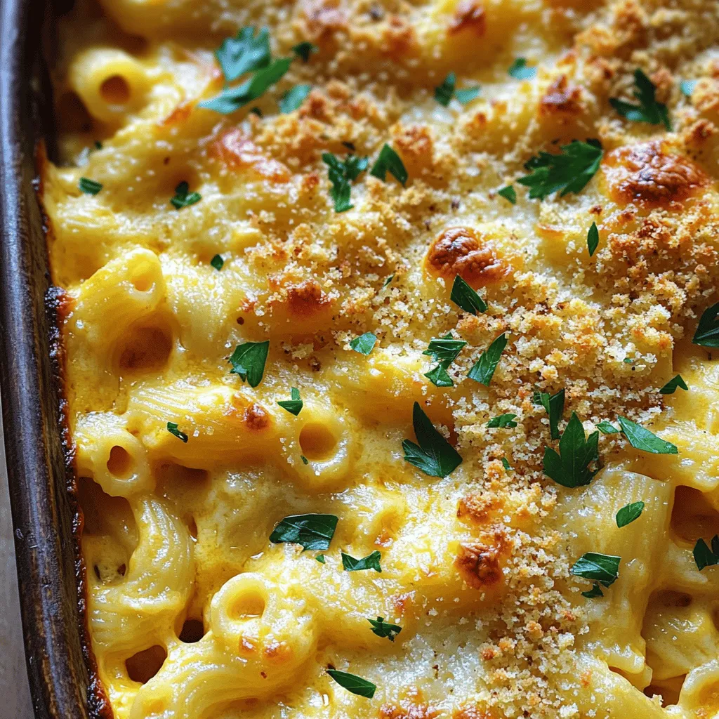 To make the best Extra Cheesy Baked Mac and Cheese, gather these ingredients: - 8 ounces elbow macaroni - 2 tablespoons unsalted butter - 2 tablespoons all-purpose flour - 2 cups whole milk - 1 cup sharp cheddar cheese, grated - 1 cup mozzarella cheese, grated - ½ cup grated Parmesan cheese - 1 teaspoon garlic powder - 1 teaspoon onion powder - Salt and pepper to taste - ½ cup breadcrumbs (optional for topping) - 2 tablespoons parsley, chopped (for garnish) These measurements serve about four to six people. You can adjust the cheese for more flavor. If you want a lighter dish, use low-fat milk. You can also swap elbow macaroni for any pasta shape you love. If you need gluten-free, use gluten-free pasta and flour. Choosing the right cheese makes a big difference. Always opt for block cheese and grate it yourself. Pre-grated cheese has anti-caking agents that can affect texture. For sharp cheddar, look for aged cheese; it packs more flavor. Fresh mozzarella should be soft and moist. Parmesan should be hard and crumbly; avoid pre-grated for better taste. A mix of cheeses gives depth to your mac and cheese, so try different types! Start by gathering your ingredients. You need: - 8 ounces elbow macaroni - 2 tablespoons unsalted butter - 2 tablespoons all-purpose flour - 2 cups whole milk - 1 cup sharp cheddar cheese, grated - 1 cup mozzarella cheese, grated - ½ cup grated Parmesan cheese - 1 teaspoon garlic powder - 1 teaspoon onion powder - Salt and pepper to taste - ½ cup breadcrumbs (optional for topping) - 2 tablespoons parsley, chopped (for garnish) First, preheat your oven to 350°F (175°C). Next, cook the elbow macaroni. Follow the package instructions until the pasta is al dente. Drain and set aside. In a large saucepan, melt the butter over medium heat. Once melted, whisk in the flour. Cook for about 2 minutes while stirring. This creates a roux, which thickens the sauce. Gradually pour in the milk while whisking. This helps avoid lumps. Keep stirring until the sauce thickens, about 5-7 minutes. Now, lower the heat and add the sharp cheddar, mozzarella, and Parmesan cheese. Stir until all the cheese melts and the sauce is smooth. Then, mix in the garlic powder, onion powder, salt, and pepper. Taste and adjust the seasonings if needed. Combine the cooked macaroni with the cheese sauce. Make sure all the pasta is coated well. Pour the macaroni and cheese mixture into a greased baking dish. If you like a crunchy topping, sprinkle breadcrumbs evenly on top. Bake in the preheated oven for 20-25 minutes. Look for a bubbly and golden brown top. Once done, take it out and let it cool for a few minutes. Finally, garnish with fresh parsley before serving. For the full recipe, refer to the earlier section. Enjoy your Extra Cheesy Baked Mac and Cheese! To keep your mac and cheese creamy, use whole milk. Whole milk has more fat than low-fat milk. You can also mix in cream cheese or sour cream. These add richness and keep it smooth. Make sure to stir the cheese into the sauce slowly. This helps melt it evenly. One mistake is overcooking the pasta. Cook it only until al dente. It will finish cooking in the oven. Another mistake is not enough cheese. Use a mix of sharp cheddar and mozzarella for the best flavor. Don’t forget to season well with salt and pepper. This step is key for taste. When reheating, add a splash of milk. This helps bring back creaminess. Use the oven for the best results. Cover the dish with foil to keep it moist. Heat at 350°F for about 15-20 minutes. Stir halfway through for even heating. Enjoy your mac and cheese just as delicious as before! {{image_2}} You can boost your mac and cheese by adding protein. Cooked chicken and crispy bacon add great flavor. For chicken, use diced grilled or rotisserie chicken. For bacon, cook until crispy, then crumble it on top. Each protein gives a tasty twist to the dish. You can even mix in cooked sausage or ham for a heartier meal. Just remember to adjust the cheese and seasonings as needed. Vegetables can add color and nutrients to your mac and cheese. Try adding steamed broccoli or spinach for a vibrant touch. Sautéed mushrooms or bell peppers also work well. You can even throw in some peas for a pop of sweetness. Just make sure to cook the veggies first for the best taste. This way, they mix well with the creamy cheese sauce. The cheese is what makes mac and cheese so special. While cheddar and mozzarella are classics, you can mix it up. Try gouda for a smoky flavor or fontina for extra creaminess. A bit of blue cheese can add a sharp kick too. Feel free to blend different cheeses for a unique taste. Just keep the total amount of cheese similar to the original recipe for the right texture. For the full recipe, check out the details above. To store your leftover mac and cheese, let it cool down. Use an airtight container. This helps keep it fresh and tasty. Place it in the fridge. It will stay good for about three to five days. You can also cover it tightly with plastic wrap. Just make sure it is sealed well to avoid drying out. If you want to keep mac and cheese longer, freezing is a great option. First, let it cool completely. Then, scoop it into freezer-safe containers. You can also use heavy-duty freezer bags. Squeeze out as much air as you can before sealing. It can last up to three months in the freezer. Label the bags with the date so you know when to use them. Reheating mac and cheese can be tricky. You want it creamy, not dry. The best way to reheat is in the oven. Preheat the oven to 350°F (175°C). Place the mac and cheese in an oven-safe dish. Add a splash of milk to keep it moist. Cover it with foil to heat evenly. Bake for about 20 minutes. You can also reheat it in the microwave. Use a microwave-safe bowl, adding a little milk. Heat in short bursts, stirring in between. This helps it stay creamy without getting rubbery. To make the perfect cheese sauce, start with a roux. Heat butter in a pan and add flour. Stir for about two minutes. Then, slowly add milk while whisking. This helps prevent lumps. Cook until the sauce thickens, about five to seven minutes. Next, add your cheese. I love using sharp cheddar and mozzarella for flavor. Stir until the cheese melts and the sauce is smooth. Remember to taste and season with salt and pepper. Yes, you can use different types of pasta! While elbow macaroni is classic, feel free to try penne or shells. These shapes hold cheese sauce well. Just make sure to cook the pasta until al dente. Overcooked pasta can become mushy in the oven. Extra Cheesy Baked Mac and Cheese pairs well with many sides. Consider a fresh green salad for crunch. Roasted vegetables also balance the richness. If you want protein, grilled chicken or crispy bacon works great too. Feel free to mix and match to suit your taste. For the full recipe, check out the detailed instructions above. Enjoy your cheesy delight! You now have the tools to make the best mac and cheese. We covered the ingredients, step-by-step methods, and tips to keep it creamy. You can also explore fun variations and proper storage methods. Remember, practice makes perfect. Don’t be afraid to experiment with proteins and veggies. With each attempt, you’ll make your own tasty twist. Enjoy your creamy, cheesy dish with family and friends. Your perfect mac and cheese awaits!