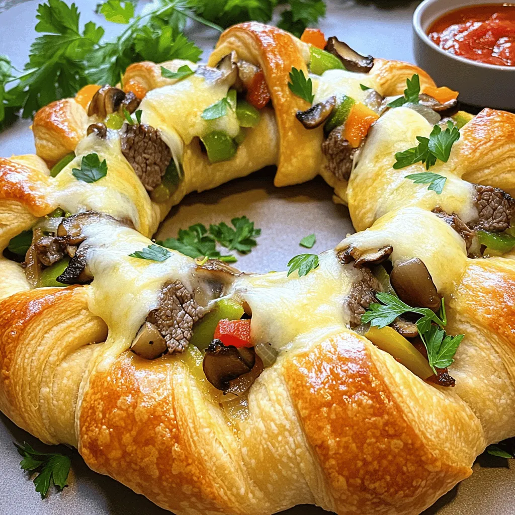 To make a tasty Philly Cheese Steak Crescent Ring, gather these key items: - 1 lb beef sirloin, thinly sliced - 1 tablespoon olive oil - 1 medium onion, sliced - 1 green bell pepper, sliced - 1 cup mushrooms, sliced - 2 cups shredded provolone cheese - 2 packages (8 oz each) refrigerated crescent dough - 1 teaspoon garlic powder - Salt and pepper to taste - 1 egg, beaten (for egg wash) These ingredients create a savory filling and a flaky crust. You’ll love the balance of flavors. To add more taste, consider these optional ingredients: - 1 teaspoon Worcestershire sauce - 1 tablespoon fresh parsley, chopped - Hot sauce for a spicy kick These additions can enhance the dish and give it a personal touch. Feel free to mix and match based on your family’s taste. If you need gluten-free options, look for gluten-free crescent dough. Many brands offer great choices. For dairy-free, switch the provolone with a dairy-free cheese. This way, everyone can enjoy the dish. Always check labels to ensure they fit your needs. Let me know if you want to dive into the full recipe! To make the Philly Cheese Steak Crescent Ring, start by gathering your ingredients. You will need: - 1 lb beef sirloin, thinly sliced - 1 tablespoon olive oil - 1 medium onion, sliced - 1 green bell pepper, sliced - 1 cup mushrooms, sliced - 2 cups shredded provolone cheese - 2 packages (8 oz each) refrigerated crescent dough - 1 teaspoon garlic powder - Salt and pepper to taste - 1 egg, beaten (for egg wash) This dish takes about 40 minutes from start to finish. You will spend 15 minutes prepping and 25 minutes cooking. 1. Preheat your oven to 375°F (190°C). This step is crucial for a good bake. 2. Heat the olive oil in a large skillet over medium-high heat. 3. Add the beef to the skillet. Cook until it browns, about 3-4 minutes. 4. Season the beef with garlic powder, salt, and pepper. Remove the beef and set it aside. 5. In the same skillet, add the onions, bell peppers, and mushrooms. Sauté until they are tender, about 5-7 minutes. 6. Return the beef to the skillet. Mix everything well and let the flavors blend. 1. Unroll the crescent dough on a large baking sheet. Shape it into a circle, overlapping the wide ends. 2. Spoon the beef and vegetable mixture into the center of the dough. Sprinkle the shredded provolone cheese over the top. 3. Fold the points of the crescent dough over the filling. Make sure to press them to secure the filling. 4. Brush the top with the beaten egg. This gives the ring a nice golden color. 5. Bake in the preheated oven for 20-25 minutes. Look for a golden brown color on the crescent dough. 6. Let it cool for a few minutes before slicing. Enjoy it warm with marinara sauce for dipping! For a complete guide, check the Full Recipe. To make your Philly Cheese Steak Crescent Ring shine, follow these tips: - Choose the Right Beef: Use lean beef sirloin for the best flavor. - Slice Thinly: Cut the beef into thin strips. This helps it cook evenly. - Sauté Well: Cook the veggies until soft and sweet. This adds depth to the dish. - Don’t Overfill: Be careful not to overstuff the crescent dough. It should fold easily. - Egg Wash: Brush the dough with an egg wash for a nice golden color. Avoid these pitfalls to ensure your dish turns out great: - Skipping Seasoning: Always season your beef and veggies well. It boosts the flavor. - Not Preheating: Make sure your oven is hot before baking. This helps the dough rise. - Ignoring Cooling Time: Let it cool a bit before slicing. This keeps the filling from spilling out. - Using Cold Ingredients: Let your cheese come to room temperature for better melting. Pair your Philly Cheese Steak Crescent Ring with fun sides: - Marinara Sauce: Serve warm marinara for dipping. It adds a tasty twist. - Fresh Salad: A light salad balances the richness of the dish. - Chips or Fries: Crunchy sides like chips or fries are a hit with kids. - Beer or Soda: Cold drinks make this meal feel special. For a full recipe, check out the details above! {{image_2}} You can easily make a vegetarian version of the Philly Cheese Steak Crescent Ring. Swap the beef with a mix of hearty vegetables. Use ingredients like zucchini, eggplant, and spinach. Tofu or tempeh also works well for added protein. You can season these veggies with garlic powder and salt to keep that flavor. This keeps the dish tasty and filling without meat. Adding spices and sauces can boost flavor in your crescent ring. Try adding some smoked paprika for a hint of smokiness. A dash of cayenne adds heat if you like spice. For sauces, consider using Worcestershire sauce or soy sauce in the meat mixture. Drizzling some ranch or barbecue sauce on top before baking can add an extra layer of taste. While provolone cheese is classic, you can mix it up with other cheeses. Try using mozzarella for a milder taste. Cheddar adds a sharp flavor that many enjoy. For a rich twist, consider using blue cheese or gouda. Combining different cheeses can create a unique flavor. Be creative and find what you love best! To keep your Philly Cheese Steak Crescent Ring fresh, let it cool first. Place leftover slices in an airtight container. You can store it in the fridge for up to 3 days. This way, you can enjoy it later without losing flavor. When you want to eat the leftovers, preheat your oven to 350°F (175°C). Place the slices on a baking sheet. Cover them with foil to keep them moist. Bake for about 10-15 minutes. You can also use the microwave, but the oven gives a better texture. If you want to keep it longer, freezing works well. Wrap each slice in plastic wrap. Then, place them in a freezer bag. You can freeze it for up to 2 months. When ready to eat, thaw it in the fridge overnight and reheat as mentioned. For the full recipe, check the earlier section. To make dough from scratch, you need simple ingredients. Start with flour, yeast, salt, and warm water. Mix them to form a dough. Knead it until smooth. Let it rise for about one hour. Roll it out to the same size as crescent rolls. This dough will work well for your Philly Cheese Steak Crescent Ring. It adds a homemade touch that many people love. Yes, you can use other meats. Chicken, pork, or turkey all make great options. Just slice them thinly like the beef. If you prefer a healthier choice, lean ground turkey works too. Each meat will give a different taste, so choose what you like best. You can also use plant-based meat for a vegetarian option. The best dipping sauces include marinara, ranch, or cheese sauce. Marinara gives a nice tomato flavor. Ranch adds cool creaminess. Cheese sauce brings a rich taste that pairs well with the meat. Try different sauces to find your favorite. You can even mix sauces for a fun flavor twist. This blog post explored making a Philly Cheese Steak Crescent Ring. We covered the key ingredients, including optional ones for extra flavor and dietary options. I shared step-by-step instructions, tips for success, and variations for different tastes. Lastly, I provided storage tips and answered common questions to help you create the best dish. Enjoy trying this recipe, and don’t hesitate to be creative. Cooking should be fun!