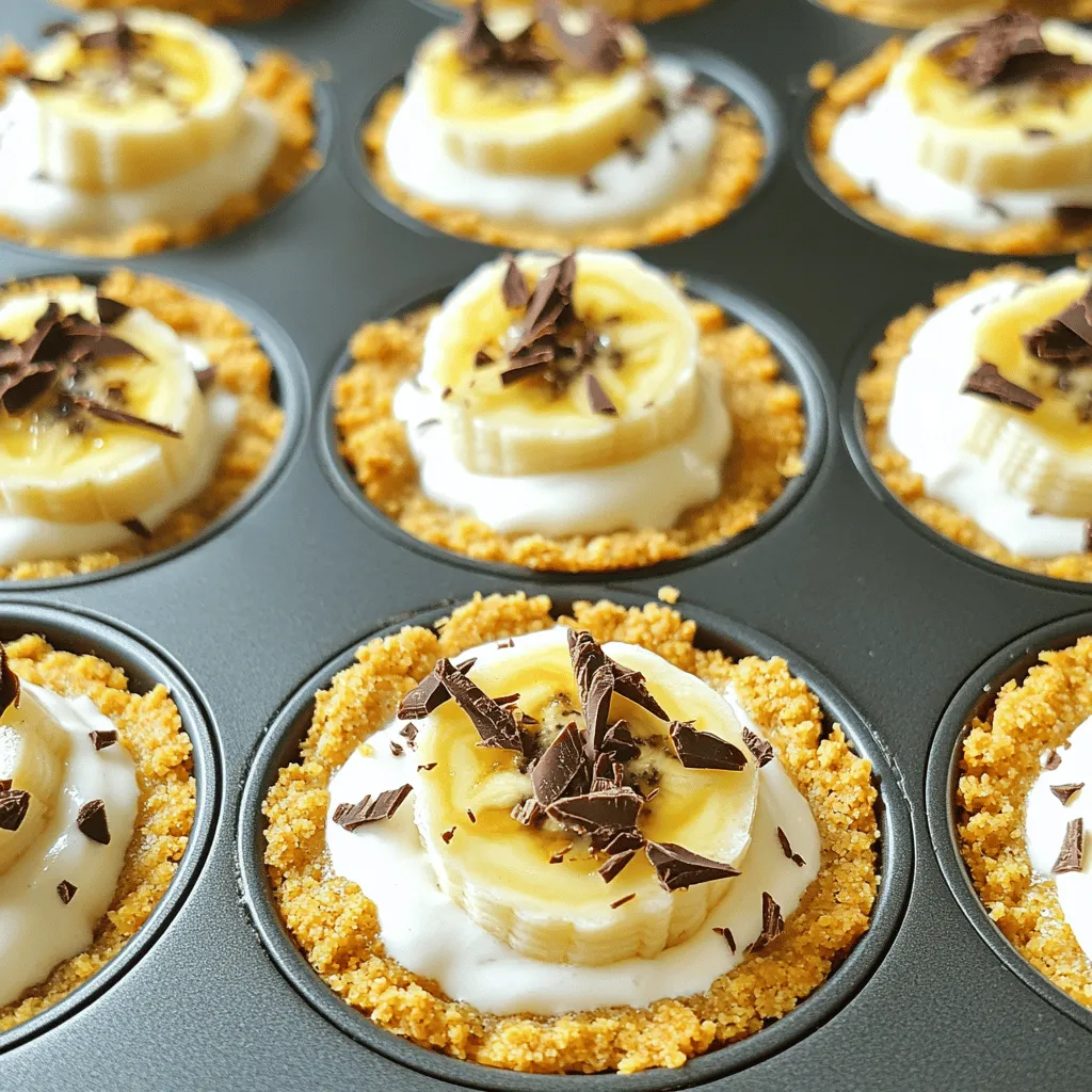 - 1 cup graham cracker crumbs - 1/4 cup sugar - 1/2 cup unsalted butter, melted - 1 (8 oz) package cream cheese, softened - 1 cup powdered sugar - 1 teaspoon vanilla extract - 1 cup heavy whipping cream - 2 ripe bananas, sliced - 1/4 cup chocolate shavings or cocoa powder for garnish - If you want a different crust, use crushed cookies or nuts instead of graham cracker crumbs. - For sugar, you can swap in honey or maple syrup for a healthier twist. - If you need a dairy-free option, use a plant-based cream cheese. To start, you will make the graham cracker crust. Take a medium bowl and mix 1 cup of graham cracker crumbs, 1/4 cup of sugar, and 1/2 cup of melted unsalted butter. Stir until it looks like wet sand. This is the base for your mini pies. Next, grab a mini muffin tin. Take the crumb mixture and press it into the bottom and up the sides of each cup. Make sure it's even. Place the tin in the refrigerator for about 30 minutes. This helps the crust set nicely. Now, let’s make the cream cheese filling. In a mixing bowl, beat 1 (8 oz) package of softened cream cheese with 1 cup of powdered sugar and 1 teaspoon of vanilla extract. Mix until it is smooth and creamy. In another bowl, whip 1 cup of heavy cream until you see soft peaks. Gently fold this whipped cream into your cream cheese mixture. This makes it light and fluffy, which is perfect for your pies. Once the crusts are set, it’s time to layer the bananas. Take 2 ripe bananas and slice them. Place a layer of these banana slices at the bottom of each crust. Now, fill each mini pie with the cream cheese mixture. Spoon it in until it reaches the top. For the final touch, you can garnish your pies. Use 1/4 cup of chocolate shavings or a dusting of cocoa powder. This adds a nice look and flavor. After assembling, refrigerate the mini pies for 1 to 2 hours. This ensures they taste their best. If you want the full recipe, check the Full Recipe section. To whip cream well, start with cold tools. Use a chilled bowl and beaters. Whip on medium speed until soft peaks form. Don't over-whip; it can turn buttery. For a smooth filling, beat cream cheese first. Combine it with powdered sugar until it's fluffy. Then, gently fold in whipped cream. This keeps the mix light and airy. Mini banana cream pies pair well with coffee or tea. The sweetness works great with a dark brew. For a fancy touch, use clear cups for serving. Layer the pie to show off the filling and bananas. Add a sprig of mint on top for color. This small detail impresses guests. Prep components ahead of time. You can make the crust and filling a day early. Store them separately in the fridge. If you’re short on time, use store-bought crusts. They save time without losing flavor. Just fill them with the cream cheese mixture and add bananas. {{image_2}} You can easily switch up the flavors in these mini pies. Adding peanut butter or chocolate can give a rich twist. Just mix in a bit of peanut butter with the cream cheese filling. If you prefer chocolate, stir in some cocoa powder or melted chocolate. Both options enhance the flavor while keeping it simple. Incorporating other fruits is another fun way to vary this recipe. You can add berries, mango, or even pineapple. Just slice the fruit thinly and layer it with the bananas. This not only changes the taste but also adds color to your pies. If you follow a keto diet, you can make some easy changes. Use almond flour instead of graham cracker crumbs. Substitute the sugar with a keto-friendly sweetener. This keeps the pie low in carbs but still delicious. For vegan options, swap the cream cheese for a plant-based version. Coconut cream can replace heavy whipping cream. Make sure to use a vegan butter for the crust. These changes make the recipe friendly for those who avoid animal products. You can adjust the size of your pies based on your needs. To make larger pies, use a regular pie dish instead of a mini muffin tin. Just keep an eye on the setting time in the fridge. For events or parties, making miniature sizes is a great idea. You can use a smaller muffin tin or even shot glasses. This makes serving easy and fun for guests. Everyone loves a small treat! To keep your mini banana cream pies fresh, store them in the fridge. Place them in an airtight container. They will stay fresh for about 3 days. The colder temperature helps maintain their creamy texture. Yes, you can freeze these mini pies. To freeze them, wrap each pie tightly in plastic wrap. Place them in a freezer-safe bag or container. They can last up to 2 months in the freezer without losing flavor. To thaw frozen pies, take them out and place them in the fridge overnight. This method helps keep their texture smooth. Avoid thawing them at room temperature, as this can make them soggy. Enjoy them chilled for the best taste! Yes, you can try other crusts! If you want a gluten-free option, use almond flour or gluten-free graham crackers. For a cookie crust, crushed Oreos work well too. You can even use crushed nuts mixed with butter for a crunchy base. Each crust brings a unique taste and texture to the mini pies. Mini pies should not sit out for more than two hours. After that, they can spoil. Always keep them cool, especially on warm days. If you are serving them at a party, keep them in the fridge until it's time to eat. This keeps them fresh and safe for your guests. You can garnish these mini pies in fun ways. Try topping them with whipped cream for a classic look. Adding chocolate shavings gives a nice touch, too. You could also use fresh banana slices or a sprinkle of cinnamon. Get creative! Your garnish can add flavor and make the pies look even more tempting. In this post, I shared a simple recipe for delicious mini pies. We covered essential ingredients, like graham crackers and cream cheese, along with helpful substitutions. The step-by-step instructions made pie making easy. I also included tips for texture and serving. Consider all the fun variations you can try. Remember, you can store leftovers in the fridge or freezer. With this knowledge, you can impress friends and family. Now go ahead, create delightful mini pies, and enjoy the smiles they bring!