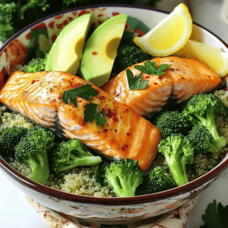 - 2 salmon fillets - 4 cups broccoli florets - 1 cup quinoa, rinsed - 2 tablespoons olive oil - 2 cloves garlic, minced - 1 teaspoon lemon zest - Juice of 1 lemon - Salt and pepper to taste - 1/4 teaspoon red pepper flakes (optional) - 1 avocado, sliced - Fresh parsley, chopped, for garnish This salmon broccoli bowl is not just tasty, it’s packed with good nutrients. Salmon is rich in omega-3 fatty acids. These help your heart and brain. Broccoli is full of vitamins C and K, which boost your immune system. Quinoa adds protein and fiber, keeping you full longer. Avocado provides healthy fats, making this meal balanced and satisfying. You can swap out salmon for chicken or tofu. Both will still taste great. If you don’t like broccoli, try green beans or spinach instead. You can also use brown rice instead of quinoa for more fiber. For a vegan option, skip the salmon and add chickpeas for protein. This flexibility makes it easy to adjust the bowl to your taste. For the full recipe, check out the Salmon & Broccoli Power Bowl 🥦. To cook quinoa, start by boiling 2 cups of water in a medium pot. Add 1 cup of rinsed quinoa and a pinch of salt. Cover the pot and lower the heat. Let it simmer for about 15 minutes. When the water absorbs, remove the pot from the heat. Let it sit for 5 minutes. Fluff the quinoa with a fork before serving. This step gives you a light and fluffy base for your bowl. While your quinoa is cooking, it’s time for the broccoli. You can choose to steam or sauté the 4 cups of broccoli florets. If you steam, place them in a pot over boiling water for about 5 minutes. If you sauté, add a splash of water to a pan over medium heat. Cook until the broccoli turns bright green and tender. Season with salt and pepper to taste. This adds a fresh crunch to your meal. For the salmon, heat 2 tablespoons of olive oil in a large skillet over medium-high heat. Add 2 minced garlic cloves and sauté for about 30 seconds. Season the 2 salmon fillets with salt, pepper, and red pepper flakes if you like some heat. Place the salmon skin-side down in the skillet. Cook for 5-6 minutes, then flip carefully. Cook for another 3-4 minutes until it flakes easily with a fork. In the last minute, add lemon zest and a squeeze of lemon juice for flavor. Now, let’s put it all together! In each bowl, start with a base of fluffy quinoa. Top it with the steamed broccoli. Place a piece of cooked salmon on top. Add a few slices of fresh avocado for creaminess. Drizzle any leftover lemon juice over the top. Finally, garnish with chopped fresh parsley for color. This creates a beautiful, healthy meal that is satisfying and packed with flavor. To cook salmon just right, start with fresh fillets. Heat your skillet on medium-high. Use olive oil for a nice sear. Place the salmon skin-side down. Cook it for 5 to 6 minutes without moving it. This helps the skin get crispy. Then, flip it gently and cook for another 3 to 4 minutes. When done, the salmon should flake easily with a fork. For extra flavor, add lemon zest and juice at the end. Steaming broccoli keeps it bright and crunchy. Use a pot with a steamer insert. Add a little water and cover it. Steam for about 5 minutes until it’s vibrant green. Sautéing is another good choice. Heat a splash of water or oil in a pan. Add broccoli florets and cook until they're tender. Both methods keep the nutrients. Choose what you like best based on your time and taste. Want to boost flavor? Try adding garlic when cooking the salmon. You can also sprinkle red pepper flakes for a kick. For a creamy touch, add avocado. Fresh herbs like parsley add color and taste. Drizzle with more lemon juice before serving for brightness. These small changes make a big difference in taste. For the full recipe, check out the Salmon & Broccoli Power Bowl. {{image_2}} You can swap out salmon for other proteins. Chicken or shrimp works great. Both are easy to cook and full of flavor. For chicken, grill or bake it with the same seasonings. If you choose shrimp, sauté them in the pan for just a few minutes. They cook fast and taste amazing. Want a meat-free option? Use chickpeas or tofu instead of salmon. For chickpeas, just rinse a can and toss them in with the garlic. For tofu, press it to remove water, then cube and sauté it until golden. Both options add protein and texture while keeping the dish satisfying. Quinoa is fantastic, but it’s not the only choice. Brown rice or farro can change the flavor. If you want a gluten-free option, try cauliflower rice. It cooks quickly and adds a nice crunch. Each grain brings its own unique taste and texture to the bowl, making it fun to experiment. For the complete recipe, check out the Full Recipe section. Store any leftover salmon broccoli bowl in an airtight container. This keeps the flavors fresh. Allow the bowl to cool to room temperature before sealing it. You can keep it in the fridge for up to three days. If you want to enjoy it later, consider the next steps. Reheat your salmon broccoli bowl in the microwave. Place it in a microwave-safe dish and cover it. Heat for about 1-2 minutes. Check to see if it's warm throughout. Stir halfway for even heating. You can also reheat it in a skillet. Use medium heat and add a splash of water to prevent sticking. This method helps keep the salmon juicy. You can freeze the salmon broccoli bowl if you have extra. First, let it cool completely. Then, place it in a freezer-safe container. Make sure to leave some space for expansion. Label the container with the date. You can freeze it for up to three months. When ready to eat, thaw it overnight in the fridge before reheating. Enjoy this healthy meal even later! For the full recipe, check out the details above. You can serve many tasty sides with your Salmon Broccoli Bowl. Try adding some brown rice or a fresh salad. A light vinaigrette on the salad can balance the dish well. You may also enjoy a slice of whole-grain bread or a fruit salad for a sweet touch. These options add color and flavor to your meal. Yes, you can meal prep this Salmon Broccoli Bowl. Cook all the ingredients in advance and store them separately. Keep the quinoa, broccoli, and salmon in airtight containers. When you’re ready to eat, just reheat them. This meal stays fresh in the fridge for up to three days. It makes for a quick and healthy lunch or dinner. To make this recipe gluten-free, focus on the ingredients. Quinoa is already gluten-free, which is great. Ensure that any additional sauces or seasonings you use are free from gluten. You can also swap out any soy sauce with a gluten-free version. This way, you enjoy a safe and delicious meal. Adding more vegetables is easy! You can mix in bell peppers, carrots, or snap peas. These veggies cook quickly and add crunch. You can also toss in some spinach or kale for extra nutrients. Sauté or steam the vegetables with the broccoli for a colorful and healthy bowl. The more, the merrier! You learned about a healthy Salmon Broccoli Bowl. We covered the key ingredients and their benefits, along with substitutions. I provided step-by-step cooking instructions, tips for perfecting each item, and creative variations. We also discussed how to store leftovers and reheating tips. Got questions? Check the FAQs section for quick answers. This dish is flexible and easy to make. Enjoy cooking and eating this nutritious meal!