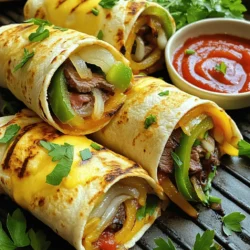 - 2 large flour tortillas - 1/2 pound ribeye steak, thinly sliced - 1 medium onion, sliced - 1 green bell pepper, sliced - 1 cup provolone cheese, shredded - 1 tablespoon olive oil - 1 tablespoon Worcestershire sauce (or soy sauce) - Salt and pepper to taste - Cooking spray or additional olive oil for grilling When I cook, I focus on quality ingredients. This makes a big difference in flavor. For these crispy Philly cheesesteak grilled wraps, you want fresh items. The ribeye steak is key. It should be thinly sliced for tenderness. The onions and bell peppers add sweetness when cooked. They should always be sliced evenly to cook well. Provolone cheese is my favorite choice because it melts beautifully. Olive oil adds richness to the filling. Worcestershire sauce gives a savory boost. You can swap it with soy sauce if you prefer. Don't forget salt and pepper; they enhance all the flavors. Cooking spray helps keep the wraps from sticking to the grill. Use a light coat of oil for that crispy texture. For a full recipe, check the section above. Enjoy every bite of these tasty wraps! To start, heat 1 tablespoon of olive oil in a skillet over medium heat. Add sliced onions and bell peppers. Sauté them for about 5-7 minutes. You want them to become tender and slightly caramelized. This adds a sweet flavor to your wraps. Once done, set them aside on a plate. Next, use the same skillet. Add 1/2 pound of thinly sliced ribeye steak. Brown the steak for about 3-4 minutes. Stir frequently so it cooks evenly. Once it turns brown, pour in 1 tablespoon of Worcestershire sauce. Add salt and pepper to taste. Mix well. Then, add the caramelized onions and bell peppers back into the skillet. Stir everything together until combined. Now it’s time to layer your filling. Take a large flour tortilla and lay it flat on a clean surface. In the center, spread half of the steak and veggie mixture. Make sure not to overfill. Sprinkle half of the shredded provolone cheese on top. Next, fold the sides of the tortilla inward. Roll it up tightly from the bottom. Repeat this with the second tortilla and the rest of your filling. Preheat your grill pan on medium heat. Lightly spray or brush the grill with oil. Place the wraps seam-side down on the grill. Cook for 3-4 minutes on each side. You want them golden brown and crispy. The cheese should be melted inside. Once cooked, remove them from the grill. Let them cool slightly before slicing in half. For full details on this delicious recipe, check the Full Recipe section. To get the best crispiness, heat your grill to medium. A hot grill helps brown the wraps quickly. Oiling the grill is key, too. A light coat prevents sticking and promotes that golden crunch. For extra flavor, try adding garlic powder or smoked paprika to your meat mix. These enhance the taste without overpowering. Provolone cheese is great, but other cheeses like cheddar or pepper jack also work well. They add different flavors and melt nicely. Serve your wraps with tasty dips like marinara or ranch dressing. They add a nice contrast to the savory wraps. Pair them with a fresh salad or sweet potato fries for a complete meal. You can also add pickles for a crunchy bite. Enjoying these wraps becomes even better with the right sides! {{image_2}} You can swap ribeye steak for chicken or turkey. Chicken works great when thinly sliced. Turkey offers a leaner option. Both will still taste amazing! For vegetarian fillings, use mushrooms, eggplant, or a mix of hearty vegetables. You can also try tofu for a plant-based protein. Provolone is classic, but you can try other cheeses too. Cheddar gives a sharp taste. Mozzarella offers a creamy texture, while pepper jack adds a spicy kick. If you prefer vegan options, look for vegan cheese. Many brands melt well and taste great in wraps. Flour tortillas are tasty, but you can explore other options. Whole wheat tortillas add fiber and a nutty flavor. Spinach tortillas look colorful and add nutrients. For gluten-free diets, use corn tortillas or gluten-free wraps. Each choice gives a unique twist to your meal. To store leftovers of your crispy Philly cheesesteak grilled wraps properly, first let them cool. Then wrap each one tightly in plastic wrap or foil. You can also use an airtight container for better freshness. Glass or plastic containers work well. Make sure to label the container with the date. This helps you know when to use them. For freezing wraps, let them cool completely. Wrap each one in plastic wrap. Then, place them in a freezer-safe bag or container. Try to remove as much air as possible. To reheat, take a wrap out of the freezer and let it thaw in the fridge overnight. Heat it in a skillet over medium heat until warm. This keeps the wrap crispy. In the fridge, these wraps last up to three days. If you freeze them, they can last up to three months. Look for signs of spoilage. If the wrap smells off or looks dry, it’s best to toss it. Eating fresh wraps always tastes better! For the complete recipe, check the Full Recipe section. To keep your wraps crispy, follow these tips: - Use low moisture ingredients. Avoid watery veggies. - Grill at the right temperature. Medium heat works best. - Don’t overfill your wraps. This prevents sogginess. - Use oil wisely. Brush the outside of the wraps with oil. These methods help create a delicious crunch every time. Yes, you can make these wraps ahead of time. Here are some tips: - Prep the filling in advance. Store it in the fridge. - Assemble wraps before serving. Wrap them tightly in foil. - Reheat on a grill or skillet. This keeps them crispy. Making them early saves time and still tastes great. Here are some tasty sides and drinks to pair: - French fries or sweet potato fries for a classic touch. - A fresh salad for a light option. - Marinara or ranch dressing for dipping. - Iced tea or soda to wash it down. These options make the meal more enjoyable. Absolutely! Customizing is fun and easy. Consider these ideas: - Change the meat. Use chicken or turkey instead of beef. - Swap the cheese. Try cheddar or pepper jack for a kick. - Add more veggies. Mushrooms or spinach can enhance the flavor. Feel free to mix and match to suit your taste. Check the Full Recipe for more details! In this blog post, we covered how to make delicious Philly cheesesteak wraps. We talked about the key ingredients, cooking steps, and tips for crispiness. You can use different meats, cheeses, and tortillas to make these wraps your own. Remember to store leftovers properly and enjoy them for days. With these tips and tricks, your wraps will impress anyone who tries them. Enjoy your cooking and make these tasty wraps a new favorite!