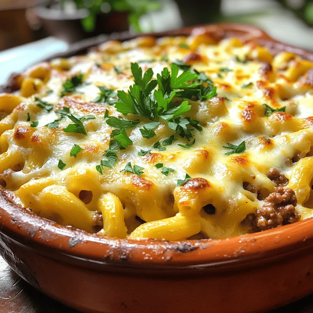 To make Macarona Bechamel, gather these ingredients: - 250g macaroni pasta - 2 tablespoons olive oil - 1 onion, finely chopped - 3 garlic cloves, minced - 500g ground beef or chicken - 1 teaspoon paprika - Salt and pepper to taste - 400g canned crushed tomatoes - 2 cups milk - 3 tablespoons butter - 3 tablespoons all-purpose flour - 1 cup grated mozzarella cheese - 1/2 cup grated Parmesan cheese - Fresh parsley for garnish You can easily swap some ingredients for this dish. If you want a lighter option, use ground turkey instead of beef or chicken. For a vegetarian twist, replace meat with mushrooms or lentils. If you don't have paprika, try using chili powder for a kick. Use any cheese you like if you run out of mozzarella or Parmesan. Almond milk can stand in for regular milk if you need a dairy-free option. To prepare this rich and creamy pasta, you’ll need a few basic tools: - Large pot for boiling pasta - Large skillet for making the meat sauce - Medium saucepan for the bechamel sauce - Whisk for mixing the sauces - Mixing bowl for combining ingredients - Baking dish for the final bake This equipment helps you create a fantastic Macarona Bechamel. For the full recipe, check the detailed instructions above. Start by boiling a large pot of salted water. Once it is bubbling, add 250g of macaroni pasta. Cook the pasta according to the package instructions until it is al dente. This usually takes about 8-10 minutes. After cooking, drain the pasta in a colander and set it aside. Next, heat 2 tablespoons of olive oil in a large skillet over medium heat. Add 1 finely chopped onion and 3 minced garlic cloves. Sauté them until they become soft and translucent, about 3-4 minutes. Then, add 500g of ground beef or chicken. Use a spoon to break the meat into small pieces. Cook until it is nicely browned, which should take around 5-7 minutes. Season the meat with 1 teaspoon of paprika, salt, and pepper. Pour in 400g of canned crushed tomatoes. Let it simmer for about 10 minutes, stirring occasionally, until the sauce thickens slightly. For the creamy bechamel sauce, melt 3 tablespoons of butter in a saucepan over medium heat. Once melted, whisk in 3 tablespoons of all-purpose flour. Cook this mixture for about 2 minutes to form a roux. Gradually add 2 cups of milk, whisking constantly to avoid lumps. Keep stirring until the sauce thickens, which usually takes about 5 minutes. Once thick, remove it from heat and mix in 1 cup of grated mozzarella and 1/2 cup of grated Parmesan cheese until they melt into the sauce. In a large mixing bowl, combine the cooked macaroni, meat sauce, and bechamel sauce. Stir everything together until well mixed. Preheat your oven to 200°C (400°F). Transfer the pasta mixture into a baking dish, spreading it evenly. Top it with the remaining mozzarella and Parmesan cheese. Bake in the preheated oven for 20-25 minutes, until the top is golden and bubbly. Finally, let it cool for a few minutes before serving. Garnish with fresh parsley for a pop of color. For the full recipe, check out the details provided above. To make a great bechamel sauce, start with a good roux. Melt 3 tablespoons of butter in a pan over medium heat. Add 3 tablespoons of flour and stir for about two minutes. This step cooks the flour and gives your sauce a nice base. Slowly pour in 2 cups of milk, whisking constantly. This helps avoid lumps. Keep stirring until the sauce thickens, which takes about five minutes. For extra flavor, add a pinch of salt, pepper, or nutmeg. If your bechamel sauce is lumpy, don’t worry! Just use a hand blender to smooth it out. If it’s too thick, whisk in a little more milk until you get the right consistency. If it tastes bland, add salt or cheese to enhance the flavor. Always taste your sauce as you go. This dish is best served hot and fresh from the oven. Garnish with fresh parsley for a pop of color. Pair it with a simple green salad or garlic bread for a complete meal. You can also add extra cheese on top before baking for a cheesy crust. Want to make it a bit spicy? Add some chili flakes to the meat sauce for a kick! For the complete recipe, check out the [Full Recipe]. {{image_2}} You can make a tasty vegetarian version of Macarona Bechamel. Instead of meat, use a mix of veggies like mushrooms, zucchini, and spinach. Start by sautéing your chosen vegetables in olive oil. You can follow the same steps for the meat sauce, just skip the meat. This variation keeps the creamy texture and rich flavor. Plus, it’s colorful and full of nutrients. For a spicy kick, add red pepper flakes or diced jalapeños. You can mix these into the meat sauce or the bechamel sauce. If you love heat, consider using spicy sausage instead of beef or chicken. This adds depth and flavor. You can also sprinkle some hot sauce on top before serving. This version is sure to wake up your taste buds. Looking to amp up the cheese flavor? You can mix different types of cheese into the bechamel. Try using gouda, cheddar, or even feta. Each cheese brings its own unique taste. You can also sprinkle more cheese on top before baking for a crispy, cheesy crust. This variation makes your dish extra rich and indulgent. Don’t forget to check out the Full Recipe for more ideas! After you enjoy your Macarona Bechamel, let it cool. Place any leftovers in an airtight container. This helps keep flavors fresh. Store it in the fridge for up to three days. If you want to save it longer, freezing is a great option. To freeze Macarona Bechamel, use a freezer-safe container. Make sure the dish is completely cool. It can stay frozen for about three months. For best results, separate it into smaller portions. This makes it easier to thaw and reheat later. Label each container with the date, so you know when to use it. When you’re ready to eat your frozen Macarona Bechamel, first thaw it overnight in the fridge. You can reheat it in the oven or on the stove. If using the oven, preheat to 180°C (350°F). Cover the dish with foil to keep it moist. Bake for about 20 minutes. If reheating on the stove, add a splash of milk to prevent it from drying out. Warm it over low heat, stirring occasionally until hot. Enjoy your rich and creamy pasta again! For the full recipe, check the complete details above. Macarona Bechamel is a creamy pasta dish. It combines macaroni, meat, and a rich bechamel sauce. This dish hails from Mediterranean cuisine, often enjoyed in many homes. The bechamel sauce is made from butter, flour, and milk. It gives the dish a smooth, velvety texture. You can add cheese for extra flavor, making it even more delightful. Yes, you can prepare Macarona Bechamel in advance. Make the meat sauce and bechamel sauce separately. Cook the macaroni but do not combine everything yet. Store the sauces and pasta in the fridge. When you are ready to eat, mix them, then bake. This method saves time and allows flavors to meld. Just remember to bake it until it’s hot and bubbly! To make Macarona Bechamel healthier, consider these tips: - Use whole wheat macaroni for more fiber. - Replace ground beef with lean turkey or chicken. - Add vegetables like spinach or bell peppers to boost nutrition. - Use low-fat milk in the bechamel sauce. - Opt for less cheese or use a lighter cheese option. These simple swaps will keep the dish tasty while making it healthier! Macarona Bechamel is a tasty dish full of flavors and textures. You learned about the key ingredients and how to make the sauces. The cooking steps are clear and easy to follow. Don't forget my tips for a perfect bechamel sauce. You can even make fun variations to suit your taste. Store your leftovers well to enjoy later. This dish is simple and rewarding, perfect for sharing with family and friends. Dive in, and enjoy your cooking journey!