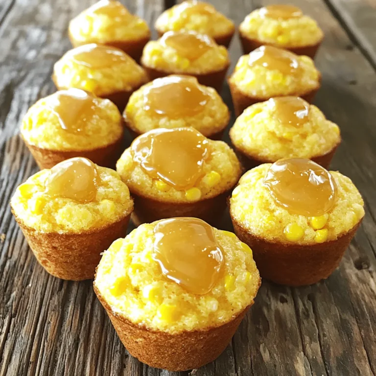 To make Southern-Style Honey Butter Cornbread Poppers, you need some simple ingredients. Each one plays a key role in making these poppers taste amazing. Here’s what you will need: - 1 cup cornmeal - 1 cup flour - 1 tablespoon baking powder - 1/2 teaspoon salt - 1/4 cup granulated sugar - 1 cup buttermilk - 2 large eggs - 1/4 cup unsalted butter, melted - 1/2 cup sweet corn kernels - 1/4 cup honey - 1/4 cup additional butter for honey butter These ingredients come together to create a warm, fluffy, and sweet treat. The cornmeal gives your poppers that classic cornbread flavor. The sweet corn kernels add a lovely burst of sweetness. Buttermilk makes the texture soft and moist. For the honey butter, mixing honey with softened butter creates a rich topping that pairs perfectly with the poppers. You can find the full recipe to guide you through the steps to combine these ingredients and bake your delicious cornbread poppers. - Preheat your oven to 400°F (200°C). - Grease a mini muffin tin well. This helps the poppers come out easily. - In a large bowl, whisk together the cornmeal, flour, baking powder, salt, and sugar. - Make sure there are no lumps. This mix is the base of your poppers. - In another bowl, combine the buttermilk, eggs, and melted butter. - Stir until smooth. This makes your batter rich and tasty. - Slowly add the wet mix to the dry mix. - Fold in the sweet corn gently. - Spoon the batter into the greased muffin tin, filling each cup about 3/4 full. - Bake for 12-15 minutes. Check doneness by inserting a toothpick. It should come out clean. - In a small bowl, mix the softened butter with honey. - Stir until smooth. This sweet spread adds a great finish to your poppers. For the full recipe, check out the detailed steps above. Enjoy the process and savor the flavors! To get the best texture in your cornbread poppers, avoid overmixing the batter. Mix until you see no dry spots, but leave some lumps. This keeps them light and fluffy. Aim for a golden top by checking your oven temperature. If you notice uneven browning, rotate the pan halfway through baking. Serve your cornbread poppers warm for the best taste. They pair well with chili or soups. For a sweet touch, drizzle more honey on top. You can also serve them with butter or jam for added flavor. Try them as a side at barbecues or family dinners. To avoid dryness, do not bake the poppers too long. Check for doneness with a toothpick. If it comes out clean, they are ready. If you find them undercooked, bake for a few more minutes. Always keep an eye on them, as ovens vary in heat. {{image_2}} You can make your Southern-Style Honey Butter Cornbread Poppers even more exciting. Try adding cheddar cheese and jalapeño. This mix gives a nice kick and a rich flavor. Just fold in 1 cup of shredded cheddar and 1 diced jalapeño into the batter. You can also create herb-infused versions. Use fresh herbs like chives or thyme for a fresh taste. Add about 2 tablespoons of chopped herbs to the batter. These simple tweaks can make your poppers stand out. If you want a gluten-free option, it’s easy to substitute the flour. Use gluten-free all-purpose flour instead of regular flour. This swap keeps the taste and texture close to the original. Just make sure your baking powder is also gluten-free. This ensures everyone can enjoy these tasty poppers without worry. Do you like your cornbread poppers sweeter or less sweet? You can easily modify honey levels in the recipe. If you want them sweeter, add up to 1/2 cup of honey. For a less sweet treat, cut the honey to 2 tablespoons. This way, you can tailor the taste to fit your preference. Remember, the right amount of sweetness can make all the difference in your cornbread poppers. Check out the Full Recipe for more details! To keep your Southern-Style Honey Butter Cornbread Poppers fresh, store them properly. I recommend placing them in an airtight container. This keeps them moist and tasty. You can store them at room temperature for up to two days. If you want them to last longer, refrigerate them. They can stay in the fridge for about a week. Reheating is key to enjoying these poppers again. You can use the oven or microwave. For the oven, preheat it to 350°F (175°C). Place the poppers on a baking sheet and heat for about 5-7 minutes. This keeps them crispy on the outside. For the microwave, place a popper on a plate and heat for about 15-20 seconds. This method works well if you want a quick snack. Yes, you can freeze cornbread poppers! They freeze well and are easy to store. Place them in a freezer-safe bag or container. They can last up to three months in the freezer. When you want to eat them, move them to the fridge to thaw overnight. After thawing, reheat them using the methods mentioned above. You’ll have fresh-tasting poppers ready to enjoy! For the full recipe, check out the earlier section. Southern-Style Honey Butter Cornbread Poppers stay fresh for about three days. Store them in an airtight container. This keeps them moist and tasty. If you want them to last longer, consider freezing them. Yes, you can use regular milk instead of buttermilk. If you want to mimic buttermilk, add a tablespoon of vinegar or lemon juice to the milk. Let it sit for five minutes before using. This creates a similar tangy flavor. You can replace honey with maple syrup or agave nectar. Both options bring sweetness to the poppers. Choose what you like best. You can also try brown sugar for a different taste. Yes, these cornbread poppers freeze well. Allow them to cool completely. Then, place them in a freezer bag or container. They can last up to three months in the freezer. To enjoy, thaw them overnight in the fridge. You can check if the poppers are done by inserting a toothpick in the center. If it comes out clean, they are ready. The tops should also look golden brown and firm. Yes, you can make these cornbread poppers ahead of time. Bake them, then store in an airtight container. Reheat them before serving. This way, you can enjoy fresh poppers without last-minute stress. For the full recipe, check out the detailed steps above. You now know how to make delicious Southern-Style Honey Butter Cornbread Poppers. We looked at the key ingredients, step-by-step instructions, and tips for perfecting your poppers. Remember to avoid overmixing for the best texture. Feel free to experiment with flavors to fit your taste. Store leftovers properly and enjoy them later. With these tips, you’ll impress everyone with your cornbread poppers. Enjoy every bite!
