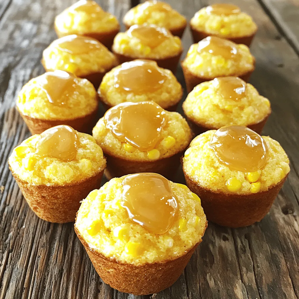 To make Southern-Style Honey Butter Cornbread Poppers, you need some simple ingredients. Each one plays a key role in making these poppers taste amazing. Here’s what you will need: - 1 cup cornmeal - 1 cup flour - 1 tablespoon baking powder - 1/2 teaspoon salt - 1/4 cup granulated sugar - 1 cup buttermilk - 2 large eggs - 1/4 cup unsalted butter, melted - 1/2 cup sweet corn kernels - 1/4 cup honey - 1/4 cup additional butter for honey butter These ingredients come together to create a warm, fluffy, and sweet treat. The cornmeal gives your poppers that classic cornbread flavor. The sweet corn kernels add a lovely burst of sweetness. Buttermilk makes the texture soft and moist. For the honey butter, mixing honey with softened butter creates a rich topping that pairs perfectly with the poppers. You can find the full recipe to guide you through the steps to combine these ingredients and bake your delicious cornbread poppers. - Preheat your oven to 400°F (200°C). - Grease a mini muffin tin well. This helps the poppers come out easily. - In a large bowl, whisk together the cornmeal, flour, baking powder, salt, and sugar. - Make sure there are no lumps. This mix is the base of your poppers. - In another bowl, combine the buttermilk, eggs, and melted butter. - Stir until smooth. This makes your batter rich and tasty. - Slowly add the wet mix to the dry mix. - Fold in the sweet corn gently. - Spoon the batter into the greased muffin tin, filling each cup about 3/4 full. - Bake for 12-15 minutes. Check doneness by inserting a toothpick. It should come out clean. - In a small bowl, mix the softened butter with honey. - Stir until smooth. This sweet spread adds a great finish to your poppers. For the full recipe, check out the detailed steps above. Enjoy the process and savor the flavors! To get the best texture in your cornbread poppers, avoid overmixing the batter. Mix until you see no dry spots, but leave some lumps. This keeps them light and fluffy. Aim for a golden top by checking your oven temperature. If you notice uneven browning, rotate the pan halfway through baking. Serve your cornbread poppers warm for the best taste. They pair well with chili or soups. For a sweet touch, drizzle more honey on top. You can also serve them with butter or jam for added flavor. Try them as a side at barbecues or family dinners. To avoid dryness, do not bake the poppers too long. Check for doneness with a toothpick. If it comes out clean, they are ready. If you find them undercooked, bake for a few more minutes. Always keep an eye on them, as ovens vary in heat. {{image_2}} You can make your Southern-Style Honey Butter Cornbread Poppers even more exciting. Try adding cheddar cheese and jalapeño. This mix gives a nice kick and a rich flavor. Just fold in 1 cup of shredded cheddar and 1 diced jalapeño into the batter. You can also create herb-infused versions. Use fresh herbs like chives or thyme for a fresh taste. Add about 2 tablespoons of chopped herbs to the batter. These simple tweaks can make your poppers stand out. If you want a gluten-free option, it’s easy to substitute the flour. Use gluten-free all-purpose flour instead of regular flour. This swap keeps the taste and texture close to the original. Just make sure your baking powder is also gluten-free. This ensures everyone can enjoy these tasty poppers without worry. Do you like your cornbread poppers sweeter or less sweet? You can easily modify honey levels in the recipe. If you want them sweeter, add up to 1/2 cup of honey. For a less sweet treat, cut the honey to 2 tablespoons. This way, you can tailor the taste to fit your preference. Remember, the right amount of sweetness can make all the difference in your cornbread poppers. Check out the Full Recipe for more details! To keep your Southern-Style Honey Butter Cornbread Poppers fresh, store them properly. I recommend placing them in an airtight container. This keeps them moist and tasty. You can store them at room temperature for up to two days. If you want them to last longer, refrigerate them. They can stay in the fridge for about a week. Reheating is key to enjoying these poppers again. You can use the oven or microwave. For the oven, preheat it to 350°F (175°C). Place the poppers on a baking sheet and heat for about 5-7 minutes. This keeps them crispy on the outside. For the microwave, place a popper on a plate and heat for about 15-20 seconds. This method works well if you want a quick snack. Yes, you can freeze cornbread poppers! They freeze well and are easy to store. Place them in a freezer-safe bag or container. They can last up to three months in the freezer. When you want to eat them, move them to the fridge to thaw overnight. After thawing, reheat them using the methods mentioned above. You’ll have fresh-tasting poppers ready to enjoy! For the full recipe, check out the earlier section. Southern-Style Honey Butter Cornbread Poppers stay fresh for about three days. Store them in an airtight container. This keeps them moist and tasty. If you want them to last longer, consider freezing them. Yes, you can use regular milk instead of buttermilk. If you want to mimic buttermilk, add a tablespoon of vinegar or lemon juice to the milk. Let it sit for five minutes before using. This creates a similar tangy flavor. You can replace honey with maple syrup or agave nectar. Both options bring sweetness to the poppers. Choose what you like best. You can also try brown sugar for a different taste. Yes, these cornbread poppers freeze well. Allow them to cool completely. Then, place them in a freezer bag or container. They can last up to three months in the freezer. To enjoy, thaw them overnight in the fridge. You can check if the poppers are done by inserting a toothpick in the center. If it comes out clean, they are ready. The tops should also look golden brown and firm. Yes, you can make these cornbread poppers ahead of time. Bake them, then store in an airtight container. Reheat them before serving. This way, you can enjoy fresh poppers without last-minute stress. For the full recipe, check out the detailed steps above. You now know how to make delicious Southern-Style Honey Butter Cornbread Poppers. We looked at the key ingredients, step-by-step instructions, and tips for perfecting your poppers. Remember to avoid overmixing for the best texture. Feel free to experiment with flavors to fit your taste. Store leftovers properly and enjoy them later. With these tips, you’ll impress everyone with your cornbread poppers. Enjoy every bite!