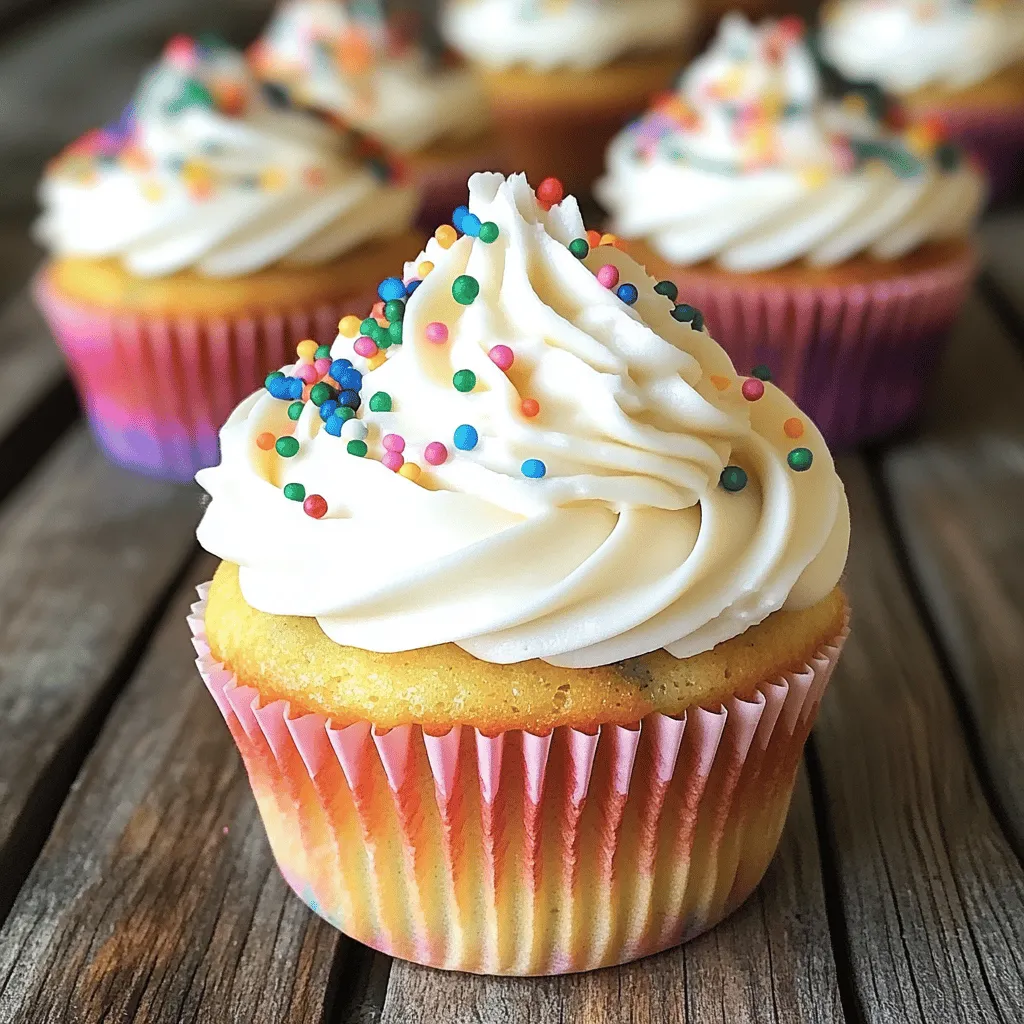 To make these funfetti cupcakes, gather these main ingredients: - 1 ½ cups all-purpose flour - 1 cup granulated sugar - ½ cup unsalted butter, softened - 2 large eggs - ½ cup whole milk - 2 teaspoons vanilla extract - 1 ½ teaspoons baking powder - ¼ teaspoon salt - ½ cup rainbow sprinkles (plus extra for topping) These ingredients create the perfect base for soft, fluffy cupcakes. The butter gives richness, while the sugar adds sweetness. The eggs provide structure, and the milk keeps the batter moist. For the funfetti frosting, you’ll need: - 1 cup powdered sugar - 2 tablespoons unsalted butter, softened - 2-3 tablespoons milk - ½ teaspoon vanilla extract This frosting is creamy and sweet. The powdered sugar gives it that perfect sweetness, while the butter adds a rich flavor. The milk helps achieve the right consistency for easy spreading. When baking, the quality of your ingredients matters. Use fresh eggs and unsalted butter for the best flavor. Always measure your flour correctly. Too much flour can make cupcakes dry. I recommend using real vanilla extract instead of imitation. It enhances the flavor significantly. Also, choose high-quality rainbow sprinkles. They add a pop of color and fun to your cupcakes. For the full recipe, check out the detailed steps in the full recipe section! Start by preheating your oven to 350°F (175°C). Line a cupcake tray with cupcake liners. In a large bowl, combine the softened butter and granulated sugar. Use a mixer to beat them until the mixture is light and fluffy, about 3 to 5 minutes. Next, add the eggs one at a time. Mix well after each egg. Then, pour in the vanilla extract and blend until it is well combined. In another bowl, whisk together the all-purpose flour, baking powder, and salt. Gradually mix the dry ingredients into the wet mixture. Alternate adding the milk with the flour mixture. Remember to start and end with the flour. Mix until everything is just combined. Finally, gently fold in the rainbow sprinkles. This adds that fun and colorful touch to your cupcakes. Now, it’s time to bake! Divide the batter evenly among the cupcake liners. Fill them about two-thirds full. Place the tray in your preheated oven. Bake for 18 to 20 minutes. To check if they are done, insert a toothpick into the center. If it comes out clean, your cupcakes are ready. Once baked, let the cupcakes cool in the tray for 5 minutes. After that, move them to a wire rack to cool completely. For the frosting, start by beating the softened butter in a bowl until it is creamy. Gradually add the powdered sugar while mixing. Next, pour in the milk and vanilla extract. Mix until the frosting is smooth and fluffy. If it’s too thick, add a bit more milk. If it’s too thin, add more powdered sugar. Once your cupcakes are cool, frost them with your desired amount of frosting. Don’t forget to add extra rainbow sprinkles on top for that festive flair! For the full recipe, check the provided link. Enjoy your delightful homemade Funfetti cupcakes! To get soft and fluffy cupcakes, start with room temperature ingredients. This helps them mix better. Make sure you cream the butter and sugar well. This adds air that makes the cupcakes rise. When you mix in the flour, do it gently. Over-mixing can make them tough. Lastly, use a toothpick to check for doneness. If it comes out clean, your cupcakes are ready. For fun and colorful cupcakes, use different types of sprinkles. You can mix in mini chocolate chips or chopped fruit too. For frosting, swirl it on with a piping bag for a fancy look. You can also top with whipped cream for a light finish. For a twist, drizzle melted chocolate or caramel over the frosting. A sprinkle of sea salt can add a nice contrast. One common mistake is not measuring ingredients correctly. Use measuring cups for accuracy. Another mistake is not letting the cupcakes cool before frosting. This can melt your frosting and make a mess. Lastly, be careful not to open the oven too soon. This can cause the cupcakes to sink. Following these tips will help you bake perfect Funfetti cupcakes every time. For the full recipe, check the detailed instructions provided. {{image_2}} You can change up the Funfetti cupcakes in fun ways. Try adding lemon zest for a fresh twist. Almond extract adds a nice nutty flavor. You can swap in chocolate chips for a rich treat. Mix in seasonal sprinkles for a holiday vibe. Want a surprise inside? Add a dollop of jam before baking! If you need to make these cupcakes allergy-friendly, it's easy. Use gluten-free flour to make them gluten-free. Swap the eggs for applesauce or mashed bananas for a vegan option. Coconut milk works well for those who can't have dairy. For nut allergies, check sprinkles to ensure they are safe. Frosting can change the whole cupcake vibe! Try cream cheese frosting for a tangy twist. Chocolate ganache offers a rich, smooth topping. For a lighter touch, whipped cream is great too. You can even use fruit purees for a fresh, fruity frosting. Get creative with flavors to match your style! For the full recipe, check out the detailed steps above. Store your leftover Funfetti cupcakes in an airtight container. This keeps them fresh and moist. You can also place them in a zip-top bag. Make sure to remove as much air as possible. Keep the cupcakes at room temperature for up to three days. If you want them to last longer, refrigerate them. Freezing cupcakes is easy and great for later treats. First, let the cupcakes cool completely. Wrap each one in plastic wrap. Then, place them in a freezer-safe bag. They can last up to three months in the freezer. When ready to enjoy, thaw them at room temperature for a few hours. To keep your Funfetti cupcakes fresh, avoid direct sunlight and heat. A cool, dry place is best. If you have frosted cupcakes, store them in the fridge. Just remember to let them come to room temperature before serving. This will help the frosting regain its softness. Yes, you can use cake mix for Funfetti cupcakes. It saves time and effort. Just add rainbow sprinkles to the mix before baking. This way, you still get that colorful surprise inside. Funfetti cupcakes last about 3 to 4 days at room temperature. Keep them in an airtight container to keep them fresh. If you refrigerate them, they can last up to a week. Just remember to bring them back to room temperature before serving. If you need an egg substitute, use unsweetened applesauce or mashed bananas. For each egg, use ¼ cup of applesauce or ½ a banana. This keeps the cupcakes moist and adds a touch of sweetness. Funfetti cupcakes first appeared in the 1980s. They became popular thanks to a brand that made cake mix with colorful sprinkles. They bring joy and fun to any celebration, making them a favorite for birthdays and parties. Yes, you can make these cupcakes ahead of time. Bake and cool them, then store them in an airtight container. Frost them on the day you plan to serve for the best taste. You can also freeze them for up to 3 months without frosting. Just thaw and frost when ready to enjoy! For the full recipe, check out the details above. In this blog post, we explored how to make delightful Funfetti cupcakes from scratch. We covered the essential ingredients, step-by-step instructions, and tips for perfecting texture and flavor. We also discussed fun variations and how to store your treats for freshness. Baking should bring joy and creativity. Use these ideas to impress friends and family. Now, enjoy your baking and have fun with these colorful cupcakes!