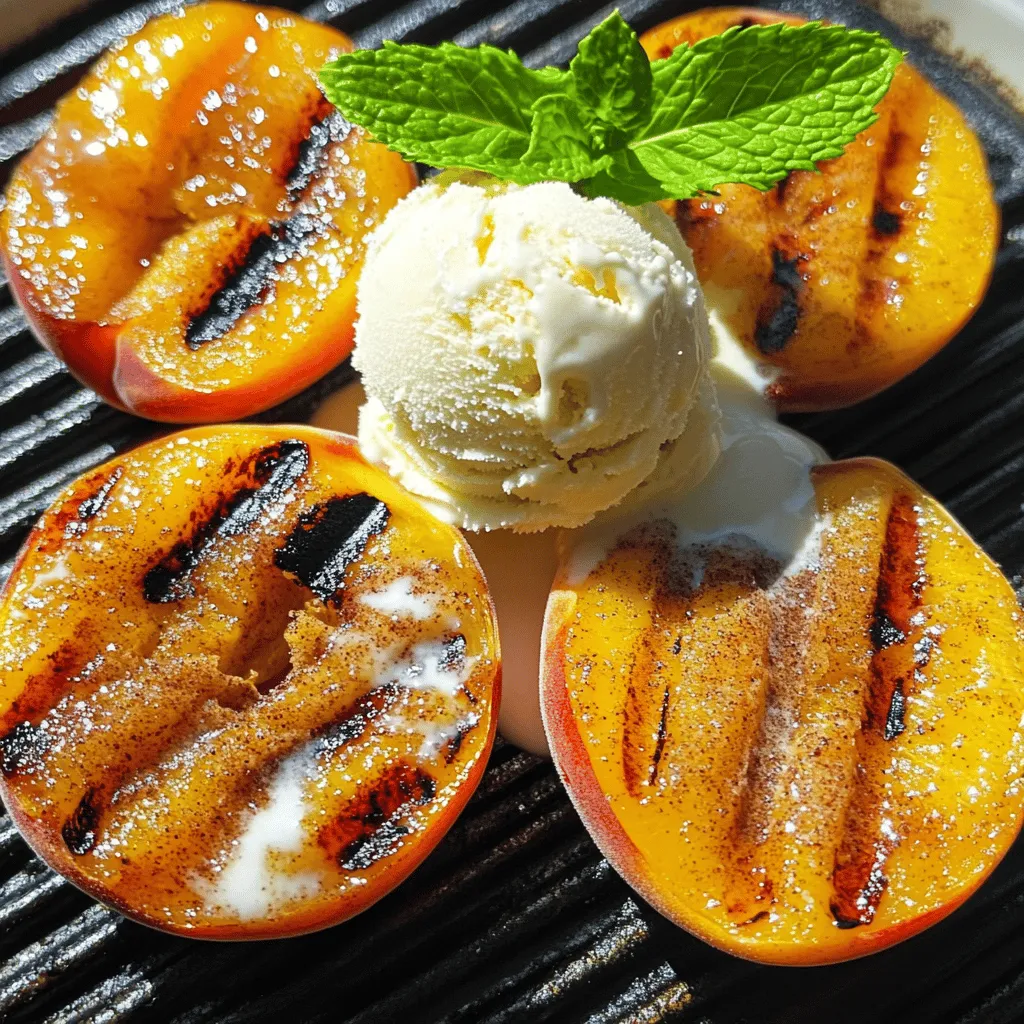 Here’s what you need for grilled peaches with cinnamon sugar: - 4 ripe peaches, halved and pitted - 2 tablespoons unsalted butter, melted - 1/4 cup brown sugar - 1 teaspoon ground cinnamon - Pinch of salt - 1 tablespoon fresh lemon juice - 1/2 cup vanilla ice cream (optional for serving) - Fresh mint leaves for garnish (optional) You want to pick ripe peaches for the best flavor. Look for peaches that feel soft but not mushy. The butter adds a nice richness, while the brown sugar and cinnamon bring out the peach’s sweetness. A hint of salt balances it all out. The lemon juice adds a fresh zing that really lifts the dish. If you like, serve the peaches with vanilla ice cream. The cold ice cream contrasts perfectly with the warm peaches. Fresh mint leaves make a great garnish too. They add a pop of color and a bit of freshness. This simple list of ingredients makes a delightful treat that’s quick to prepare. You can find the full recipe for grilled peaches with cinnamon sugar in the section above. - Preheat the grill to medium heat. - If using a charcoal grill, prepare coals until they are covered with ash. Getting the grill ready is a key step. You want a nice, even heat for grilling. Medium heat works best to caramelize the peaches without burning them. - Combine brown sugar, cinnamon, and salt. In a small bowl, mix together the brown sugar, ground cinnamon, and a pinch of salt. This simple blend adds a sweet and warm touch to your peaches. It’s easy to make and elevates the flavor. - Brush peaches with melted butter. - Sprinkle cinnamon sugar over peaches. - Grill cut side down for 3-4 minutes, then flip and grill for another 2-3 minutes. Take your halved peaches and brush the cut sides with melted butter. This adds richness and helps the sugar stick. Next, sprinkle the cinnamon sugar mix evenly over the peaches. Place the peaches on the grill, cut side down. Grill them for 3 to 4 minutes. You should see nice grill marks. Then, carefully flip the peaches and grill for another 2 to 3 minutes. They should be tender but not mushy. Once done, remove the peaches from the grill and drizzle with fresh lemon juice. This adds a zesty touch that brightens the flavor. For the full recipe, check out the detailed steps above! To make grilled peaches shine, pick ripe but firm ones. Look for a slight give when you press them. The color should be bright and vibrant. Avoid peaches with bruises or wrinkles. These will not grill well and may taste off. Fresh, ripe peaches will caramelize nicely on the grill. Get those beautiful grill marks by following some easy tips. First, heat the grill to medium. This helps cook the peaches evenly. Brush the cut side of the peaches with melted butter. Place them cut side down on the grill. Don't move them for the first 3-4 minutes. This time allows for those perfect grill marks. Flip them gently and cook for another 2-3 minutes. You want them tender but not mushy. To boost the flavor of your grilled peaches, try adding more spices. Nutmeg or cardamom can add warmth. For a sweeter touch, drizzle honey over them before serving. You can also mix the cinnamon sugar with some ginger for a zesty kick. Fresh herbs like basil or mint also work well. They bring a fresh taste to the warm peaches. For a fun twist, serve them with bacon bits for a savory touch. These tips will help you create the best grilled peaches with cinnamon sugar. For the complete process, check the Full Recipe. {{image_2}} You can enjoy grilled peaches in many ways. While vanilla ice cream is great, try these toppings: - Greek Yogurt: This adds creaminess and a tangy flavor. - Whipped Cream: Light and sweet, it complements the peaches well. - Chopped Nuts: Almonds or pecans bring crunch and flavor. - Caramel Sauce: A drizzle makes it extra sweet and rich. - Fresh Berries: Strawberries or blueberries add a fresh touch. These options can change the dish and fit your taste. Mixing spices can create unique flavors. Consider these ideas: - Nutmeg: This spice adds warmth and a cozy taste. - Honey: A drizzle enhances sweetness and adds depth. - Ginger: Fresh or powdered ginger gives a zesty kick. - Coconut Flakes: Toasted coconut adds a tropical twist. - Lemon Zest: Brightens flavors with freshness. Experiment with these spices to find your favorite combo. Grilled peaches can make breakfast special. Here are some tasty ideas: - Pancakes: Top your pancakes with warm peaches for a sweet start. - Oatmeal: Stir them into oatmeal for added sweetness and fiber. - Smoothies: Blend grilled peaches into smoothies for a fruity kick. - Toast: Spread cream cheese on toast and add grilled peaches. - Yogurt Parfait: Layer grilled peaches with yogurt and granola. These ideas can make your mornings delicious and fun. For the full recipe of grilled peaches with cinnamon sugar, check out the details above. To store uneaten grilled peaches, place them in a shallow, airtight container. Make sure they cool down first. You can keep them in the fridge for up to three days. If you want to keep them longer, consider freezing them. Wrap each peach half in plastic wrap, then place them in a freezer bag. This way, they won’t get freezer burn. When you want to eat them, just thaw them in the fridge overnight. To reheat grilled peaches, use a skillet or grill instead of the microwave. Heat your skillet on low. Add a little butter to help keep them moist. Place the peaches cut side down for about one minute. This helps regain that grilled flavor and keeps the texture nice. If you use the grill, preheat it on low. Grill them for just one to two minutes. This quick method keeps them warm without turning mushy. Enjoy them warm for the best taste! Grilled peaches last about 3 to 5 days in the fridge. To keep them fresh, store them in an airtight container. This helps seal in flavor and moisture. Before you eat them, check for any signs of spoilage, like a mushy texture or off smell. If they seem fine, enjoy them cold or warm them up gently. Yes, you can use frozen peaches! Just remember to thaw them first. After thawing, pat them dry to remove excess moisture. This step helps you get nice grill marks. Keep in mind that frozen peaches might be softer than fresh ones. They may not hold their shape as well while grilling. However, they still taste delicious in this recipe! Both gas and charcoal grills work well for grilling peaches. Gas grills heat up quickly and give you great control over the temperature. This helps you avoid burning your peaches. Charcoal grills add a nice smoky flavor, which can enhance the taste. Choose whichever grill you prefer. Just make sure it's well-preheated before you start grilling. This will help caramelize the sugars in the peaches for a tasty treat. For the full recipe, check out the complete guide! Grilling peaches creates a delicious treat with simple ingredients and easy steps. You learned to pick ripe peaches, mix cinnamon sugar, and grill them to perfection. Remember, you can add different toppings or flavors to switch things up. Store leftovers properly and enjoy them later. Grilled peaches are great for any meal, not just dessert. Follow these tips to impress friends and family with your grilling skills. Enjoy this summery dish that brings flavor and joy to your table!