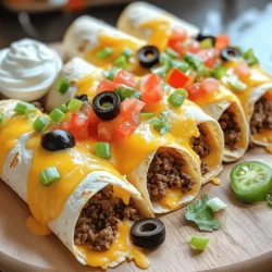 - Ground beef (1 lb) - Nacho cheese sauce (1 cup) - Shredded cheddar cheese (1 cup) - Diced tomatoes (1 cup) - Black olives (1/2 cup) - Green onions (1/4 cup) - Large flour tortillas (4) - Olive oil (1 tablespoon) - Taco seasoning (1 teaspoon) - Salt and pepper to taste Gathering these ingredients is the first step to making your Nacho Cheese Beef Wrap. The ground beef gives a hearty base that pairs well with the cheesy sauce. I love using nacho cheese sauce for that gooey, rich taste. It's easy and adds a big flavor punch. The shredded cheddar cheese melts beautifully on top, adding a classic taste. Diced tomatoes bring freshness and a juicy bite. Black olives give a nice saltiness and texture. Don't forget the green onions; they add a crisp finish that elevates each bite. For the wrap, large flour tortillas are best. They hold all the fillings without breaking. A little olive oil helps the beef cook nicely, while taco seasoning gives it that classic flavor. Adjust the salt and pepper to your taste for a perfect balance. With this list, you're ready to create a delicious meal that everyone will love. If you want the full details, check out the Full Recipe. - Heat 1 tablespoon of olive oil in a large skillet over medium heat. - Add 1 pound of ground beef to the skillet. Season it with 1 teaspoon of taco seasoning, salt, and pepper. - Cook the beef for about 5 to 7 minutes. Break it apart with a spatula as it cooks. You want it browned and fully cooked. - After the beef is done, drain any excess fat from the skillet. - Stir in 1 cup of nacho cheese sauce. Mix it well until the beef is covered and heated through. - Warm 4 large flour tortillas in a skillet or microwave until they are soft and pliable. - Place a tortilla flat on a plate. Spoon a generous amount of the cheesy beef mixture into the center. - Top the mixture with 1 cup of shredded cheddar cheese, 1 cup of diced tomatoes, 1/2 cup of sliced black olives, and 1/4 cup of chopped green onions. - Carefully fold the sides of the tortilla over the filling. Then roll it up tightly from the bottom to the top to form a wrap. - For a crispy finish, return the wraps to the skillet. Grill them on each side until golden brown, about 2 minutes per side. - Serve them warm. Enjoy with sour cream and salsa on the side for dipping. To keep your wraps from falling apart, use large tortillas. They hold more filling and are easier to fold. When you fill the wrap, don't overstuff it. A good amount is about one cup of filling. This makes rolling easier and less messy. Always fold the sides in first, then roll from the bottom up. This method locks in the filling. For even heat distribution, warm your tortillas before filling them. You can use a skillet or microwave. This makes them soft and flexible. If you want a crispy finish, grill the wraps after rolling. Cook them for about two minutes on each side until golden brown. To boost flavor, try adding spices like cumin or smoked paprika. These spices add warmth and depth. You can also mix in some diced jalapeños for heat. For a fresh touch, include chopped cilantro or lime juice. These add brightness to the dish. When it comes to cheese, don’t just stick to cheddar. You can mix in pepper jack for a spicy kick or mozzarella for a creamy texture. A blend of cheeses gives your wraps an exciting twist. For sides, serve your nacho cheese beef wraps with fresh salsa and guacamole. These add a nice contrast to the cheesy beef. You might also enjoy chips for crunch. If you're feeling creative, cut the wraps into bite-sized pieces. This makes them great for sharing at parties. You can even serve them on a platter with various dips. This adds fun and flair to your meal. Try these tips for a delicious experience. Enjoy! {{image_2}} You can easily make this wrap vegetarian. Instead of ground beef, try using beans or grilled veggies. Black beans add protein and fiber. Grilled bell peppers and zucchini bring great flavor and texture. You can mix and match your favorite vegetables too. This way, you keep the wrap tasty and healthy. Cheese is key to a great wrap. While cheddar is classic, you might want to try different cheese types. Pepper jack adds a spicy kick. Mozzarella offers a nice creamy texture. You can even mix cheeses for a fun flavor twist. Experiment to find what you love best. Taco seasoning is great, but you have options. You can adjust the spice level to suit your taste. Try adding cumin or smoked paprika for a deeper flavor. Fresh herbs like cilantro or parsley can brighten the dish. Don't be afraid to play with spices to create your perfect wrap. To keep your nacho cheese beef wraps fresh, store them in an airtight container. This helps prevent moisture loss. Place the wraps in the fridge within two hours of cooking. They are safe to eat for up to three days. If you wait longer, the flavor and texture may change. When it's time to eat leftovers, you can reheat them in different ways. The microwave is quick but may make the wraps soggy. To keep them crispy, use a skillet. Heat the skillet over medium heat. Place the wraps in the skillet for about three to four minutes on each side. This method keeps the texture and flavor intact. For more ideas, check out the Full Recipe for nacho cheese beef wraps! You can use corn tortillas for a gluten-free option. They add a nice texture. Lettuce wraps are another great choice. They are fresh and light, perfect for a low-carb meal. Try large spinach or collard greens too. These leafy greens work well if you want something healthy. Yes, you can freeze them. Wrap each one in plastic wrap and place in a freezer bag. Store them for up to three months. To thaw, place them in the fridge overnight. You can also heat them straight from the freezer in the oven. Add diced jalapeños to the beef mixture. You can also use a spicy nacho cheese sauce. Try adding hot sauce or chili powder to the beef. For an extra kick, sprinkle cayenne pepper on top before serving. You can add guacamole for a creamy twist. Fresh cilantro brings bright flavor. Crumbled queso fresco adds a nice touch. Try diced avocado for extra creaminess. Pickled red onions give a tangy crunch you’ll love. Yes, this recipe is great for meal prep. Prepare the beef mixture ahead of time and store it in the fridge. You can also pre-fill the tortillas, just leave the toppings off until serving. Store wraps in an airtight container for easy grab-and-go meals. You learned how to make easy Nacho Cheese Beef Wraps. Use ground beef, cheese sauce, and tortillas as your base. Add fresh toppings to boost flavor. Remember to keep your wraps tight and grill for crispiness if you like. Consider variations for different diets. Store leftovers safely and use them later. This recipe is flexible and fun. Enjoy your cooking and make it your own!