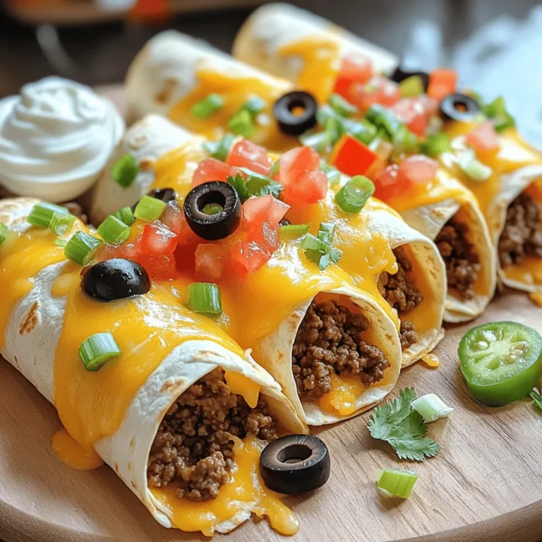 - Ground beef (1 lb) - Nacho cheese sauce (1 cup) - Shredded cheddar cheese (1 cup) - Diced tomatoes (1 cup) - Black olives (1/2 cup) - Green onions (1/4 cup) - Large flour tortillas (4) - Olive oil (1 tablespoon) - Taco seasoning (1 teaspoon) - Salt and pepper to taste Gathering these ingredients is the first step to making your Nacho Cheese Beef Wrap. The ground beef gives a hearty base that pairs well with the cheesy sauce. I love using nacho cheese sauce for that gooey, rich taste. It's easy and adds a big flavor punch. The shredded cheddar cheese melts beautifully on top, adding a classic taste. Diced tomatoes bring freshness and a juicy bite. Black olives give a nice saltiness and texture. Don't forget the green onions; they add a crisp finish that elevates each bite. For the wrap, large flour tortillas are best. They hold all the fillings without breaking. A little olive oil helps the beef cook nicely, while taco seasoning gives it that classic flavor. Adjust the salt and pepper to your taste for a perfect balance. With this list, you're ready to create a delicious meal that everyone will love. If you want the full details, check out the Full Recipe. - Heat 1 tablespoon of olive oil in a large skillet over medium heat. - Add 1 pound of ground beef to the skillet. Season it with 1 teaspoon of taco seasoning, salt, and pepper. - Cook the beef for about 5 to 7 minutes. Break it apart with a spatula as it cooks. You want it browned and fully cooked. - After the beef is done, drain any excess fat from the skillet. - Stir in 1 cup of nacho cheese sauce. Mix it well until the beef is covered and heated through. - Warm 4 large flour tortillas in a skillet or microwave until they are soft and pliable. - Place a tortilla flat on a plate. Spoon a generous amount of the cheesy beef mixture into the center. - Top the mixture with 1 cup of shredded cheddar cheese, 1 cup of diced tomatoes, 1/2 cup of sliced black olives, and 1/4 cup of chopped green onions. - Carefully fold the sides of the tortilla over the filling. Then roll it up tightly from the bottom to the top to form a wrap. - For a crispy finish, return the wraps to the skillet. Grill them on each side until golden brown, about 2 minutes per side. - Serve them warm. Enjoy with sour cream and salsa on the side for dipping. To keep your wraps from falling apart, use large tortillas. They hold more filling and are easier to fold. When you fill the wrap, don't overstuff it. A good amount is about one cup of filling. This makes rolling easier and less messy. Always fold the sides in first, then roll from the bottom up. This method locks in the filling. For even heat distribution, warm your tortillas before filling them. You can use a skillet or microwave. This makes them soft and flexible. If you want a crispy finish, grill the wraps after rolling. Cook them for about two minutes on each side until golden brown. To boost flavor, try adding spices like cumin or smoked paprika. These spices add warmth and depth. You can also mix in some diced jalapeños for heat. For a fresh touch, include chopped cilantro or lime juice. These add brightness to the dish. When it comes to cheese, don’t just stick to cheddar. You can mix in pepper jack for a spicy kick or mozzarella for a creamy texture. A blend of cheeses gives your wraps an exciting twist. For sides, serve your nacho cheese beef wraps with fresh salsa and guacamole. These add a nice contrast to the cheesy beef. You might also enjoy chips for crunch. If you're feeling creative, cut the wraps into bite-sized pieces. This makes them great for sharing at parties. You can even serve them on a platter with various dips. This adds fun and flair to your meal. Try these tips for a delicious experience. Enjoy! {{image_2}} You can easily make this wrap vegetarian. Instead of ground beef, try using beans or grilled veggies. Black beans add protein and fiber. Grilled bell peppers and zucchini bring great flavor and texture. You can mix and match your favorite vegetables too. This way, you keep the wrap tasty and healthy. Cheese is key to a great wrap. While cheddar is classic, you might want to try different cheese types. Pepper jack adds a spicy kick. Mozzarella offers a nice creamy texture. You can even mix cheeses for a fun flavor twist. Experiment to find what you love best. Taco seasoning is great, but you have options. You can adjust the spice level to suit your taste. Try adding cumin or smoked paprika for a deeper flavor. Fresh herbs like cilantro or parsley can brighten the dish. Don't be afraid to play with spices to create your perfect wrap. To keep your nacho cheese beef wraps fresh, store them in an airtight container. This helps prevent moisture loss. Place the wraps in the fridge within two hours of cooking. They are safe to eat for up to three days. If you wait longer, the flavor and texture may change. When it's time to eat leftovers, you can reheat them in different ways. The microwave is quick but may make the wraps soggy. To keep them crispy, use a skillet. Heat the skillet over medium heat. Place the wraps in the skillet for about three to four minutes on each side. This method keeps the texture and flavor intact. For more ideas, check out the Full Recipe for nacho cheese beef wraps! You can use corn tortillas for a gluten-free option. They add a nice texture. Lettuce wraps are another great choice. They are fresh and light, perfect for a low-carb meal. Try large spinach or collard greens too. These leafy greens work well if you want something healthy. Yes, you can freeze them. Wrap each one in plastic wrap and place in a freezer bag. Store them for up to three months. To thaw, place them in the fridge overnight. You can also heat them straight from the freezer in the oven. Add diced jalapeños to the beef mixture. You can also use a spicy nacho cheese sauce. Try adding hot sauce or chili powder to the beef. For an extra kick, sprinkle cayenne pepper on top before serving. You can add guacamole for a creamy twist. Fresh cilantro brings bright flavor. Crumbled queso fresco adds a nice touch. Try diced avocado for extra creaminess. Pickled red onions give a tangy crunch you’ll love. Yes, this recipe is great for meal prep. Prepare the beef mixture ahead of time and store it in the fridge. You can also pre-fill the tortillas, just leave the toppings off until serving. Store wraps in an airtight container for easy grab-and-go meals. You learned how to make easy Nacho Cheese Beef Wraps. Use ground beef, cheese sauce, and tortillas as your base. Add fresh toppings to boost flavor. Remember to keep your wraps tight and grill for crispiness if you like. Consider variations for different diets. Store leftovers safely and use them later. This recipe is flexible and fun. Enjoy your cooking and make it your own!