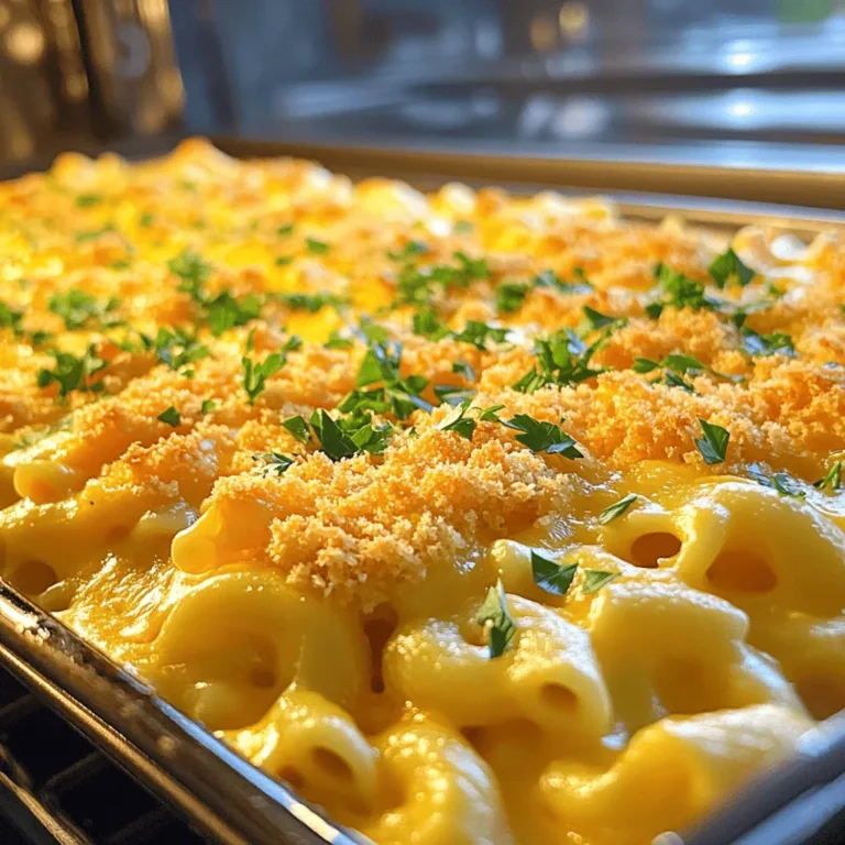 To make baked macaroni and cheese, you need five main items: - 2 cups elbow macaroni - 4 cups shredded sharp cheddar cheese - 1 cup grated Parmesan cheese - 4 tablespoons unsalted butter - 4 cups whole milk These ingredients create a creamy and rich dish. Elbow macaroni is the classic choice. It holds the cheese sauce well, making every bite flavorful. Sharp cheddar gives depth, while Parmesan adds a nice touch of saltiness. You can enhance your dish with a few optional ingredients: - 1 teaspoon Dijon mustard - 1/2 teaspoon garlic powder - 1/2 teaspoon onion powder - Salt and pepper to taste These add-ins can boost flavor without much fuss. Dijon mustard brings a slight tang. Garlic and onion powder add warmth. Adjust salt and pepper to fit your taste. For a crispy top, use these ingredients: - 1 cup breadcrumbs (panko preferred for extra crunch) - 1 tablespoon olive oil - Fresh parsley, chopped (for garnish) Panko breadcrumbs create a delightful crunch. Mixing them with olive oil helps them brown nicely when baked. Fresh parsley adds a pop of color and freshness to the dish. For the full recipe, check out the linked section above. - Preheat the oven to 350°F (175°C). - Cook elbow macaroni in salted boiling water. Start by heating your oven. This step helps your dish cook evenly. While the oven heats, prepare your pasta. Boil water and add salt. Then, cook the elbow macaroni until it is al dente. This means it will still have a bit of bite. Drain the macaroni and set it aside. - Create the roux with butter and flour. - Gradually whisk in whole milk until thickened. - Incorporate cheeses and seasonings into the sauce. Next, let’s make the cheese sauce. In a large pot, melt the butter over medium heat. Add the flour and stir it well. This mix is called a roux. Cook it for about two minutes until it bubbles. Slowly add the whole milk while whisking. This helps prevent lumps. Keep stirring until the sauce thickens, which takes about 5-7 minutes. Once thickened, add the cheeses and seasonings. Stir until everything is melted and creamy. - Combine macaroni with cheese sauce and transfer to baking dish. - Prepare and sprinkle breadcrumbs on top. - Bake until golden and crispy. Now it’s time to combine. Pour the cheese sauce over the macaroni. Mix it well so every piece gets coated. Transfer this mix into a greased baking dish. In a small bowl, mix the breadcrumbs with olive oil. Sprinkle this mix over the macaroni. Bake your dish for 25-30 minutes. You want the top to be golden and crispy. Once done, let it cool for five minutes before serving. Enjoy your creamy dreamy baked macaroni and cheese! For more detailed steps, check out the Full Recipe. To make the best baked macaroni and cheese, start with high-quality cheese. It adds a rich taste that makes each bite special. I prefer sharp cheddar for its bold flavor. Mixing it with Parmesan gives a nice depth too. Be careful not to overcook the macaroni. Cook it just until al dente, which means it should still have a little bite. This keeps the texture perfect after baking. If you overcook it, the pasta can turn mushy. To create a creamy cheese sauce without lumps, use a roux. Start by melting butter and whisking in flour. Then, add milk slowly while whisking constantly. This method helps make the sauce smooth and thick. Cook it until it coats the back of a spoon nicely. For the best texture, follow the suggested cooking times in the recipe. When baking, aim for about 25 to 30 minutes. This allows the top to get crispy while keeping the inside cheesy and creamy. Pair your baked macaroni and cheese with simple side dishes. A fresh green salad adds crunch and lightness. Roasted vegetables are great too. They provide a nice contrast to the creamy dish. To reheat, place leftovers in the oven at 350°F (175°C). This helps keep the texture just right. Cover the dish with foil to prevent it from drying out. Enjoy your creamy dream with every bite! Don't forget to check out the Full Recipe for all the details. {{image_2}} You can switch up your cheese for a different taste. Gouda adds a smoky flavor. Fontina melts beautifully and makes the dish creamy. If you need gluten-free options, look for gluten-free pasta and breadcrumbs. Many brands make great choices that taste amazing. Want some heat? Add spices like paprika or cayenne. Just a little can make a big difference. You can also mix in vegetables. Broccoli adds color and nutrition, while tomatoes give a fresh taste. These veggies make your dish more fun and healthy. Get creative with themes! For a BBQ twist, stir in pulled pork. This adds a savory touch. For a Mediterranean vibe, try olives and feta. These ingredients give a unique flavor that will impress your friends. For more ideas, check out the Full Recipe for Creamy Dreamy Baked Macaroni and Cheese. Store leftovers in an airtight container. Place it in the fridge right after it cools. Baked macaroni and cheese stays good for up to three days. Make sure to reheat only what you will eat. You can freeze baked macaroni and cheese for longer storage. Use a freezer-safe container or wrap it tightly in plastic wrap. It lasts for about three months in the freezer. To reheat, thaw it in the fridge overnight. Then, bake it at 350°F (175°C) until heated through. For cheese, keep it in the fridge in its original packaging. It stays fresh for about a week after opening. Store pasta in a cool, dry place like a pantry. Uncooked pasta can last for one to two years if sealed well. Always check for any signs of spoilage before use. How long does baked macaroni and cheese last in the fridge? Baked macaroni and cheese can last about 3 to 5 days in the fridge. Store it in an airtight container. When ready to eat, just reheat it in the oven or microwave for best results. Can I make baked macaroni and cheese ahead of time? Yes, you can make baked macaroni and cheese ahead of time. Prepare the dish up to the baking step, then cover and chill it. When you're ready to bake, just pop it in the oven. You may need to extend the cooking time slightly. What can I do if my cheese sauce is too thin? If your cheese sauce is too thin, you can thicken it. Mix a little cornstarch with water, then stir it into the sauce. Heat it on low, stirring until it thickens. Another option is to add more cheese, which will help thicken the sauce as it melts. How do I know when my baked macaroni and cheese is done? Your baked macaroni and cheese is done when the top is golden and crispy. You can also check for bubbling around the edges. A thermometer should read 165°F (74°C) in the center. Can I use non-dairy milk for the cheese sauce? Yes, you can use non-dairy milk like almond or oat milk in the cheese sauce. Just choose a variety that has a creamy texture. This will help mimic the richness of whole milk. What is the best type of pasta for macaroni and cheese? Elbow macaroni is the classic choice for macaroni and cheese. Its shape holds the cheese sauce well. You can also try shells or cavatappi for a fun twist. In this blog post, we explored the essential ingredients and steps to create macaroni and cheese. From cooking perfect elbow macaroni to making a creamy cheese sauce, every detail counts. You can customize your dish with various add-ins and toppings. I shared tips on storing leftovers and suggested fun variations. With these steps and insights, you can master baked macaroni and cheese. Enjoy delicious meals with your loved ones, and don’t hesitate to get creative in the kitchen!