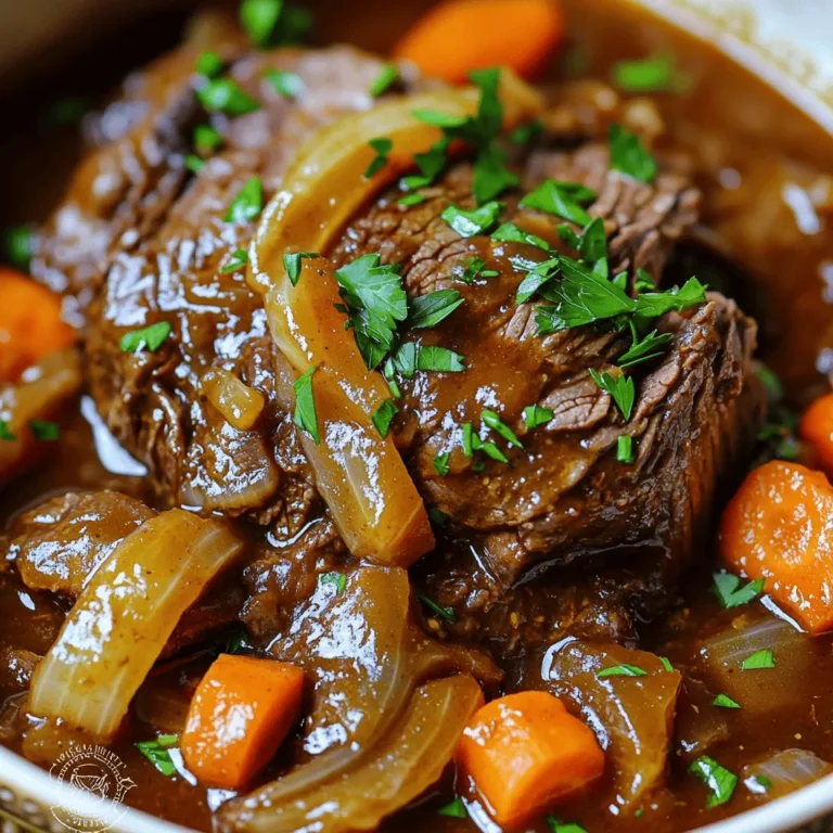 - 3-4 pounds beef chuck roast - 4 cloves garlic, minced - 1 large onion, sliced - 3 carrots, peeled and cut into chunks - 2 cups beef broth - 1 tablespoon Worcestershire sauce - 1 tablespoon Dijon mustard - 2 teaspoons dried thyme - 1 teaspoon paprika - Salt and pepper to taste - 2 tablespoons olive oil - Fresh parsley for garnish (optional) When you prepare slow cooker roast beef, each ingredient plays a big role in taste. The beef chuck roast is key; it has the right fat for a juicy meal. Garlic and onion add depth and sweetness. Carrots give a nice crunch and a pop of color. The beef broth brings everything together, making a warm sauce. Worcestershire sauce and Dijon mustard add a tangy twist. Dried thyme and paprika bring earthiness and warmth. Salt and pepper balance the flavors. Using olive oil helps to brown the beef first. This step locks in flavor. Lastly, fresh parsley is a pretty touch for serving. For the full recipe, check out the detailed instructions to make this dish shine. Enjoy cooking! - Seasoning the beef chuck roast Start by seasoning the beef chuck roast. Use salt, pepper, paprika, and dried thyme. Cover the entire roast with these spices. This step adds depth to the flavor. Let the beef sit for a few minutes to soak up the seasoning. - Prepping garlic, onion, and carrots Now, chop the vegetables. Mince the garlic into small pieces. Slice the onion into rings. Peel the carrots and cut them into chunks. These veggies will add sweetness and flavor to the dish. - Searing the roast Heat two tablespoons of olive oil in a large skillet over medium-high heat. Once the oil is hot, add the seasoned roast. Sear each side for about 4-5 minutes. This browning creates a tasty crust and seals in juice. - Loading the slow cooker After searing, move the roast to the slow cooker. Place the sliced onion, minced garlic, and carrot chunks around it. This setup allows all the flavors to mingle as it cooks. - Mixing and adding the broth In a bowl, mix 2 cups of beef broth, 1 tablespoon of Worcestershire sauce, and 1 tablespoon of Dijon mustard. Stir well to combine. Pour this mixture over the roast and veggies in the slow cooker. It will create a rich sauce as it cooks. - Cooking on low vs. high settings You can cook the roast on low for 8 hours or high for 4 hours. Low heat makes the beef very tender. High heat cooks it faster but may not be as juicy. - Internal temperature for perfect doneness For a perfectly cooked roast, check the internal temperature. Aim for 195°F to 205°F. This range ensures that the beef is tender and easy to shred. Use a meat thermometer for accuracy. Follow these steps for a delicious slow cooker roast beef. For more detailed cooking instructions, check the Full Recipe. For a slow cooker roast, the best cut is beef chuck roast. It has the right amount of fat and flavor. Look for cuts with good marbling. Marbling means small white flecks of fat in the meat. This fat melts during cooking, making the roast tender and juicy. To make your roast beef tasty, use simple spices and herbs. I recommend salt, pepper, thyme, and paprika. These add depth and warmth to your dish. For a rich sauce, use beef broth, Worcestershire sauce, and Dijon mustard. This mix creates a lovely glaze. It also helps keep the meat moist. When serving your roast beef, pair it with hearty sides like mashed potatoes or roasted veggies. These balance out the meal perfectly. For presentation, slice the roast against the grain. This makes it easier to chew. Drizzle some of the sauce from the slow cooker over the beef. You can add fresh parsley on top for a nice touch. For a complete guide, check the Full Recipe for all the steps. {{image_2}} You can easily change up the vegetables in this dish. Instead of carrots, try: - Potatoes: They absorb flavors well. - Mushrooms: They add a rich, earthy taste. - Peppers: They bring a nice crunch and sweetness. You can also use different cuts of meat. Some great options include: - Brisket: It cooks down to a nice texture. - Round roast: It is leaner and still flavorful. If you like heat, add spices like cayenne pepper or red pepper flakes. This will give your roast a nice kick. For herbs, think about switching up the flavors. Try: - Rosemary: It adds a fresh, woodsy flavor. - Oregano: It brings a Mediterranean twist. - Basil: It gives a sweet, fragrant touch. These small changes can make your slow cooker roast beef feel brand new. Don't be afraid to experiment! For a full recipe, check the details above. After enjoying your slow cooker roast beef, store leftovers safely. Place the beef in an airtight container. Make sure to include any broth and veggies for extra flavor. Store it in the fridge for up to three days. For longer storage, freeze portions. Wrap the beef tightly in plastic wrap. Then, place it in a freezer bag. This way, the beef stays fresh for up to three months. Label the bag with the date for easy tracking. When you reheat roast beef, keep it moist and tasty. The best method is using the oven. Preheat it to 250°F (120°C). Place the beef in a baking dish and cover it with foil. Add a splash of broth to keep it juicy. Heat for about 20-30 minutes, or until warm. You can also use the microwave, but be careful. Heat in short bursts of 30 seconds. Stir in between to ensure even warming. Avoid overheating; this can dry out the beef. Enjoy your leftovers just like the first time! Cooking slow cooker roast beef takes about 8 hours on low or 4 hours on high. The time can shift based on the size of the roast and your slow cooker. A larger roast may need more time. Always check for tenderness. You want the meat to be fork-tender. This means you can easily pull it apart with a fork. Yes, you can use frozen beef, but it will change the cooking time. If you start with frozen beef, add 1-2 hours to the cooking time. This can affect the flavor too. The beef may not brown as well when cooked from frozen. Browning adds flavor, so I recommend thawing it first if you can. If your roast beef turns out tough, don't worry. You can save it! Slice the beef thinly against the grain. This helps make each bite easier to chew. You can also simmer it in the slow cooker with some broth for another hour. This helps break down the fibers in the meat. Adding liquid can also enhance the flavor and make the meat more tender. To make the perfect slow-cooked roast beef, follow our detailed guide. We covered ingredients, preparation, cooking steps, and tips for the best flavor. Remember to choose cuts with good marbling for tenderness. Don’t forget to experiment with ingredients to add your own twist. Store leftovers properly to keep them fresh. If you encounter any issues, we shared solutions to common problems. With these insights, you're ready to impress with a delicious meal. Enjoy your cooking adventures and create meals that bring joy to your table!