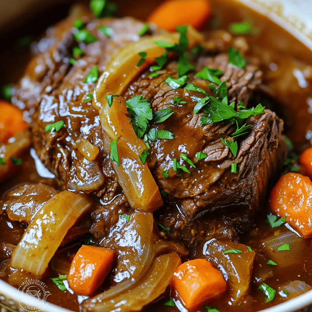 - 3-4 pounds beef chuck roast - 4 cloves garlic, minced - 1 large onion, sliced - 3 carrots, peeled and cut into chunks - 2 cups beef broth - 1 tablespoon Worcestershire sauce - 1 tablespoon Dijon mustard - 2 teaspoons dried thyme - 1 teaspoon paprika - Salt and pepper to taste - 2 tablespoons olive oil - Fresh parsley for garnish (optional) When you prepare slow cooker roast beef, each ingredient plays a big role in taste. The beef chuck roast is key; it has the right fat for a juicy meal. Garlic and onion add depth and sweetness. Carrots give a nice crunch and a pop of color. The beef broth brings everything together, making a warm sauce. Worcestershire sauce and Dijon mustard add a tangy twist. Dried thyme and paprika bring earthiness and warmth. Salt and pepper balance the flavors. Using olive oil helps to brown the beef first. This step locks in flavor. Lastly, fresh parsley is a pretty touch for serving. For the full recipe, check out the detailed instructions to make this dish shine. Enjoy cooking! - Seasoning the beef chuck roast Start by seasoning the beef chuck roast. Use salt, pepper, paprika, and dried thyme. Cover the entire roast with these spices. This step adds depth to the flavor. Let the beef sit for a few minutes to soak up the seasoning. - Prepping garlic, onion, and carrots Now, chop the vegetables. Mince the garlic into small pieces. Slice the onion into rings. Peel the carrots and cut them into chunks. These veggies will add sweetness and flavor to the dish. - Searing the roast Heat two tablespoons of olive oil in a large skillet over medium-high heat. Once the oil is hot, add the seasoned roast. Sear each side for about 4-5 minutes. This browning creates a tasty crust and seals in juice. - Loading the slow cooker After searing, move the roast to the slow cooker. Place the sliced onion, minced garlic, and carrot chunks around it. This setup allows all the flavors to mingle as it cooks. - Mixing and adding the broth In a bowl, mix 2 cups of beef broth, 1 tablespoon of Worcestershire sauce, and 1 tablespoon of Dijon mustard. Stir well to combine. Pour this mixture over the roast and veggies in the slow cooker. It will create a rich sauce as it cooks. - Cooking on low vs. high settings You can cook the roast on low for 8 hours or high for 4 hours. Low heat makes the beef very tender. High heat cooks it faster but may not be as juicy. - Internal temperature for perfect doneness For a perfectly cooked roast, check the internal temperature. Aim for 195°F to 205°F. This range ensures that the beef is tender and easy to shred. Use a meat thermometer for accuracy. Follow these steps for a delicious slow cooker roast beef. For more detailed cooking instructions, check the Full Recipe. For a slow cooker roast, the best cut is beef chuck roast. It has the right amount of fat and flavor. Look for cuts with good marbling. Marbling means small white flecks of fat in the meat. This fat melts during cooking, making the roast tender and juicy. To make your roast beef tasty, use simple spices and herbs. I recommend salt, pepper, thyme, and paprika. These add depth and warmth to your dish. For a rich sauce, use beef broth, Worcestershire sauce, and Dijon mustard. This mix creates a lovely glaze. It also helps keep the meat moist. When serving your roast beef, pair it with hearty sides like mashed potatoes or roasted veggies. These balance out the meal perfectly. For presentation, slice the roast against the grain. This makes it easier to chew. Drizzle some of the sauce from the slow cooker over the beef. You can add fresh parsley on top for a nice touch. For a complete guide, check the Full Recipe for all the steps. {{image_2}} You can easily change up the vegetables in this dish. Instead of carrots, try: - Potatoes: They absorb flavors well. - Mushrooms: They add a rich, earthy taste. - Peppers: They bring a nice crunch and sweetness. You can also use different cuts of meat. Some great options include: - Brisket: It cooks down to a nice texture. - Round roast: It is leaner and still flavorful. If you like heat, add spices like cayenne pepper or red pepper flakes. This will give your roast a nice kick. For herbs, think about switching up the flavors. Try: - Rosemary: It adds a fresh, woodsy flavor. - Oregano: It brings a Mediterranean twist. - Basil: It gives a sweet, fragrant touch. These small changes can make your slow cooker roast beef feel brand new. Don't be afraid to experiment! For a full recipe, check the details above. After enjoying your slow cooker roast beef, store leftovers safely. Place the beef in an airtight container. Make sure to include any broth and veggies for extra flavor. Store it in the fridge for up to three days. For longer storage, freeze portions. Wrap the beef tightly in plastic wrap. Then, place it in a freezer bag. This way, the beef stays fresh for up to three months. Label the bag with the date for easy tracking. When you reheat roast beef, keep it moist and tasty. The best method is using the oven. Preheat it to 250°F (120°C). Place the beef in a baking dish and cover it with foil. Add a splash of broth to keep it juicy. Heat for about 20-30 minutes, or until warm. You can also use the microwave, but be careful. Heat in short bursts of 30 seconds. Stir in between to ensure even warming. Avoid overheating; this can dry out the beef. Enjoy your leftovers just like the first time! Cooking slow cooker roast beef takes about 8 hours on low or 4 hours on high. The time can shift based on the size of the roast and your slow cooker. A larger roast may need more time. Always check for tenderness. You want the meat to be fork-tender. This means you can easily pull it apart with a fork. Yes, you can use frozen beef, but it will change the cooking time. If you start with frozen beef, add 1-2 hours to the cooking time. This can affect the flavor too. The beef may not brown as well when cooked from frozen. Browning adds flavor, so I recommend thawing it first if you can. If your roast beef turns out tough, don't worry. You can save it! Slice the beef thinly against the grain. This helps make each bite easier to chew. You can also simmer it in the slow cooker with some broth for another hour. This helps break down the fibers in the meat. Adding liquid can also enhance the flavor and make the meat more tender. To make the perfect slow-cooked roast beef, follow our detailed guide. We covered ingredients, preparation, cooking steps, and tips for the best flavor. Remember to choose cuts with good marbling for tenderness. Don’t forget to experiment with ingredients to add your own twist. Store leftovers properly to keep them fresh. If you encounter any issues, we shared solutions to common problems. With these insights, you're ready to impress with a delicious meal. Enjoy your cooking adventures and create meals that bring joy to your table!