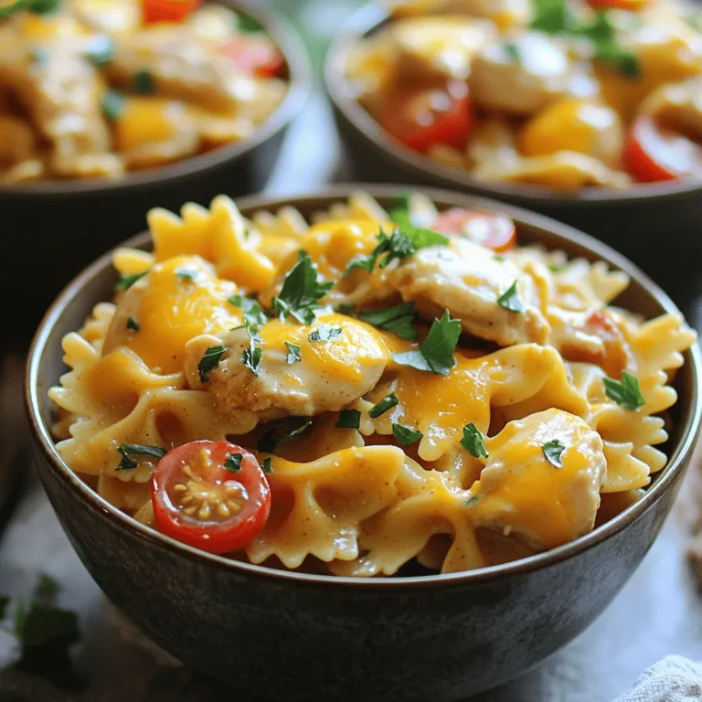 To make Creamy Cowboy Butter Chicken Pasta, gather these tasty ingredients: - Diced chicken breasts - Farfalle or bowtie pasta - Unsalted butter - Minced garlic - Spices: smoked paprika, cayenne pepper, onion powder - Heavy cream - Shredded sharp cheddar cheese - Cherry tomatoes - Fresh parsley - Salt and pepper Each ingredient plays a key role in creating this flavorful dish. The diced chicken breasts give protein and heartiness. Farfalle or bowtie pasta adds fun shapes and texture. Unsalted butter is vital for richness and flavor. Minced garlic brings a savory aroma that excites the senses. Spices like smoked paprika and cayenne pepper add warmth and a hint of heat. Onion powder enhances the savory notes. Heavy cream makes the sauce creamy and lush. Shredded sharp cheddar cheese melts beautifully into the sauce, providing a cheesy goodness. Cherry tomatoes bring a burst of freshness. Fresh parsley adds a pop of green and bright flavor. Finally, salt and pepper elevate all these flavors. You can find the full recipe for Creamy Cowboy Butter Chicken Pasta to guide you through the cooking process. Enjoy the journey of creating this delightful dish! To start, boil salted water in a large pot. It needs to be at a rolling boil. Add the farfalle pasta and cook it according to the package instructions. Aim for that perfect al dente texture, which usually takes about 8-10 minutes. Once cooked, drain the pasta, but save 1 cup of that pasta water. You might need it later! Next, season the diced chicken breasts. Use salt, pepper, and a pinch of smoked paprika. In a large skillet, melt half a cup of butter over medium heat. When the butter is hot, add the chicken. Sauté it for about 6-8 minutes until golden brown and cooked through. Once done, remove the chicken from the skillet and set it aside. Now, let’s make the cowboy butter sauce. In the same skillet, add the remaining half cup of butter and let it melt. Once melted, toss in the minced garlic. Sauté for about 1 minute until it smells great. Then, stir in the smoked paprika, cayenne pepper, and onion powder. Cook this mixture for another minute to blend those wonderful flavors. Slowly pour in the heavy cream and stir to mix everything well. Next, add the shredded cheddar cheese. Watch it melt into the sauce! If the sauce seems too thick, use some of that reserved pasta water to reach your desired consistency. Now, return the cooked chicken to the skillet and toss in the pasta. Mix everything together until it's all coated in that creamy sauce. Add the halved cherry tomatoes and cook for another 2-3 minutes until everything is heated through. Finally, remove the skillet from heat. Stir in the chopped parsley to add a nice fresh touch. Taste your dish and adjust the seasoning with salt and pepper if needed. Serve the creamy cowboy butter chicken pasta in deep bowls. For a special touch, add extra parsley and a sprinkle of cheddar cheese on top. Pair it with garlic bread for a comforting meal! For the full recipe, check it out [here](#). How do you know when pasta is al dente? You should taste it! Al dente means "to the tooth." The pasta should be firm but not hard. It should have a slight bite. Follow package instructions for cooking time, but start checking a minute or two early. Prevent pasta from sticking by using plenty of water. A big pot helps. Add salt to the boiling water. This adds flavor and helps keep the pasta separate. Stir the pasta a few times while it cooks. This also helps it stay loose. What spices can boost the flavor? Try adding Italian herbs like oregano or basil. A pinch of red pepper flakes can add some heat. You can also sprinkle in some garlic powder for extra depth. To make the sauce creamier, you can use more heavy cream. You can also add cream cheese for a rich texture. Stir in some grated Parmesan cheese to enhance the flavor further. What are the best dishes to serve this pasta? Deep bowls work well for creamy pasta. They catch the sauce nicely. You can also use wide plates to show off the colors of the dish. For garnishes, fresh parsley adds a bright touch. A sprinkle of extra cheddar cheese makes it look tempting. You can also add a few cherry tomato halves on top for color. This makes the dish pop and look appetizing. For the full recipe, check out the complete guide. {{image_2}} You can switch up the pasta for this dish. If you can't find farfalle, try penne or rotini. Both hold sauce well and taste great. If you're looking for gluten-free options, consider using gluten-free pasta. Brands now offer tasty choices made from rice or quinoa. These pastas cook well and blend nicely with the sauce. Want to change the protein? Shrimp works wonderfully in this recipe. Cook them until pink and add them just as you would the chicken. You can also use sausage for a heartier flavor. Just slice it and sauté before adding it to the sauce. For a vegetarian spin, chickpeas are a fantastic substitute. They add protein and pair well with the creamy sauce. Just drain and rinse them, then mix them in at the end. To switch up the taste, add barbecue sauce to the creamy mix. This gives a smoky flavor that pairs well with chicken. Feel free to mix in different cheeses too. Gouda or mozzarella will give a nice twist and melt beautifully. Try blending cheeses for a gourmet touch. These variations let you customize your creamy cowboy butter chicken pasta. Enjoy exploring new flavors! For the complete recipe, check the Full Recipe section. To keep your creamy cowboy butter chicken pasta fresh, store it in an airtight container. This helps keep moisture in and prevents it from absorbing other smells in your fridge. Place it in the fridge within two hours after cooking. You can safely store it for up to three days. When you are ready to enjoy your leftovers, reheating them gently is key. The best method is to use a skillet on low heat. Add a splash of milk or extra cream to keep the sauce creamy. Stir often to prevent sticking. Another option is to use the microwave. Place the pasta in a microwave-safe dish and cover it with a damp paper towel. Heat in short bursts, stirring in between, until warm. This helps keep the creaminess intact. Cowboy butter is a rich, flavorful sauce. It blends butter with garlic and spices. You can use it on meats, veggies, and pasta. This sauce adds a kick to any dish. It's perfect for adding flavor to grilled foods or pasta. Yes, you can prepare this dish ahead. Cook the pasta and chicken first. Make the cowboy butter sauce separately. Store each part in airtight containers. Keep in the fridge for up to three days. To serve, just reheat and mix together. To make this recipe dairy-free, use plant-based butter. Substitute heavy cream with coconut cream or almond milk. For cheese, try nutritional yeast or dairy-free cheese. These swaps will keep the dish creamy and tasty. Yes, this recipe works great for meal prepping. Portion the cooked pasta and chicken into containers. Add the cowboy butter sauce on top. Store in the fridge for easy lunches or dinners. Reheat in the microwave when ready to eat. Check out the Full Recipe for more details. Creamy Cowboy Butter Chicken Pasta combines delicious chicken and pasta in a creamy sauce. You learned how to cook it with easy steps. We also shared tips on making it even better and ways to switch up the recipe. In short, this dish is tasty and adaptable for all. Try it out and enjoy!