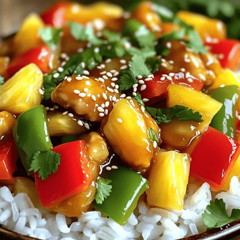 - 1 lb boneless chicken breast, cut into bite-sized pieces - 1 cup bell peppers (red, green, yellow), diced - 1 cup pineapple chunks (fresh or canned) - 1/4 cup soy sauce - 1/4 cup apple cider vinegar - 1/4 cup brown sugar - 1 tablespoon cornstarch - 1/4 cup water - 1/2 cup onion, chopped - 1 clove garlic, minced - Salt and pepper, to taste - Sesame seeds, for garnish - Fresh cilantro, for garnish In this recipe for sweet and sour chicken, you will find vibrant colors and flavors. The chicken is the star, but the veggies add crunch. Using fresh bell peppers and pineapple gives the dish a great taste. You can also use canned pineapple if fresh isn't available. The sauce is where the magic happens. Soy sauce brings saltiness, while apple cider vinegar adds tang. Brown sugar balances these flavors with sweetness. Cornstarch thickens the sauce, making it cling to the chicken and veggies. The water helps blend everything well. For seasoning, onion and garlic offer a strong base. Salt and pepper enhance the flavors. Garnishing with sesame seeds and fresh cilantro adds a lovely touch. You can check out the Full Recipe for detailed instructions. Enjoy cooking! Combine these ingredients in a medium bowl: - 1/4 cup soy sauce - 1/4 cup apple cider vinegar - 1/4 cup brown sugar - 1 tablespoon cornstarch - 1/4 cup water Whisk until smooth. This sauce brings the sweet and sour taste to life. Next, heat 2 tablespoons of vegetable oil in a large skillet over medium-high heat. Add 1/2 cup chopped onion and 1 clove minced garlic. Sauté for about 2 minutes. You want them to smell good and be soft. Add 1 pound of chicken pieces to the skillet. Season with salt and pepper. Cook for 5 to 7 minutes. Make sure the chicken is browned and cooked through. This step gives your dish a nice base. Now, stir in 1 cup of diced bell peppers and 1 cup of pineapple chunks. Cook for another 3 to 4 minutes. The peppers should get tender. Finally, pour the sauce over the chicken and veggies. Stir well to coat everything. Cook for 3 to 5 minutes until the sauce thickens and bubbles. This step makes your meal extra yummy. For the full recipe, refer to the Sweet and Sour Chicken Delight. Enjoy your cooking! To get golden-brown chicken, start with dry pieces. Pat the chicken with paper towels. This helps it sear well. Heat your oil until hot but not smoking. Add the chicken in a single layer. Don't crowd the pan. This way, it cooks evenly and gets crispy. Flip it only when the bottom is brown. This gives a nice crust. You can play with the sauce to fit your taste. If you want it sweeter, add more brown sugar. For more tang, use extra vinegar. You can also try using pineapple juice. This adds a nice fruity flavor. Just remember to taste as you go. Adjust the sauce until it feels perfect for you. Presentation makes a big difference. Serve the chicken over fluffy white rice or jasmine rice. This adds a nice base. Garnish with sesame seeds and fresh cilantro. This adds color and flavor. You can also add sliced green onions. It makes your dish look even better. Enjoy your beautiful meal! {{image_2}} You can switch chicken for shrimp or tofu. Shrimp cooks fast and adds a nice texture. Tofu absorbs flavors well and suits plant-based diets. Both options enhance the sweet and sour taste. Consider adding more veggies for color and nutrients. Broccoli brings crunch and a healthy boost. Snap peas add sweetness and freshness. You can mix in carrots or zucchini too. Just chop them small to cook evenly. You have choices when it comes to sauce. Homemade sauce lets you control flavors. You can adjust sweetness or tanginess easily. Store-bought options save time but may have added sugar. Try different brands for unique tastes. For a twist, add a bit of chili paste for heat. Check the [Full Recipe] for more ideas. To store leftover sweet and sour chicken, place it in an airtight container. This helps keep it fresh and prevents smells from mixing in your fridge. Let the chicken cool to room temperature first. Then, seal the container tightly and store it in the fridge. It can stay good for up to four days. If you want to freeze your sweet and sour chicken, use a freezer-safe container or heavy-duty freezer bag. First, let the dish cool completely. Then, portion it out to make reheating easier. When ready to eat, thaw it in the fridge overnight. To reheat, place it in a skillet over medium heat. Add a splash of water or broth to keep it moist. Stir it often until heated through. This way, you keep the texture nice and tender. Leftover sweet and sour chicken can last in the fridge for about four days. If you freeze it, it stays good for about three months. After that, the taste and texture may change. Always check for signs of spoilage before eating. If it looks or smells off, it's best to toss it. Enjoy your delicious leftovers safely! For the full recipe, check out the earlier sections. Sweet and sour chicken combines simple, tasty ingredients. The main items include: - 1 lb boneless chicken breast, cut into bite-sized pieces - 1 cup diced bell peppers (red, green, yellow) - 1 cup pineapple chunks (fresh or canned) - 1/2 cup chopped onion - 1 clove minced garlic - 1/4 cup soy sauce - 1/4 cup apple cider vinegar - 1/4 cup brown sugar - 1 tablespoon cornstarch - 1/4 cup water - 2 tablespoons vegetable oil - Salt and pepper, to taste - Sesame seeds and fresh cilantro for garnish To prepare, you mix the sauce ingredients, cook the chicken, and add the veggies. The dish gets its sweet and tangy flavor from the sauce made with soy sauce, vinegar, and brown sugar. You can make sweet and sour chicken healthier by: - Using skinless chicken breast instead of thighs for less fat. - Reducing the amount of brown sugar or using a sugar substitute. - Adding more vegetables like broccoli or snap peas for extra nutrients. - Baking or grilling the chicken instead of frying it. These small changes can cut calories while keeping the dish tasty and satisfying. Yes, you can prepare sweet and sour chicken ahead of time. Here’s how: - Cook the chicken and vegetables as usual. - Prepare the sauce but do not add it yet. - Store the cooked chicken and veggies in the fridge. - When ready to serve, heat the chicken and veggies in a pan. Then pour in the sauce and cook until it thickens. This method saves time on busy days and keeps your meal fresh. For the full recipe, check the link above. In summary, this blog post guides you through making sweet and sour chicken. We covered main ingredients, sauce preparation, cooking steps, and tips for perfect flavor. You can customize the dish with different proteins or vegetables to suit your taste. Store leftovers properly for the best texture. This recipe is easy and fun to make. Enjoy each bite, knowing you created a delicious meal at home. Cooking can be simple and rewarding if you follow these steps. Now, it’s time to cook and impress your guests!