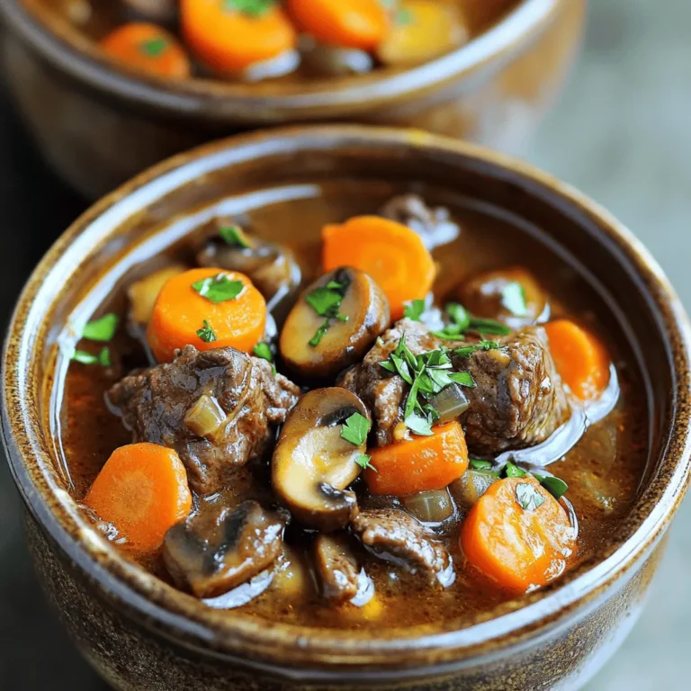 - 2 lbs beef chuck, cut into 1.5-inch cubes - 2 tablespoons olive oil - 1 large onion, diced - 3 cloves garlic, minced - 2 carrots, sliced - 2 stalks celery, diced - 4 cups beef broth - 2 tablespoons tomato paste - 1 teaspoon dried thyme - 2 bay leaves - 1 cup mushrooms, sliced - 1 tablespoon Worcestershire sauce - Salt and pepper to taste - Fresh parsley, for garnish When making beef bourguignon, pick quality ingredients. Start with beef chuck. This cut has good marbling, which adds flavor. Fresh vegetables like onions and carrots bring even more taste to the stew. If you can’t find beef chuck, sirloin works too. For a vegetarian option, swap beef for mushrooms or lentils. You can also use vegetable broth instead of beef broth. Add different herbs like rosemary or oregano if you want to change the flavor. Feel free to try new spices, but stick to the basics for a classic taste. Using fresh ingredients really matters. Fresh beef will give the best flavor and texture. Choose vegetables that look vibrant. They should feel firm and fresh. For broth, homemade is best. It gives rich flavor. If you use store-bought, pick high-quality brands. Avoid those with too many additives. Your beef bourguignon will taste better with fresh and quality ingredients, making it a true comfort food. Prepping the beef Start by cutting 2 lbs of beef chuck into 1.5-inch cubes. This size helps the beef cook evenly. Pat the cubes dry with paper towels. This step helps achieve a nice brown crust. Chopping vegetables Next, dice 1 large onion and mince 3 cloves of garlic. Slice 2 carrots and dice 2 stalks of celery. These vegetables add flavor and texture to your stew. Make sure the pieces are uniform for even cooking. Setting up your cooking space Gather all your ingredients on a clean surface. Keep your utensils close, including a large Dutch oven. This setup makes the cooking process smooth and enjoyable. Browning the beef in batches Heat 2 tablespoons of olive oil in the Dutch oven over medium-high heat. Add the beef cubes in batches to avoid crowding. Brown each side for about 4 to 5 minutes. Once browned, remove the beef and set it aside. Sautéing the vegetables In the same pot, add your chopped onion, garlic, carrots, and celery. Sauté these for 5 to 7 minutes. Cook until they are soft and fragrant. This step builds a strong flavor base for your stew. Combining ingredients and simmering Stir in 2 tablespoons of tomato paste, coating the veggies well. Then, return the browned beef to the pot. Pour in 4 cups of beef broth and add 1 teaspoon of dried thyme and 2 bay leaves. Season with salt and pepper. Bring the mixture to a boil, then reduce the heat to low. Cover and let it simmer for 2 hours. Stir occasionally for even cooking. Cooking time for best flavor Simmering for 2 hours makes the beef fork-tender and juicy. It allows all the flavors to marry beautifully. This is the heart of your Beef Bourguignon. Adding mushrooms In the last 30 minutes, add 1 cup of sliced mushrooms. These add a lovely earthy taste. Stir them in and adjust the seasoning as needed. Adjusting seasoning Before serving, taste your stew. Add more salt or pepper if required. Remove the bay leaves and stir well. Your stew is now ready to serve hot, garnished with fresh parsley! For a detailed guide, check the Full Recipe. Using a Dutch oven is key for Beef Bourguignon. It holds heat well and cooks evenly. This pot helps brown the meat nicely. If you use other pots, ensure they are heavy enough to withstand high heat. When you brown the meat, do it in batches. This keeps the heat high and gives you a good sear. Aim for 4-5 minutes on each side. If you overcrowd the pot, the meat will steam instead of brown. Control the cooking temperature carefully. After you bring it to a boil, reduce the heat to low. This slow simmer is vital for tender beef. Stir occasionally to avoid sticking. Prep your ingredients ahead of time. Chop the vegetables and cut the beef a day before you cook. This makes your cooking day easier and faster. You can make Beef Bourguignon ahead of time. It tastes even better the next day! Just reheat it gently on the stove. Add a bit of broth if it thickens too much. Red wine adds depth to your stew. Choose a good-quality wine you enjoy drinking. It really makes a difference in taste. Use homemade broth if possible. It is richer and more flavorful than store-bought. However, if you must use store-bought, look for low-sodium options. This gives you better control over the salt in your dish. For the full recipe, check out the complete instructions. {{image_2}} Beef Bourguignon comes from the Burgundy region of France. The classic French version uses red wine for deep flavor. It often includes pearl onions and bacon for added richness. In other countries, cooks change the recipe to fit local tastes. For example, in Italy, you might find herbs like rosemary and tomatoes added. In the U.S., some recipes use beer instead of wine. Each twist gives this stew a unique taste. You can make Beef Bourguignon gluten-free. Just use gluten-free broth and check the Worcestershire sauce. For low-carb options, skip the carrots and serve the stew over cauliflower rice. You can also use zucchini noodles. These swaps keep the dish tasty while fitting different diets. Using seasonal ingredients makes this stew even better. In the winter, root vegetables like parsnips work well. In summer, you can add fresh tomatoes and zucchini. Using fresh herbs, like basil or thyme, adds a bright flavor. Seasonal veggies not only taste better but also make the dish healthier. Adjusting ingredients based on the season keeps your Beef Bourguignon exciting. For the full recipe, check the section above. Store your Beef Bourguignon stew in an airtight container. This keeps it fresh and tasty. You can refrigerate it for up to three days. Make sure it cools to room temperature before sealing. This step helps prevent moisture build-up inside the container. Freezing is a great way to keep your stew longer. Use a freezer-safe container or a heavy-duty freezer bag. Squeeze out as much air as possible to prevent freezer burn. You can freeze it for up to three months. To thaw, place it in the fridge overnight before reheating. Reheat your stew on the stove for even heating. Use a medium-low flame and stir it often. If it's too thick, add a splash of beef broth or water. You can also microwave it, but stir halfway through to heat evenly. To keep the flavor and texture, avoid boiling it again. Enjoy your hearty meal! What is the origin of Beef Bourguignon? Beef Bourguignon comes from France. It hails from the Burgundy region. This dish uses red wine from Burgundy. Cooks made it to use tough cuts of beef. It became popular for its rich flavor and warmth. Can I make Beef Bourguignon in a slow cooker? Yes, you can use a slow cooker. Brown the beef first, then add it to the slow cooker. Combine all ingredients and let it cook on low for about 6 to 8 hours. This method makes the beef very tender. What sides pair well with Beef Bourguignon? Beef Bourguignon pairs well with many sides. Some great options include: - Crusty bread - Mashed potatoes - Egg noodles - Green beans - A fresh salad How to tell when the beef is tender? You can tell the beef is tender when you can easily pull it apart with a fork. This usually takes about 2 hours of simmering. The meat should feel soft and break apart without effort. Can I use frozen beef for this recipe? Yes, you can use frozen beef. Just make sure to thaw it first. You can thaw it overnight in the fridge. This helps the beef to cook evenly. What can I substitute for red wine? If you don’t want to use red wine, try beef broth. You can also use grape juice or a mix of vinegar and water. These options can still add some depth to the flavor. Are there vegetarian versions of Beef Bourguignon? Yes, you can make vegetarian versions. Use mushrooms instead of beef. Add hearty vegetables like carrots and potatoes. Use vegetable broth and red wine for depth. This will keep the rich flavor without meat. Beef Bourguignon is a hearty dish that warms the soul. We’ve covered the key ingredients, the cooking process, and essential tips for success. Fresh ingredients play a huge role in flavor, so consider quality when shopping. Remember, there are many variations to explore, from regional twists to dietary options. Enjoy your cooking journey, and don’t hesitate to experiment. This stew is a classic for a reason; it brings people together around the table. Happy cooking!