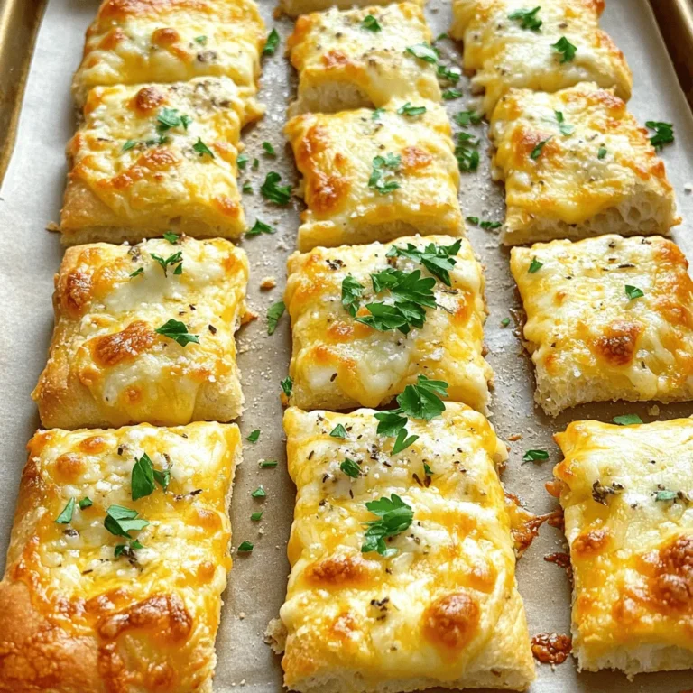 - 2 cups all-purpose flour - 3/4 cup shredded mozzarella cheese - 1/4 cup grated Parmesan cheese These three main ingredients create a great base for cheese breadsticks. The all-purpose flour gives the bread a nice structure. The mozzarella adds a stretchy, cheesy texture. Parmesan brings a sharp, salty flavor that makes each bite special. - 1 teaspoon dried Italian herbs - 1 tablespoon fresh parsley - 1/2 teaspoon garlic powder You can make your cheese breadsticks even better with these add-ins. Dried Italian herbs, like oregano or basil, boost the flavor. Fresh parsley adds a bright touch and looks nice. Garlic powder gives a warm, savory taste that many love. - Mixing bowls - Baking sheet - Parchment paper Gather these tools before you start. Mixing bowls help you combine the ingredients easily. A baking sheet is where your breadsticks will bake. Parchment paper prevents sticking and makes cleanup simple. For the full recipe, check out the Cheesy Herb Breadsticks section. 1. Preheating the oven: Start by preheating your oven to 425°F (220°C). This step ensures your breadsticks bake evenly and become golden brown. 2. Mixing dry ingredients: In a large mixing bowl, combine 2 cups of all-purpose flour, 1 tablespoon of baking powder, 1/2 teaspoon of garlic powder, and 1 teaspoon of salt. Add 1 teaspoon of dried Italian herbs. Whisk them together until they mix well. 3. Incorporating wet ingredients: In a separate bowl, mix 1/2 cup of milk and 1/4 cup of olive oil. Pour this mixture into the dry ingredients. Stir gently until just combined. Be careful not to overmix; you want a soft dough. 1. Kneading the dough: Dust your work surface with flour. Turn the dough out and knead it gently for about one minute. The dough should come together but remain soft. 2. Rolling out the dough: Roll the dough into a rectangle about 1/2 inch thick. Try to keep it even for uniform baking. 3. Cutting into strips: Use a knife or pizza cutter to cut the dough into strips about 1 inch wide. Place these strips on a lined baking sheet, leaving some space between them. 1. Baking duration and temperature: Bake your breadsticks in the preheated oven for 12-15 minutes. They should turn a nice golden brown. 2. Cooling the breadsticks: Once baked, remove them from the oven. Let them cool on the baking sheet for a few minutes. This helps them firm up. 3. Garnishing with parsley: Before serving, sprinkle 1 tablespoon of fresh chopped parsley over the warm breadsticks. This adds a pop of color and flavor. Now that you know how to make these delicious cheese breadsticks, check out the Full Recipe for a detailed guide! Enjoy your cooking journey! To get the best texture for your cheese breadsticks, you must avoid overmixing. When you mix the dough, stop as soon as you see no dry flour. Overmixing makes dough tough. This is not what you want. Kneading is also key. Gently knead the dough for just one minute. Too much kneading can make your breadsticks hard. You want them soft and fluffy. Want to boost the flavor? Add herbs and spices! Dried Italian herbs like oregano and basil work well. You can also use rosemary or thyme for a twist. For cheese, try using different types. Cheddar adds a sharp taste. Gouda brings a rich creaminess. Feel free to mix cheeses for fun flavors. When serving cheese breadsticks, think about gatherings. Arrange them on a nice platter. You can even sprinkle some fresh herbs on top for color. Dips are a great way to enhance the experience. Serve cheese breadsticks with marinara sauce or ranch dressing. These dips add more flavor and make them fun to eat. For the full recipe, check out the Cheesy Herb Breadsticks recipe. Enjoy making these tasty treats! {{image_2}} You can change the cheese in the recipe to suit your taste. Cheddar adds a sharp flavor. Gouda gives a creamy richness. If you want a stronger taste, try blue cheese or feta. For a dairy-free option, use vegan cheese. Many brands offer great substitutes that melt well. Just ensure the dairy-free cheese has a similar texture to mozzarella. Want to spice things up? Add jalapeños or chili flakes for heat. Just mix them into the dough. You can also add sun-dried tomatoes or olives for a savory kick. Chop them finely and fold them into the dough. They add a burst of flavor in every bite. You can change the shape for fun. Try twisting the dough into spirals for cheese breadstick twists. They look great and taste amazing! Another idea is to make stuffed cheese breadsticks. Roll out the dough, add cheese and herbs, then seal them up. Bake until golden for a cheesy surprise inside. For the full recipe, check out the Cheesy Herb Breadsticks. After making cheese breadsticks, store any leftovers in an airtight container. This keeps them fresh and tasty. If you want to refrigerate them, they will last about three days. For longer storage, freeze them. In the freezer, they can last up to three months. Just wrap them tightly in plastic wrap before placing them in a freezer bag. To enjoy your cheese breadsticks again, reheating is key. The best way to do this is in the oven. Preheat your oven to 350°F (175°C). Place the breadsticks on a baking sheet and heat for about 5-7 minutes. This method helps to keep them crispy. You can also use a toaster oven for the same effect. Avoid microwaving them, as this can make them chewy. Cheese breadsticks are best enjoyed fresh but can last a little while. When stored properly, they stay good for three days in the fridge. If you freeze them, they maintain their quality for up to three months. For the best results, check the freshness of your ingredients. Always use fresh cheese and herbs for great flavor. Cheese breadsticks are tasty snacks made from dough mixed with cheese. They are crispy and cheesy, perfect for dipping. This treat likely comes from Italian cuisine, where bread and cheese are popular. Many people serve them as appetizers or side dishes. You can find cheese breadsticks in restaurants and homes worldwide. Their rich flavor and fun shape make them a favorite. Yes, you can prepare cheese breadsticks ahead of time! Here’s how: - Make the dough: Follow the recipe steps until you shape the dough. - Wrap it up: Wrap the dough tightly in plastic wrap. - Refrigerate: Store it in the fridge for up to 24 hours. - Bake when ready: When you’re ready, roll and cut the dough, then bake as directed. This way, you save time and still enjoy warm, cheesy breadsticks. To get those perfect crispy cheese breadsticks, try these tips: - Use less milk: A drier dough helps with crunch. - Roll thin: Make your breadsticks about 1/2 inch thick for better baking. - Bake longer: Keep an eye on them and bake until golden brown. - Cool properly: Let them cool on a wire rack to keep them crispy. With these steps, you’ll have wonderfully crunchy cheese breadsticks every time! Cheese breadsticks are simple and fun to make. This recipe guides you through key ingredients, easy steps, and helpful tips. You learned about optional add-ins to boost flavor and variations to keep it fresh. Remember, the right cheese and herbs make a big difference. With proper storage, you can enjoy these delights later. So, roll up your sleeves and try this tasty treat at home. You’ll impress your friends and family with your cooking skills. Let's bake some delicious cheese breadsticks today!