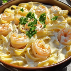 - 8 oz fettuccine pasta - 1 lb shrimp, peeled and deveined - 4 tablespoons unsalted butter - 4 cloves garlic, minced - 1 cup heavy cream - 1 cup grated Parmesan cheese - Salt and black pepper to taste - 1 tablespoon chopped fresh parsley (for garnish) - 1 teaspoon lemon juice - Pinch of red pepper flakes (optional) When I make Garlic Alfredo Pasta with Shrimp, I focus on the fresh ingredients. Fettuccine pasta gives this dish a great base. The shrimp should be peeled and deveined for the best flavor. I love using unsalted butter; it lets the other flavors shine. Garlic, minced finely, adds a lovely aroma. For the sauce, heavy cream creates that rich, creamy texture we all enjoy. Grated Parmesan cheese brings a salty, nutty flavor. Salt and black pepper are key for seasoning. To finish, I add fresh parsley for color and lemon juice for brightness. A pinch of red pepper flakes can add a nice kick, too. You can find the full recipe above for detailed steps and tips! To make the perfect Garlic Alfredo Pasta, start by boiling water. Use a large pot and add a good amount of salt. This helps flavor the pasta. Once the water boils, add the fettuccine. Cook it according to the package instructions until it is al dente. This means it should be firm but not hard. To check this, taste a piece. After cooking, save 1/2 cup of the pasta water. This water has starch, which helps thicken the sauce. Drain the pasta and set it aside. It will be ready for the creamy sauce. Now, let’s cook the shrimp. In a large skillet, melt 2 tablespoons of butter over medium heat. Add the minced garlic and let it cook for about 1 minute. You want it to smell great but not burn. Next, raise the heat to medium-high. Add the shrimp to the pan. Cook each side for about 2-3 minutes. The shrimp should turn pink and opaque. Season with salt and black pepper. If you like a little spice, add red pepper flakes too. Once cooked, take the shrimp out and set them aside. In the same skillet, lower the heat to medium. Add the remaining 2 tablespoons of butter. Once it melts, pour in the heavy cream. Stir this mix gently and let it simmer for 2-3 minutes. You want it to thicken slightly. Next, gradually add the grated Parmesan cheese. Whisk it in until it’s melted and smooth. If the sauce is too thick, use the reserved pasta water to adjust the consistency. This makes it creamy and perfect for coating the pasta. It’s time to mix everything! Add the cooked fettuccine and shrimp back into the skillet. Toss them together so the pasta and shrimp are well coated in the creamy sauce. Squeeze in some lemon juice for brightness. Taste and add more salt or pepper if needed. To serve, plate the pasta and shrimp generously. Garnish with chopped fresh parsley for a pop of color. This dish looks beautiful and tastes even better. Enjoy your Garlic Alfredo Pasta with Shrimp! For the complete recipe, check out the Full Recipe section. To make a smooth and creamy Alfredo sauce, avoid some common mistakes. First, do not cook the sauce on high heat. This can cause the cream to separate. Instead, keep it on medium heat. Another pitfall is adding cheese too fast. Gradually whisk in the Parmesan cheese. This helps it melt evenly. If your sauce gets too thick, add a bit of reserved pasta water. This will bring back the creaminess. When serving, garnish your pasta with chopped fresh parsley. This adds a nice color and flavor. You can also sprinkle more Parmesan cheese on top. It makes the dish look extra special. Pair your Garlic Alfredo Pasta with a side salad. A light salad balances the rich flavors of the pasta. Garlic bread is another great option. The crusty bread helps scoop up the creamy sauce. For leftovers, store your pasta in an airtight container. Keep it in the fridge for up to three days. To reheat, warm it on low heat in a skillet. Add a splash of milk or cream to keep it creamy. Stir often to avoid burning. You can also use the microwave, but heat it in short bursts. Stir in between to ensure even heating. Remember, Alfredo sauce does not freeze well. So, try to enjoy your pasta fresh! For the complete recipe, check the Full Recipe section! {{image_2}} You can switch shrimp for chicken or veggies. Chicken offers a hearty touch. Veggies like bell peppers or zucchini can make it lighter. For the sauce, use cashew cream or almond milk for a dairy-free option. This keeps the dish creamy while catering to dietary needs. Want more flavor? Try adding red pepper flakes. They bring a nice heat to the rich sauce. You can also toss in fresh spinach or broccoli. These veggies add color and nutrients. Their bright flavors will balance the creaminess of the dish. Get creative with how you serve this dish. You can bake it in a skillet for a fun twist. This adds a crispy top that everyone will love. If you follow a gluten-free diet, use gluten-free pasta. This way, everyone can enjoy the creamy delight of Garlic Alfredo Pasta with Shrimp. For the full recipe, check out the details above. Each serving of Garlic Alfredo Pasta with Shrimp has about 600 calories. You get a good amount of protein from shrimp and cheese. This dish also gives you vitamins A and B12. The heavy cream adds calcium, which is important for strong bones. You can make this dish lighter by using whole wheat pasta. You can also swap heavy cream for low-fat milk or a non-dairy milk. Using less butter will cut down on calories. Adding more shrimp can boost protein while keeping calories lower. To create a wholesome meal, pair your pasta with a fresh green salad. Add tomatoes, cucumbers, and bell peppers for crunch and color. You can also cook some spinach or broccoli to mix in. These veggies add fiber and vitamins. They make your meal more filling and nutritious. For the full recipe, check out the Garlic Shrimp Alfredo Delight. To stop your sauce from separating, keep the heat low. High heat can cause the cream to break apart. Always add the cheese slowly while whisking. This helps mix everything smoothly. If the sauce gets too thick, use some reserved pasta water to adjust the texture. This tip ensures a creamy and well-blended sauce. Yes, you can use frozen shrimp. First, thaw them properly. Place the shrimp in cold water for about 15-20 minutes. Drain and pat them dry before cooking. This step helps them cook evenly. Frozen shrimp can still taste great in Garlic Alfredo Pasta with Shrimp. To prep ahead of time, cook the pasta and shrimp but keep them separate. Make the sauce and let it cool. Store each in airtight containers in the fridge. When you’re ready to serve, reheat them gently. This method helps keep the flavors fresh and delicious. For a complete meal, consider serving a light salad or garlic bread. A Caesar salad pairs well and adds crunch. You could also offer steamed veggies like broccoli or asparagus. These sides balance the rich flavors of the pasta and shrimp. To reheat leftovers, use a skillet over low heat. Add a splash of cream or pasta water to help keep the sauce creamy. Stir often to prevent sticking. Avoid the microwave, as it can make the shrimp rubbery. This method maintains the dish's texture and flavor best. Garlic Alfredo Pasta with Shrimp combines simple ingredients for a tasty dish. You start with fettuccine and shrimp, then blend in garlic, cream, and cheese. Following careful cooking tips ensures a creamy sauce. Explore flavor variations or side dishes to make it your own. Remember, preparation is key for a delicious meal. Enjoy your cooking and share this excellent recipe with friends. It’s easy and fun!