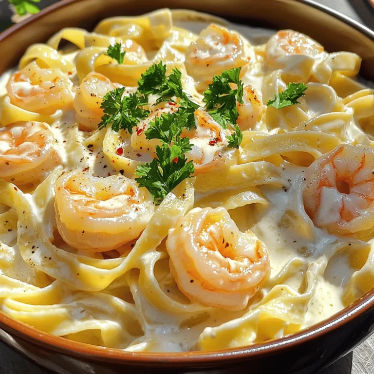 - 8 oz fettuccine pasta - 1 lb shrimp, peeled and deveined - 4 tablespoons unsalted butter - 4 cloves garlic, minced - 1 cup heavy cream - 1 cup grated Parmesan cheese - Salt and black pepper to taste - 1 tablespoon chopped fresh parsley (for garnish) - 1 teaspoon lemon juice - Pinch of red pepper flakes (optional) When I make Garlic Alfredo Pasta with Shrimp, I focus on the fresh ingredients. Fettuccine pasta gives this dish a great base. The shrimp should be peeled and deveined for the best flavor. I love using unsalted butter; it lets the other flavors shine. Garlic, minced finely, adds a lovely aroma. For the sauce, heavy cream creates that rich, creamy texture we all enjoy. Grated Parmesan cheese brings a salty, nutty flavor. Salt and black pepper are key for seasoning. To finish, I add fresh parsley for color and lemon juice for brightness. A pinch of red pepper flakes can add a nice kick, too. You can find the full recipe above for detailed steps and tips! To make the perfect Garlic Alfredo Pasta, start by boiling water. Use a large pot and add a good amount of salt. This helps flavor the pasta. Once the water boils, add the fettuccine. Cook it according to the package instructions until it is al dente. This means it should be firm but not hard. To check this, taste a piece. After cooking, save 1/2 cup of the pasta water. This water has starch, which helps thicken the sauce. Drain the pasta and set it aside. It will be ready for the creamy sauce. Now, let’s cook the shrimp. In a large skillet, melt 2 tablespoons of butter over medium heat. Add the minced garlic and let it cook for about 1 minute. You want it to smell great but not burn. Next, raise the heat to medium-high. Add the shrimp to the pan. Cook each side for about 2-3 minutes. The shrimp should turn pink and opaque. Season with salt and black pepper. If you like a little spice, add red pepper flakes too. Once cooked, take the shrimp out and set them aside. In the same skillet, lower the heat to medium. Add the remaining 2 tablespoons of butter. Once it melts, pour in the heavy cream. Stir this mix gently and let it simmer for 2-3 minutes. You want it to thicken slightly. Next, gradually add the grated Parmesan cheese. Whisk it in until it’s melted and smooth. If the sauce is too thick, use the reserved pasta water to adjust the consistency. This makes it creamy and perfect for coating the pasta. It’s time to mix everything! Add the cooked fettuccine and shrimp back into the skillet. Toss them together so the pasta and shrimp are well coated in the creamy sauce. Squeeze in some lemon juice for brightness. Taste and add more salt or pepper if needed. To serve, plate the pasta and shrimp generously. Garnish with chopped fresh parsley for a pop of color. This dish looks beautiful and tastes even better. Enjoy your Garlic Alfredo Pasta with Shrimp! For the complete recipe, check out the Full Recipe section. To make a smooth and creamy Alfredo sauce, avoid some common mistakes. First, do not cook the sauce on high heat. This can cause the cream to separate. Instead, keep it on medium heat. Another pitfall is adding cheese too fast. Gradually whisk in the Parmesan cheese. This helps it melt evenly. If your sauce gets too thick, add a bit of reserved pasta water. This will bring back the creaminess. When serving, garnish your pasta with chopped fresh parsley. This adds a nice color and flavor. You can also sprinkle more Parmesan cheese on top. It makes the dish look extra special. Pair your Garlic Alfredo Pasta with a side salad. A light salad balances the rich flavors of the pasta. Garlic bread is another great option. The crusty bread helps scoop up the creamy sauce. For leftovers, store your pasta in an airtight container. Keep it in the fridge for up to three days. To reheat, warm it on low heat in a skillet. Add a splash of milk or cream to keep it creamy. Stir often to avoid burning. You can also use the microwave, but heat it in short bursts. Stir in between to ensure even heating. Remember, Alfredo sauce does not freeze well. So, try to enjoy your pasta fresh! For the complete recipe, check the Full Recipe section! {{image_2}} You can switch shrimp for chicken or veggies. Chicken offers a hearty touch. Veggies like bell peppers or zucchini can make it lighter. For the sauce, use cashew cream or almond milk for a dairy-free option. This keeps the dish creamy while catering to dietary needs. Want more flavor? Try adding red pepper flakes. They bring a nice heat to the rich sauce. You can also toss in fresh spinach or broccoli. These veggies add color and nutrients. Their bright flavors will balance the creaminess of the dish. Get creative with how you serve this dish. You can bake it in a skillet for a fun twist. This adds a crispy top that everyone will love. If you follow a gluten-free diet, use gluten-free pasta. This way, everyone can enjoy the creamy delight of Garlic Alfredo Pasta with Shrimp. For the full recipe, check out the details above. Each serving of Garlic Alfredo Pasta with Shrimp has about 600 calories. You get a good amount of protein from shrimp and cheese. This dish also gives you vitamins A and B12. The heavy cream adds calcium, which is important for strong bones. You can make this dish lighter by using whole wheat pasta. You can also swap heavy cream for low-fat milk or a non-dairy milk. Using less butter will cut down on calories. Adding more shrimp can boost protein while keeping calories lower. To create a wholesome meal, pair your pasta with a fresh green salad. Add tomatoes, cucumbers, and bell peppers for crunch and color. You can also cook some spinach or broccoli to mix in. These veggies add fiber and vitamins. They make your meal more filling and nutritious. For the full recipe, check out the Garlic Shrimp Alfredo Delight. To stop your sauce from separating, keep the heat low. High heat can cause the cream to break apart. Always add the cheese slowly while whisking. This helps mix everything smoothly. If the sauce gets too thick, use some reserved pasta water to adjust the texture. This tip ensures a creamy and well-blended sauce. Yes, you can use frozen shrimp. First, thaw them properly. Place the shrimp in cold water for about 15-20 minutes. Drain and pat them dry before cooking. This step helps them cook evenly. Frozen shrimp can still taste great in Garlic Alfredo Pasta with Shrimp. To prep ahead of time, cook the pasta and shrimp but keep them separate. Make the sauce and let it cool. Store each in airtight containers in the fridge. When you’re ready to serve, reheat them gently. This method helps keep the flavors fresh and delicious. For a complete meal, consider serving a light salad or garlic bread. A Caesar salad pairs well and adds crunch. You could also offer steamed veggies like broccoli or asparagus. These sides balance the rich flavors of the pasta and shrimp. To reheat leftovers, use a skillet over low heat. Add a splash of cream or pasta water to help keep the sauce creamy. Stir often to prevent sticking. Avoid the microwave, as it can make the shrimp rubbery. This method maintains the dish's texture and flavor best. Garlic Alfredo Pasta with Shrimp combines simple ingredients for a tasty dish. You start with fettuccine and shrimp, then blend in garlic, cream, and cheese. Following careful cooking tips ensures a creamy sauce. Explore flavor variations or side dishes to make it your own. Remember, preparation is key for a delicious meal. Enjoy your cooking and share this excellent recipe with friends. It’s easy and fun!