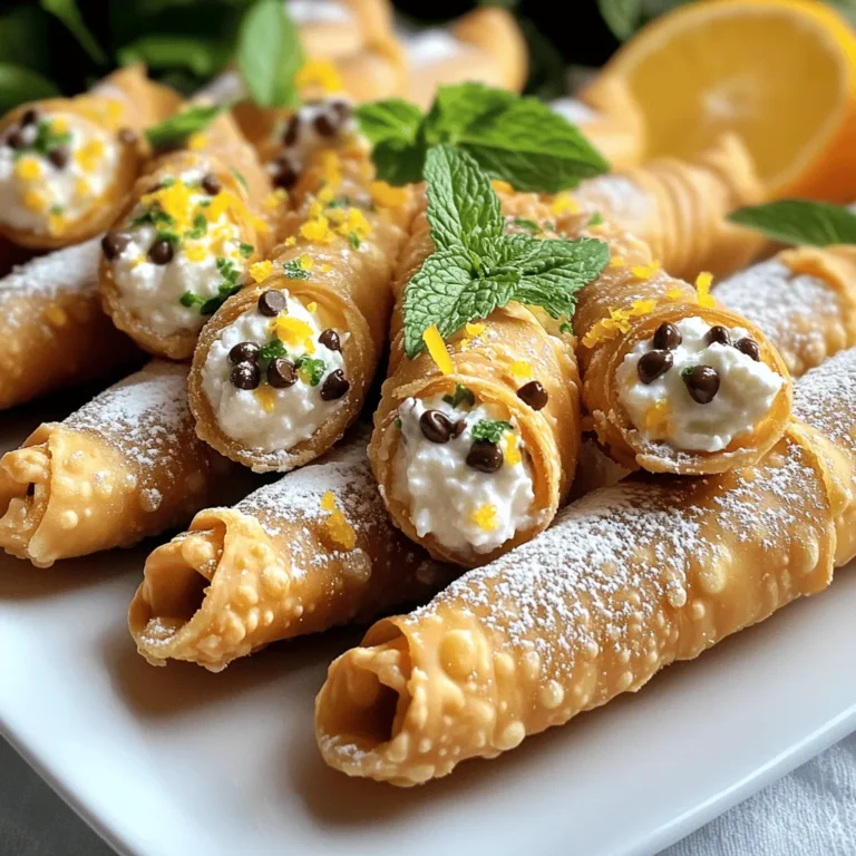 For the crispy cannoli shells, you need: - 1 ½ cups all-purpose flour - 2 tablespoons unsweetened cocoa powder - 1 tablespoon sugar - ¼ teaspoon salt - 3 tablespoons unsalted butter, softened - 1 large egg, lightly beaten - ¼ cup water (as needed for dough) These basic ingredients create a nice, crunchy shell. The cocoa powder adds a subtle chocolate flavor. The ricotta filling is what makes these cannoli special. You will need: - 1 ½ cups fresh ricotta cheese - ½ cup powdered sugar - ½ teaspoon vanilla extract - ¼ teaspoon cinnamon These ingredients create a smooth and sweet filling. Fresh ricotta is key for the best taste. You can get creative with add-ins and toppings: - ½ cup mini chocolate chips (optional) - Confectioners’ sugar for dusting Chocolate chips add a fun twist. A dusting of confectioners' sugar makes them look beautiful. For the full recipe, check out the detailed instructions. To start, you need to make the cannoli shells. Take a mixing bowl and add: - 1 ½ cups all-purpose flour - 2 tablespoons unsweetened cocoa powder - 1 tablespoon sugar - ¼ teaspoon salt Mix these dry ingredients well. Next, add: - 3 tablespoons unsalted butter, softened - 1 large egg, lightly beaten Blend them until the mix looks crumbly. Slowly add water as needed, kneading until you have a smooth dough. Wrap the dough in plastic wrap and chill it for about 30 minutes. This helps to relax the gluten, making it easier to roll out. When your dough is ready, preheat your oil in a deep skillet or pot to 350°F (175°C). On a floured surface, roll out the dough until it is very thin, about 1/8 inch thick. Use a round cutter to make circles, about 4 inches in diameter. Now it’s time to shape the cannoli. Wrap each circle around a cannoli form, sealing the edges with a bit of water. Carefully place the forms into the hot oil. Fry them until they turn golden brown, which should take about 2-3 minutes. Use tongs to remove them and let them drain on paper towels. This step is key for a crispy shell. While the shells cool, prepare the filling. In a new mixing bowl, blend: - 1 ½ cups fresh ricotta cheese - ½ cup powdered sugar - ½ teaspoon vanilla extract - ¼ teaspoon cinnamon Mix these ingredients until the mixture is smooth and fluffy. If you like, add: - ½ cup mini chocolate chips This adds a delightful surprise to each bite. Once your fried shells are cool, gently remove them from the forms. Use a piping bag or a Ziplock bag with the end cut off to fill the shells generously with the ricotta mixture. Finally, for a beautiful touch, dust the cannoli with confectioners’ sugar before serving. This not only adds sweetness but also makes them look amazing. Enjoy your homemade Sicilian ricotta cannoli! For a complete guide, you can check the Full Recipe. One big mistake is not chilling the dough. Chilling makes the dough easier to roll. If the dough is too warm, it gets sticky and hard to handle. Also, avoid overfilling the shells. Too much filling can cause them to burst. Lastly, don’t fry the shells at too low a temperature. This makes them greasy instead of crisp. To get great texture, roll the dough very thin. Aim for about 1/8 inch thickness. This helps the shells to fry evenly and become crisp. When wrapping the dough around the cannoli form, press the edges well. Use water to seal them tightly. This prevents the shells from opening during frying. Fry in small batches to keep the oil temperature steady. Start with fresh ricotta. Drain it well to remove extra moisture. A smooth filling is key for good cannoli. Use a food processor to blend the ricotta with the sugar. This makes it fluffy and creamy. Add vanilla and cinnamon for flavor. If you want, mix in mini chocolate chips for a fun twist. Fill the shells just before serving for the best taste and texture. For the full recipe, check out the details above! {{image_2}} While ricotta is classic, you can explore other fillings. Mascarpone adds a creamy twist. You can also mix in some lemon zest for a fresh taste. Try using sweetened cream cheese for a rich flavor. Want to add a fruity touch? Blend in pureed strawberries or raspberries for a burst of flavor. The choices are endless! Why stick to plain shells? You can add unsweetened cocoa powder for a chocolatey shell. Or, for a hint of spice, mix in some cinnamon or nutmeg. You can even use almond flour for a nutty flavor. If you want a colorful shell, add a few drops of food coloring to the dough. It makes your cannoli fun and festive! Have fun with your presentation! Serve cannoli in dessert cups with fresh fruit on the side. You can drizzle chocolate sauce over them for extra sweetness. For a crunchy touch, sprinkle crushed pistachios or hazelnuts on top. You can also create a cannoli cake by stacking filled shells with layers of cream. Explore these ideas to impress your guests! For the complete recipe, check out the Full Recipe. To keep your cannoli shells fresh, place them in an airtight container. Store them at room temperature, away from heat and moisture. This helps maintain their crunch. They can last for about 2-3 days. Filled cannoli should not sit too long. They get soggy quickly. Store them in the fridge if you have leftovers. Use a container with a lid, but do not stack them. This keeps the filling safe and fresh for about 1 day. You can freeze unfilled cannoli shells. Wrap them tightly in plastic wrap, then put them in a freezer bag. They can last for up to 2 months. When you are ready to eat, just thaw them at room temperature. For filled cannoli, it’s best to eat them fresh. Freezing filled cannoli can change the texture. Always prepare and fill them just before serving for the best taste. If you want to make them ahead, freeze the shells and fill them later. For the complete process of making these delightful treats, check out the Full Recipe. Sicilian Ricotta Cannoli come from Sicily, Italy. They are a classic dessert in Italian cuisine. Cannoli were made by the Sicilian nobility during the Arab rule. The word "cannolo" means "little tube" in Italian. This dessert has rich flavors and a crispy shell. Today, cannoli are loved all over the world. You can make cannoli shells a day in advance. After frying, let them cool completely. Store the shells in an airtight container. Keep them at room temperature to stay crispy. Do not fill them until you are ready to serve. This prevents the shells from getting soggy. Yes, you can use other cheeses for the filling. Mascarpone cheese offers a rich and creamy texture. Cream cheese can work, too, for a different taste. Ricotta is traditional, but feel free to experiment. Just ensure it is smooth and sweet for the best results. For the full recipe, check the details above. Making cannoli is fun and rewarding. You learned about the main ingredients, from shells to fillings. We covered step-by-step instructions for making and frying. I shared tips to help you avoid mistakes and achieve the best texture. You can also explore different fillings and unique shell flavors. Lastly, I gave advice on storing and freezing your treats. Enjoy your cannoli-making journey and impress your friends with your skills!