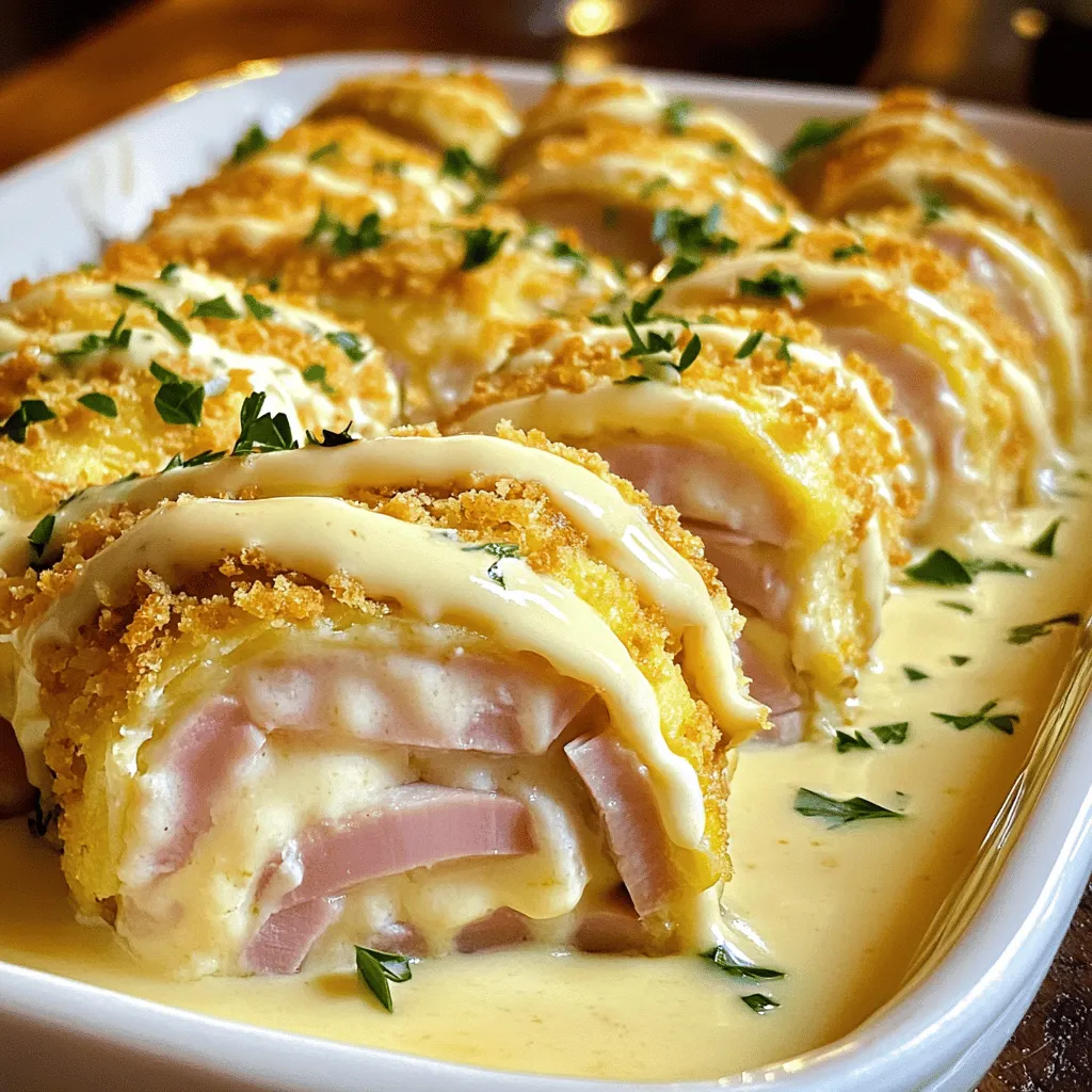 - 4 boneless, skinless chicken breasts - 4 slices of Swiss cheese - 4 slices of ham (or turkey for a lighter option) - 1 cup all-purpose flour - 2 large eggs, beaten - 1 cup breadcrumbs (panko preferred for extra crunch) - 1 teaspoon garlic powder - 1 teaspoon onion powder - 1 teaspoon paprika - Salt and pepper to taste - 1 cup heavy cream - 1 tablespoon Dijon mustard - 1 tablespoon fresh parsley, chopped (for garnish) In this recipe, the main ingredients work together to create a rich flavor. Chicken breasts serve as your protein base, while Swiss cheese adds creaminess. The ham or turkey gives that classic Cordon Bleu taste. For the breading, I suggest using panko breadcrumbs for a crunchier finish. The seasoning mix of garlic powder, onion powder, and paprika gives the chicken depth. Next, let’s discuss the creamy sauce. Heavy cream forms the base, making it luscious, while Dijon mustard adds a tangy kick. Fresh parsley brightens the dish and adds a pop of color. For the full recipe and steps, check out the *Full Recipe*. This dish is not just easy; it’s a crowd-pleaser that impresses your guests. Enjoy your cooking! Preheat your oven to 375°F (190°C). This step ensures even cooking. Next, place each chicken breast between two sheets of plastic wrap. Use a meat mallet to pound them gently. Aim for a thickness of about ½ inch. This helps the chicken cook evenly. Season both sides of the chicken breasts. Sprinkle salt, pepper, garlic powder, onion powder, and paprika. These spices add great flavor. Now, it’s time to layer ham and cheese. Take one flattened chicken breast and lay a slice of ham on top. Next, place a slice of Swiss cheese over the ham. Roll it up tightly, starting from the wider end. Secure the roll with toothpicks to keep it together. Repeat this process for all chicken breasts. This method creates a delicious filling. Set up a breading station. In one bowl, place all-purpose flour. In another bowl, add beaten eggs. In the third bowl, put breadcrumbs. Dredge each chicken roll in flour first. Shake off any excess flour. Then, dip it in the egg wash. Finally, coat it with breadcrumbs. Make sure each roll is fully covered. This breading gives a crispy texture. Heat olive oil in a large oven-safe skillet over medium-high heat. Once hot, add the breaded chicken rolls. Sear until golden brown on all sides, about 3-4 minutes per side. This step adds flavor and color. After searing, transfer the skillet to the preheated oven. Bake for 20-25 minutes. Ensure the chicken reaches an internal temperature of 165°F (75°C). While the chicken bakes, prepare the creamy sauce. In a small saucepan, heat heavy cream over medium heat. Stir in Dijon mustard for a tangy flavor. Season with salt and pepper to taste. Cook until warmed through and slightly thickened. This sauce adds richness to the dish. Once the chicken is done baking, remove it from the oven. Let it rest for a few minutes before cutting. This resting time keeps the juices inside. Serve the chicken rolls with the creamy sauce poured over them. Garnish with chopped parsley for a pop of color. For the full recipe with detailed steps, refer to the Complete Recipe section. To make sure your chicken rolls stay juicy, don't overcook them. Cook them just until they reach 165°F (75°C). This keeps the meat tender and moist. Also, pound the chicken evenly. This helps it cook at the same rate. For even cooking, use a skillet that can go in the oven. Sear the chicken rolls on medium-high heat for a nice crust. Then, bake them for the right amount of time. To boost flavor in your creamy sauce, try adding a pinch of nutmeg or a dash of cayenne pepper. These spices can make a big difference. You can also add fresh herbs like thyme or rosemary for extra taste. If you want some heat, add a bit of hot sauce or chili flakes. Just start with a little. You can always add more if needed. When serving, place the chicken rolls on a nice plate. Pour the creamy sauce over them in a zigzag pattern. This looks fancy and appetizing. For garnishing, sprinkle some fresh parsley on top. It adds color and a fresh taste. You can also add lemon wedges on the side. They give a nice pop of flavor. Try this full recipe for a delicious meal! {{image_2}} You can make Creamy Chicken Cordon Bleu even healthier. Try using turkey instead of ham. Turkey has less fat and is just as tasty. You could also use chicken thighs for more flavor. They stay juicy and tender during cooking. For dairy, you can switch to low-fat cream. This change cuts calories while keeping it creamy. Want to spice things up? Add fresh herbs like thyme or basil to the sauce. They bring a bright taste to the dish. You can also try different cheeses. Cheddar or gouda can add a fun twist. If you're adventurous, use prosciutto instead of ham. It gives a savory kick and depth of flavor. If you're gluten-free, you can swap regular breadcrumbs for gluten-free ones. Look for brands that are light and crunchy. For Dijon mustard, try whole grain mustard. It adds a nice texture and a different flavor. These swaps make the dish fit your needs while keeping it delicious. For the full recipe, check out the detailed steps above. To store leftovers, let the chicken cool first. Place it in an airtight container. This keeps out air and moisture. I recommend using glass or plastic containers with tight lids. They help keep the chicken fresh. To freeze cooked rolls, let them cool completely. Wrap each roll in plastic wrap. Then, place them in a freezer-safe bag. This keeps them from freezer burn. When you want to eat them, thaw in the fridge overnight. Reheat in the oven at 350°F (175°C) for about 15-20 minutes. Check that the chicken is heated through. In the fridge, your leftovers last about 3-4 days. Always check for signs of spoilage, like an off smell. If it looks or smells bad, toss it out. For safety, don’t eat leftovers that sit longer than 4 days. Enjoy your Creamy Chicken Cordon Bleu at its best! Chicken Cordon Bleu is a classic dish. It features chicken, ham, and cheese. You wrap the chicken around the ham and cheese, then bread it. After frying, you bake it until it’s golden. The result is a tasty blend of flavors. The creamy sauce adds richness and warmth. Yes, you can prepare this dish ahead of time. You can bread and roll the chicken and store it in the fridge. Just cover it tightly with plastic wrap. You can also make the creamy sauce early. Simply reheat it when you are ready to serve. This makes cooking easier on busy days. Many sides go well with Creamy Chicken Cordon Bleu. Here are some great options: - Steamed green beans - Roasted vegetables - Garlic mashed potatoes - A fresh garden salad These sides balance the richness of the chicken. They add color and nutrition to your meal. The chicken is done when it reaches the right temperature. Use a meat thermometer for accuracy. The internal temperature should be 165°F (75°C). This ensures that the chicken is safe to eat. Always check the thickest part of the chicken. Yes, you can make changes for food allergies. Here are some common swaps: - Use turkey instead of ham for a lighter option. - Try gluten-free breadcrumbs if you need to avoid gluten. - Substitute dairy-free cream for heavy cream if needed. These options let you enjoy the dish without worry. We covered the essential ingredients for Creamy Chicken Cordon Bleu, including chicken, Swiss cheese, and ham. The step-by-step instructions guide you through prepping, assembling, and cooking. I shared tips to enhance flavor and ensure your chicken stays juicy. You can explore variations and storage options too. This dish is not just tasty; it’s also versatile and easy to make. With these guidelines, you can create a delicious meal to impress anyone. Enjoy making this classic recipe that brings comfort to your table.