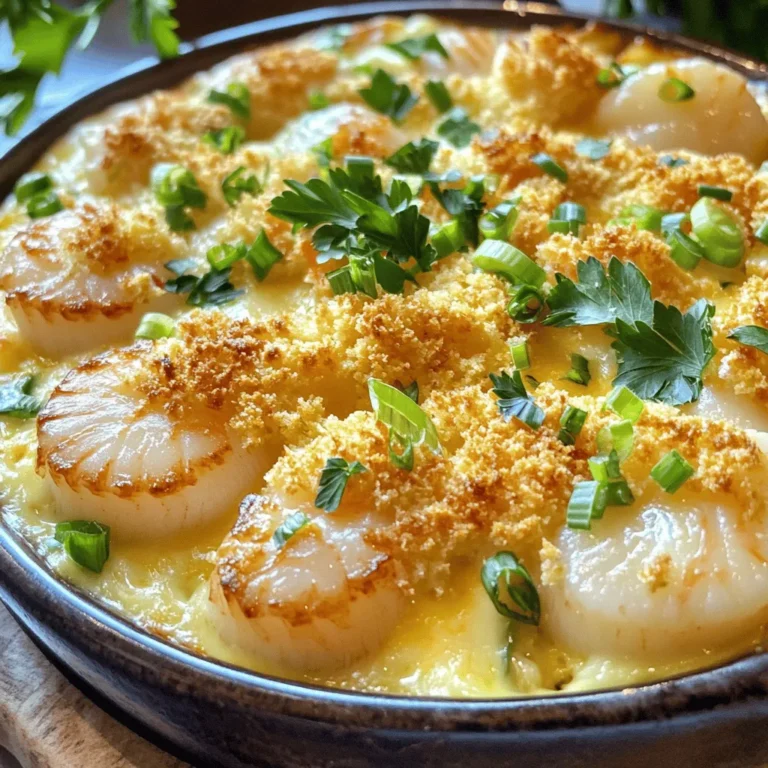 - 8 oz sea scallops, cleaned and halved - 8 oz shrimp, peeled and deveined - 1 cup heavy cream - 1 cup shredded Gruyère cheese - 1/2 cup panko breadcrumbs - 2 tablespoons unsalted butter - 2 cloves garlic, minced - 1/4 cup green onions, finely sliced - 1 teaspoon lemon zest - Salt and pepper to taste - Fresh parsley, for garnish Each ingredient plays a key role in the flavor profile of this dish. The sea scallops and shrimp bring a fresh, ocean taste. Heavy cream adds richness, while Gruyère cheese contributes a nutty flavor. Panko breadcrumbs give the gratin a crispy topping, and garlic adds depth. Green onions and lemon zest brighten the dish, making it feel fresh and vibrant. I recommend using high-quality seafood for the best results. Fresh scallops and shrimp yield a better texture and taste. If you want to elevate this dish, consider using a mix of seafood, such as lobster or crab. This gratin is sure to impress your guests. You can find the full recipe to guide you through the cooking process. - Preheat the oven to 375°F (190°C). - Melt 2 tablespoons of unsalted butter in a saucepan over medium heat. - Add 2 cloves of minced garlic and sauté for 1-2 minutes until fragrant. - Stir in 1 cup of heavy cream and gently simmer. - Mix in 1 cup of shredded Gruyère cheese until melted. - Season with 1 teaspoon of lemon zest, salt, and pepper to taste. - In a baking dish, layer 8 oz of cleaned and halved sea scallops and 8 oz of peeled and deveined shrimp. - Pour the creamy cheese mixture over the seafood. - In a small bowl, mix 1/2 cup of panko breadcrumbs with a pinch of salt and a drizzle of olive oil. - Sprinkle this mix over the seafood for a crunchy topping. - Bake the gratin for 20-25 minutes until the seafood is cooked and the topping is golden. - Optionally, broil for 2-3 minutes for extra crispiness. - Let it rest for a few minutes before serving. Garnish with fresh parsley and finely sliced green onions. For the complete recipe, check the Full Recipe section. Choosing the right seafood is key. I recommend fresh sea scallops and shrimp. Look for scallops that are firm and smell fresh. The shrimp should be pink and shiny. If you can, buy them from a reliable source. To achieve the perfect cheese melt, use Gruyère cheese. It melts well and adds a rich flavor. When you mix the cheese with cream, stir constantly. This helps create a smooth, creamy texture. You want no lumps in your sauce. For the best accompaniments, serve your gratin with a simple green salad. A light vinaigrette pairs well. You can also add crusty bread to soak up the creamy sauce. When it comes to wine, a crisp white wine works best. Look for a Sauvignon Blanc or a Chardonnay. These wines enhance the seafood's flavors and balance the richness of the gratin. Overcooking seafood is a common mistake. Scallops should be cooked until just opaque. Shrimp should turn pink and firm. If you cook them too long, they become rubbery and tough. Not seasoning adequately can ruin your dish. Use salt and pepper generously. Taste the cheese sauce before pouring it over the seafood. Adjust the seasoning if needed. A little lemon zest adds brightness, so don’t skip it. For the full recipe, check out the detailed instructions. {{image_2}} You can change up the cheese in this dish. Gruyère is rich, but you can also use cheddar or mozzarella. These cheeses melt well and add a nice taste. For seafood, try using crab or lobster instead of scallops and shrimp. Each will give a different flavor but still taste great. If you need gluten-free options, use gluten-free breadcrumbs instead of panko. They work just as well for that crunchy top. For a low-carb version, skip the breadcrumbs altogether. You can use crushed almonds or even cheese as a topping. To make this dish even better, add some herbs and spices. Fresh parsley or thyme can bring bright flavors. A sprinkle of paprika adds a nice kick too. You can also mix in vegetables like spinach or bell peppers for more nutrition. They will complement the seafood and add color to your dish. To keep your scallop and shrimp gratin fresh, follow these steps: - Refrigeration: Store the gratin in an airtight container. It can last up to three days in the fridge. Make sure it cools completely before sealing. - Freezing: If you want to save leftovers, freezing works well. Place the cooled gratin in a freezer-safe container. It lasts up to three months. When ready to eat, thaw it overnight in the fridge. Reheating the gratin needs care to keep it tasty: - Best methods for reheating: The oven is the best way. Preheat it to 350°F (175°C). Place the gratin in an oven-safe dish and cover with foil. Heat for about 20 minutes. - Maintaining texture and flavor: For a crispy topping, remove the foil for the last 5 minutes. You can also use a microwave but expect a softer texture. Knowing how long your gratin lasts is key: - How long it lasts in the fridge: The gratin stays good for up to three days when stored properly. - Signs of spoilage: Check for off smells, discoloration, or mold. If you see any, it’s best to toss it out. Enjoy your scallop and shrimp gratin fresh for the best taste! For the full recipe, check out the details above. What can I serve with Scallop & Shrimp Gratin? You can pair this dish with a fresh salad. A light green salad adds crunch. Crusty bread is great for dipping in the creamy sauce. For a more filling meal, serve it with rice or quinoa. Can I make this recipe ahead of time? Yes, you can prepare the gratin ahead. Just assemble it and store it in the fridge. Bake it right before serving. This saves time and still tastes fresh! How do I know when scallops and shrimp are cooked? Look for a firm texture. Scallops should be opaque and slightly golden. Shrimp should turn pink and curl slightly. This usually takes about 20-25 minutes in the oven. Can I use frozen seafood? Yes, frozen seafood works well. Just thaw it before cooking. Pat it dry to avoid excess moisture. This keeps the gratin from becoming too watery. Is Scallop & Shrimp Gratin healthy? This dish can be part of a balanced diet. It features seafood, which is high in protein. Heavy cream and cheese add richness, so enjoy in moderation. How many calories per serving? Each serving has about 450 calories. This can vary based on the ingredients you use. Check the Full Recipe for more details on calorie counts and portion sizes. This blog post shared a simple recipe for Scallop & Shrimp Gratin. You learned about the key ingredients and cooking steps. I highlighted tips for perfecting the dish and offered variations to suit your taste and diet. Remember, choose fresh seafood and avoid overcooking for the best flavor. Whether serving it as a special meal or a weeknight dinner, this gratin is sure to impress. Enjoy making and sharing this delicious dish with others!