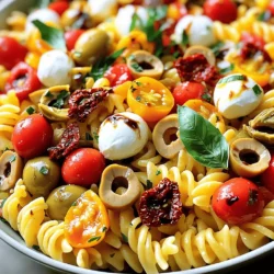- 12 oz fusilli pasta - 1 cup cherry tomatoes, halved - 1 cup fresh mozzarella balls (bocconcini), drained - 1 cup marinated artichoke hearts, chopped - 1/2 cup Kalamata olives, pitted and halved - 1/4 cup sun-dried tomatoes, chopped - 1/4 cup extra virgin olive oil - 2 tablespoons balsamic vinegar - 1 teaspoon garlic powder - Salt and pepper to taste When making Tuscan Pasta Salad, pick fresh and tasty ingredients. The fusilli pasta acts as a great base. It holds the dressing well and gives nice bites. Cherry tomatoes add sweetness and color. Fresh mozzarella brings creaminess to the salad. Next, add marinated artichoke hearts for a tangy twist. Kalamata olives enhance the flavor with their salty kick. Sun-dried tomatoes provide a chewy texture and rich taste. For the dressing, use high-quality extra virgin olive oil. It adds a fruity flavor. Balsamic vinegar brings a hint of sweetness. Garlic powder gives depth. Remember to season with salt and pepper to suit your taste. Check the Full Recipe for more details on making this delightful dish. Enjoy each bite of this vibrant salad! Begin by boiling a large pot of water. Add the fusilli pasta to the pot. Cook it according to the package instructions until it is al dente. This usually takes about 8 to 10 minutes. Once done, drain the pasta in a colander. Rinse it under cold water until it cools down completely. This helps stop the cooking process and keeps the pasta from getting sticky. In a large mixing bowl, add the cooled pasta. Then, toss in the cherry tomatoes, mozzarella balls, chopped artichokes, halved olives, and sun-dried tomatoes. Mixing these fresh and vibrant ingredients creates a colorful base for your salad. In a separate bowl, whisk together the olive oil, balsamic vinegar, garlic powder, salt, and pepper. This dressing will bring all the flavors together. Pour it over the pasta salad mixture. Toss everything gently to coat the pasta and veggies well. Gently fold in the torn basil leaves. This adds a fresh and aromatic touch. Let the salad sit for about 15 minutes. This rest time allows the flavors to meld together beautifully. Serve your Tuscan Pasta Salad chilled or at room temperature for the best taste. For the full recipe, check out Tuscan Delight Pasta Salad! To get the best texture, cook your fusilli pasta until it is al dente. This means it should be firm but not hard. After cooking, rinse the pasta in cold water. This step stops the cooking process and helps prevent sticking. Fresh herbs make a big difference. Use bright basil or parsley for a fresh taste. Let the salad sit for 15 minutes before serving. This allows the flavors to mix and become even better. For a pretty touch, serve your salad with extra cherry tomatoes and fresh basil on top. It adds color and makes it look inviting. Pair your salad with crusty bread. This makes your meal feel complete and satisfying. For the full recipe, check out the Tuscan Delight Pasta Salad . {{image_2}} You can swap fusilli for rotini or penne pasta. These shapes hold the dressing well. If you want more protein, try adding grilled chicken or shrimp. Both options add a nice texture and flavor. Feel free to experiment with dressings. A lemon vinaigrette brings a fresh twist. A creamy dressing can add richness. You can also replace balsamic vinegar with red wine vinegar. This change gives the salad a different, tangy taste. Add seasonal veggies for a fresh taste. Zucchini or bell peppers work great in summer. Roasted or fresh corn adds sweetness. It makes the salad colorful and even more delicious. For the full recipe, check the earlier section! Store your Tuscan Pasta Salad in an airtight container in the fridge. It will stay fresh for up to 3 days. Keeping it sealed helps maintain flavor and texture. Freezing this salad is not a good idea. The pasta will change texture and become mushy when thawed. Enjoy it fresh instead! You can serve the salad cold for a refreshing bite. If you prefer, let it come to room temperature before serving. This allows the flavors to shine. For the best taste, enjoy it as is or after a short rest. Tuscan Pasta Salad can last for up to 3 days when properly sealed. Make sure to store it in an airtight container. This keeps it fresh and tasty. Yes, preparing the salad a few hours in advance allows flavors to meld better. I often make it in the morning for lunch later. The longer it sits, the more the flavors blend. You can use capers or leave them out if you're not a fan. Olives add a nice briny taste, but capers work well too. If you skip them, add a little extra salt. To make it gluten-free, use gluten-free pasta options. Many brands offer great choices that taste just as good. Check the package for cooking times as they may vary. Fresh basil is recommended for the best flavor, but dried basil can work in a pinch. If using dried, use less since it's more concentrated. A little goes a long way! This Tuscan Pasta Salad is easy to make and full of flavor. You learned about key ingredients like fusilli pasta, cherry tomatoes, and mozzarella. The dressing adds a tasty touch, while tips for perfect texture and presentation enhance your dish. Experiment with variations to keep it exciting. Remember, it's best served fresh, but it can last in the fridge for up to three days. Enjoy your delicious salad, and have fun customizing it to your liking!