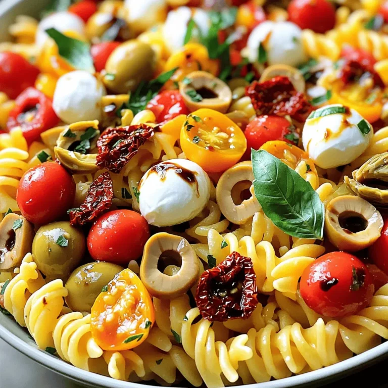 - 12 oz fusilli pasta - 1 cup cherry tomatoes, halved - 1 cup fresh mozzarella balls (bocconcini), drained - 1 cup marinated artichoke hearts, chopped - 1/2 cup Kalamata olives, pitted and halved - 1/4 cup sun-dried tomatoes, chopped - 1/4 cup extra virgin olive oil - 2 tablespoons balsamic vinegar - 1 teaspoon garlic powder - Salt and pepper to taste When making Tuscan Pasta Salad, pick fresh and tasty ingredients. The fusilli pasta acts as a great base. It holds the dressing well and gives nice bites. Cherry tomatoes add sweetness and color. Fresh mozzarella brings creaminess to the salad. Next, add marinated artichoke hearts for a tangy twist. Kalamata olives enhance the flavor with their salty kick. Sun-dried tomatoes provide a chewy texture and rich taste. For the dressing, use high-quality extra virgin olive oil. It adds a fruity flavor. Balsamic vinegar brings a hint of sweetness. Garlic powder gives depth. Remember to season with salt and pepper to suit your taste. Check the Full Recipe for more details on making this delightful dish. Enjoy each bite of this vibrant salad! Begin by boiling a large pot of water. Add the fusilli pasta to the pot. Cook it according to the package instructions until it is al dente. This usually takes about 8 to 10 minutes. Once done, drain the pasta in a colander. Rinse it under cold water until it cools down completely. This helps stop the cooking process and keeps the pasta from getting sticky. In a large mixing bowl, add the cooled pasta. Then, toss in the cherry tomatoes, mozzarella balls, chopped artichokes, halved olives, and sun-dried tomatoes. Mixing these fresh and vibrant ingredients creates a colorful base for your salad. In a separate bowl, whisk together the olive oil, balsamic vinegar, garlic powder, salt, and pepper. This dressing will bring all the flavors together. Pour it over the pasta salad mixture. Toss everything gently to coat the pasta and veggies well. Gently fold in the torn basil leaves. This adds a fresh and aromatic touch. Let the salad sit for about 15 minutes. This rest time allows the flavors to meld together beautifully. Serve your Tuscan Pasta Salad chilled or at room temperature for the best taste. For the full recipe, check out Tuscan Delight Pasta Salad! To get the best texture, cook your fusilli pasta until it is al dente. This means it should be firm but not hard. After cooking, rinse the pasta in cold water. This step stops the cooking process and helps prevent sticking. Fresh herbs make a big difference. Use bright basil or parsley for a fresh taste. Let the salad sit for 15 minutes before serving. This allows the flavors to mix and become even better. For a pretty touch, serve your salad with extra cherry tomatoes and fresh basil on top. It adds color and makes it look inviting. Pair your salad with crusty bread. This makes your meal feel complete and satisfying. For the full recipe, check out the Tuscan Delight Pasta Salad . {{image_2}} You can swap fusilli for rotini or penne pasta. These shapes hold the dressing well. If you want more protein, try adding grilled chicken or shrimp. Both options add a nice texture and flavor. Feel free to experiment with dressings. A lemon vinaigrette brings a fresh twist. A creamy dressing can add richness. You can also replace balsamic vinegar with red wine vinegar. This change gives the salad a different, tangy taste. Add seasonal veggies for a fresh taste. Zucchini or bell peppers work great in summer. Roasted or fresh corn adds sweetness. It makes the salad colorful and even more delicious. For the full recipe, check the earlier section! Store your Tuscan Pasta Salad in an airtight container in the fridge. It will stay fresh for up to 3 days. Keeping it sealed helps maintain flavor and texture. Freezing this salad is not a good idea. The pasta will change texture and become mushy when thawed. Enjoy it fresh instead! You can serve the salad cold for a refreshing bite. If you prefer, let it come to room temperature before serving. This allows the flavors to shine. For the best taste, enjoy it as is or after a short rest. Tuscan Pasta Salad can last for up to 3 days when properly sealed. Make sure to store it in an airtight container. This keeps it fresh and tasty. Yes, preparing the salad a few hours in advance allows flavors to meld better. I often make it in the morning for lunch later. The longer it sits, the more the flavors blend. You can use capers or leave them out if you're not a fan. Olives add a nice briny taste, but capers work well too. If you skip them, add a little extra salt. To make it gluten-free, use gluten-free pasta options. Many brands offer great choices that taste just as good. Check the package for cooking times as they may vary. Fresh basil is recommended for the best flavor, but dried basil can work in a pinch. If using dried, use less since it's more concentrated. A little goes a long way! This Tuscan Pasta Salad is easy to make and full of flavor. You learned about key ingredients like fusilli pasta, cherry tomatoes, and mozzarella. The dressing adds a tasty touch, while tips for perfect texture and presentation enhance your dish. Experiment with variations to keep it exciting. Remember, it's best served fresh, but it can last in the fridge for up to three days. Enjoy your delicious salad, and have fun customizing it to your liking!