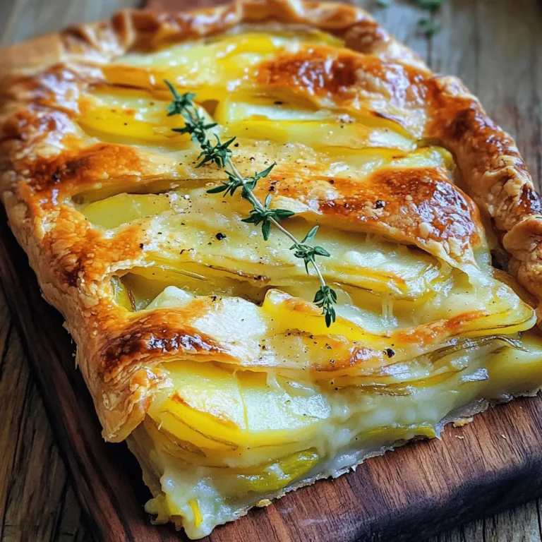 - 2 cups of all-purpose flour - 1/2 cup unsalted butter, chilled and cubed - 1/4 teaspoon salt - 4-5 tablespoons cold water - 4 medium potatoes, peeled and thinly sliced - 2 large leeks, cleaned and sliced (white and light green parts) - 1 cup grated Gruyere cheese - 1 cup heavy cream - 2 large eggs - Salt and pepper to taste - Fresh thyme leaves for garnish When you gather your ingredients, measure them carefully. For the flour, use a dry measuring cup. Scoop the flour and level it off with a knife. For butter, ensure it is cold for a flaky crust. Leeks should be cleaned well to remove dirt. Slice them thinly to ensure even cooking. Choose firm potatoes with no bruises. Look for leeks that are bright and crisp. Avoid any that feel soft or have brown spots. For Gruyere cheese, select a block instead of pre-grated to ensure better melting. Fresh thyme should smell fragrant, and the leaves should be vibrant. These steps will help your pie taste great! First, you need to make the pie crust. In a mixing bowl, combine 2 cups of all-purpose flour and 1/4 teaspoon salt. Then, add 1/2 cup of chilled, cubed unsalted butter. Use your fingers or a pastry cutter to mix until you see coarse crumbs. Gradually add cold water, about 4 to 5 tablespoons, one tablespoon at a time. Keep mixing until the dough starts to come together. Form the dough into a disc, wrap it in plastic wrap, and chill it for at least 30 minutes. Next, let's sauté the leeks. Heat a splash of olive oil or butter in a skillet over medium heat. Add 2 large, cleaned, and sliced leeks. Cook them for about 5 minutes until they are soft and slightly caramelized. Remember to add a pinch of salt and pepper for flavor. This step brings out their natural sweetness and adds depth to your pie. Now, it's time to layer the pie. Preheat your oven to 375°F (190°C). Roll out the chilled crust to fit a greased pie dish. Press the crust into the bottom and sides of the dish. Place half of the sliced potatoes in the crust. Then, add half of the sautéed leeks and sprinkle with 1 cup of grated Gruyere cheese. Repeat these layers with the remaining ingredients. In a bowl, whisk together 1 cup of heavy cream, 2 large eggs, salt, and pepper. Pour this mixture evenly over the layers. Bake the pie for 45-50 minutes until the top is golden brown and the filling is set. After baking, let the pie cool for 10-15 minutes before slicing. Enjoy your savory potato pie with leeks and Gruyere! Find the full recipe for more details. When making potato pie, a few errors can happen. First, avoid cutting the potatoes too thick. Thin slices cook better and create a creamy texture. Second, don’t skip sautéing the leeks. This step brings out their sweet flavor. Lastly, be careful not to overfill the pie. Too much filling can cause overflow during baking. You can boost the taste of your potato pie in simple ways. Try adding garlic while sautéing the leeks for an extra kick. Fresh herbs like rosemary or oregano also work wonders. If you want a bolder flavor, mix in some smoked paprika or cayenne pepper. These spices add warmth without overpowering the dish. Serve your potato pie with flair. Cut neat slices and place them on a rustic wooden board. Garnish each slice with fresh thyme leaves for a pop of color. For added charm, drizzle a bit of olive oil around the edge of the serving board. Pair your pie with a light salad for a complete meal. Don’t forget to check the Full Recipe for more tips! {{image_2}} You can switch some ingredients to change the flavor. Use sweet potatoes instead of regular potatoes. They add a nice sweetness. Instead of Gruyere, try cheddar or feta. Each cheese brings its own taste to the pie. If you don’t have leeks, onions work well too. They add a great flavor to the mix. Want to spice things up? Add cooked bacon or ham for a savory kick. You can also toss in some spinach or kale for added greens. These ingredients make the pie heartier and more colorful. Try adding herbs like dill or rosemary for a fresh twist. They can brighten the dish with new flavors. To keep this dish vegetarian, skip the meat and focus on veggies. Add mushrooms for a nice earthy taste. You could also use different cheeses like goat cheese or mozzarella. This keeps the pie creamy while adding unique flavors. Consider using plant-based cream for a dairy-free option. It still tastes great and fits the vegetarian theme. Store leftover potato pie in an airtight container. Make sure to cool it to room temperature first. Place the pie in the fridge, where it will last for about 3 to 4 days. If you want to enjoy it later, consider freezing it. To reheat the pie, preheat your oven to 350°F (175°C). Place the pie on a baking sheet. Cover it with foil to keep it from browning too much. Heat for about 20-25 minutes, or until warm. You can also use the microwave, heating slices for about 1-2 minutes. To freeze the potato pie, let it cool completely. Wrap it tightly in plastic wrap, then foil. This helps prevent freezer burn. It can be stored in the freezer for up to 3 months. When you’re ready to eat it, thaw it overnight in the fridge before reheating. For the full recipe, check out the Savory Potato & Leek Gruyere Pie. You can serve many tasty sides with potato pie. A fresh green salad pairs well. A light vinaigrette adds a nice touch. Roasted vegetables also make a great side. Try carrots, zucchini, or Brussels sprouts for color and flavor. A simple soup, like tomato or vegetable, works too. This adds warmth and comfort to your meal. To make a flakier crust, use cold ingredients. Chill your butter and water before mixing. You can even chill your flour for extra coldness. Don’t overwork the dough; mix just until combined. This keeps the crust tender. You can also use a food processor for quick mixing. Lastly, let the dough rest in the fridge before rolling it out. This helps to relax the gluten. Yes, you can prepare the potato pie ahead of time. You can make the crust a day before. Store it wrapped in plastic in the fridge. You can also layer the filling the night before. Just cover the pie with plastic wrap and chill. When ready, pour the cream mixture over and bake. This makes it easy for a busy day. Enjoy the flavors that deepen overnight! We explored the best ingredients for potato pie, from measurements to quality tips. I shared step-by-step instructions to help you prepare the pie crust and sauté the leeks. We looked at tips to avoid common mistakes and ways to enhance flavors. You learned about variations to make the pie unique. Finally, we covered storage tips to keep your leftovers fresh. Enjoy making your potato pie, and have fun experimenting with flavors and ingredients!