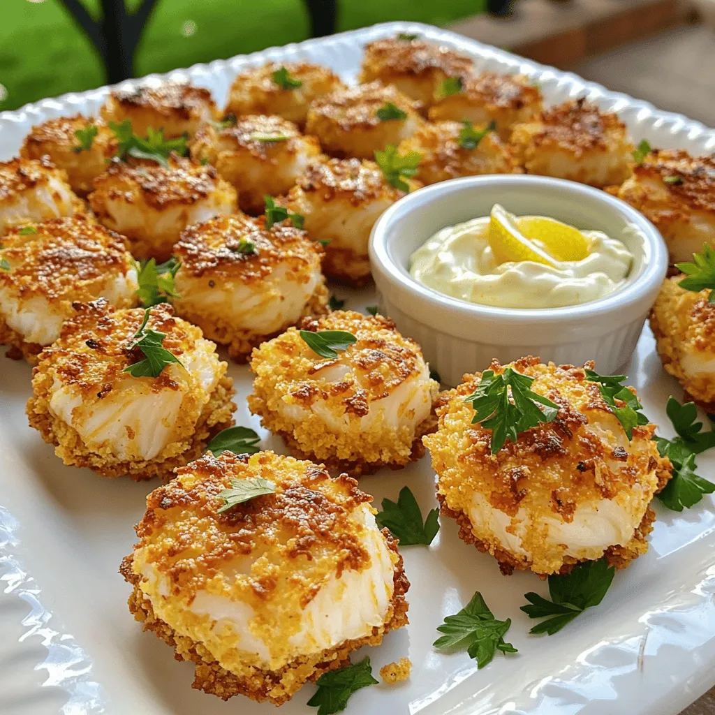 - 1 cup lump crab meat, drained - 1/2 cup cream cheese, softened - 1/4 cup mayonnaise - 1/4 cup grated Parmesan cheese - 1 tablespoon Dijon mustard - 1 tablespoon lemon juice - 1 teaspoon Old Bay seasoning - 1/2 teaspoon garlic powder - 1/4 teaspoon cayenne pepper (optional for heat) - 1/4 cup green onions, finely chopped - 1 package (1 sleeve) of buttery crackers, crushed - Fresh parsley for garnish I love using lump crab meat for these bites. It gives a rich taste and a nice texture. Cream cheese and mayonnaise make a creamy base. They blend well and help hold everything together. You can’t skip the Old Bay seasoning. It gives that classic crab flavor that everyone loves. You can change the flavor with different seasonings. Add more lemon juice for tang. Try fresh herbs like dill or cilantro for a twist. For cheese, you can swap in cheddar or gouda for a different taste. If you have dietary needs, there are swaps you can make. Use gluten-free crackers to keep it safe for gluten-free diets. For a dairy-free version, look for vegan cheese and mayo. Each change can make these crab bites fit your needs while keeping them tasty. For the full recipe, check out the details above! First, you need to preheat your oven to 350°F (175°C). This step is key for even cooking. While that heats up, line a baking sheet with parchment paper. This paper keeps the crab bites from sticking, making cleanup a breeze. In a mixing bowl, start with cream cheese and add mayonnaise, Parmesan cheese, Dijon mustard, lemon juice, Old Bay seasoning, garlic powder, and cayenne pepper if you like some heat. Mix it all together until it’s smooth. To get that perfect texture, make sure your cream cheese is soft. This helps everything blend nicely. Now it’s time to fold in the lump crab meat and green onions. Be gentle! You don’t want to break the crab too much. In a shallow bowl, pour in the crushed buttery crackers. Using a tablespoon, scoop the crab mixture and form it into small balls. Roll each ball in the crackers until fully coated. Place them on your baking sheet with some space between them. Bake your crab bites for about 20-25 minutes. You want them to be golden brown and heated through. Once done, let them cool for a bit before moving them to a serving platter. Enjoy these tasty bites warm! For the Full Recipe, check out the details above. For the best flavor, adjust your seasonings. You can add more Old Bay seasoning or a splash of hot sauce for a kick. Fresh herbs like dill or chives can elevate the taste, too. When it comes to texture, you want a nice crunch. Use crushed crackers as a coating. Panko breadcrumbs also work well if you want an extra crispy bite. Bake them until golden brown for that perfect crunch. Dipping sauces can make your crab bites shine. I love serving them with cocktail sauce or zesty lemon aioli. You can also try a creamy ranch or spicy sriracha mayo. For a complete meal, pair these bites with a fresh salad or some roasted veggies. You can also serve them on a platter with a variety of sauces. This way, friends and family can pick their favorite. Enjoy making these bites a star at your next gathering! {{image_2}} You can make baked crab bites even more exciting with flavor twists. Try adding spicy elements like jalapeños or a splash of hot sauce. This brings a nice kick to each bite. You can also change the cheese. Instead of just Parmesan, think about using cheddar or a creamy goat cheese. Fresh herbs, like dill or chives, can add a fresh taste. These changes can help you create a unique dish. For those watching carbs, you can use alternatives. Swap regular cream cheese for a low-carb version. You can also use crushed pork rinds instead of crackers. They add crunch without the carbs. If you want a vegan option, use plant-based crab substitutes. Cream cheese can be replaced with vegan cream cheese. Mayonnaise can also be swapped for a vegan brand. These changes keep the flavor but fit different diets. Each variation keeps the spirit of the baked crab bites while catering to your needs. Enjoy experimenting with these ideas! To keep your Baked Crab Bites fresh, store them in an airtight container. Place a paper towel at the bottom of the container to absorb moisture. Seal the lid tightly to avoid air exposure. You can refrigerate them for up to three days. For longer storage, I recommend freezing them. Wrap each crab bite in plastic wrap, then place them in a freezer bag. This helps prevent freezer burn. Properly stored, they can last up to three months in the freezer. When you're ready to enjoy leftovers, reheating them right is key. You can use an oven or an air fryer for the best results. Preheat your oven to 350°F (175°C). Place the crab bites on a baking sheet. Heat them for about 10-15 minutes until they're warm and crispy again. If using an air fryer, set it to 350°F (175°C) and heat for about 5-7 minutes. This keeps the texture nice and crunchy. Avoid using a microwave, as it makes them soggy. Yes, you can use canned crab meat. Canned crab is convenient and saves time. It also has a longer shelf life. However, fresh crab often tastes better. Fresh crab has a sweeter flavor and a firmer texture. Canned crab can be mushy and less flavorful. When using canned crab, drain it well to remove excess liquid. This way, your crab bites stay creamy but not soggy. To add heat, try using cayenne pepper or hot sauce. You can mix these spices into the creamy base. For a bolder kick, add diced jalapeños. Another option is to sprinkle red pepper flakes on top before baking. Adjust the spice to suit your taste. Start with a small amount and add more if needed. This way, you can control the heat level in your baked crab bites. Baked crab bites pair well with many sides and drinks. Serve them with cocktail sauce for dipping. A zesty lemon aioli is also a great choice. For sides, think about a fresh salad or crunchy veggies. These add a nice contrast to the rich crab bites. For drinks, try white wine or a light beer. Both complement the flavors in the crab bites well. You can find the complete Baked Crab Bites recipe [here](#). This will guide you through each step to make these tasty bites. Enjoy cooking and impressing your friends and family! Baked crab bites are fun to make and delicious to eat. We covered all the essentials, from the key ingredients like crab meat and cream cheese to options for making them fit your diet. The step-by-step guide showed how to prep, mix, shape, and bake perfectly. With tips for extra flavor and even variations, you can create your ideal crab bite. Store leftovers well and reheat carefully for best results. Enjoy your tasty creation and impress everyone with your skills!