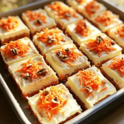 To create these delicious carrot cake bars, you need simple ingredients. Here’s what you will need: - 2 cups grated carrots (about 3-4 medium carrots) - 1 cup all-purpose flour - 1 cup almond flour - 1 teaspoon baking powder - 1/2 teaspoon baking soda - 1 teaspoon ground cinnamon - 1/2 teaspoon ground nutmeg - 1/4 teaspoon salt - 1/2 cup granulated sugar - 1/2 cup packed brown sugar - 1/2 cup vegetable oil - 3 large eggs - 1 teaspoon vanilla extract - 1/2 cup crushed pineapple, drained - 1/2 cup chopped walnuts or pecans (optional) - 1/2 cup raisins (optional) - 1 cup cream cheese frosting (store-bought or homemade) These ingredients blend well together to make a moist and flavorful treat. Grated carrots add natural sweetness and moisture. The mix of flours gives the bars a nice texture. If you want to enhance the flavor of your carrot cake bars, consider adding: - 1/2 cup chopped nuts (like walnuts or pecans) - 1/2 cup raisins - A pinch of ginger for some spice - Some orange zest for a fresh taste These flavors complement the carrots and create a richer taste. You can mix and match these options based on what you like. If you have allergies or dietary needs, here are some easy swaps: - Use gluten-free flour blend instead of all-purpose flour. - Replace almond flour with oat flour or coconut flour. - Substitute eggs with flax eggs (1 tablespoon ground flaxseed + 2.5 tablespoons water per egg). - Use a dairy-free cream cheese for frosting. These substitutions keep the spirit of the recipe while making it safe for everyone. Always check labels for allergens when trying new products. For the full recipe, you can refer to the note above. First, preheat your oven to 350°F (175°C). This step warms your oven for even baking. Next, grab a 9x13 inch baking pan. Grease it well or line it with parchment paper. This makes removing the bars much easier later. In a large bowl, add the following dry ingredients: - 1 cup all-purpose flour - 1 cup almond flour - 1 teaspoon baking powder - 1/2 teaspoon baking soda - 1 teaspoon ground cinnamon - 1/2 teaspoon ground nutmeg - 1/4 teaspoon salt Stir these together until they are well mixed. This blend gives the bars their nice texture and flavor. In another bowl, mix together: - 1/2 cup granulated sugar - 1/2 cup packed brown sugar - 1/2 cup vegetable oil Whisk this mixture until it is smooth. Then, add in three large eggs, one at a time. Make sure to whisk after each egg. Next, stir in 1 teaspoon vanilla extract and 1/2 cup drained crushed pineapple. This mix adds moisture and sweetness to your bars. Now, slowly fold the dry mix into the wet mix. Do this gently to avoid overmixing. Once combined, add in: - 2 cups grated carrots - 1/2 cup chopped walnuts or pecans (optional) - 1/2 cup raisins (optional) Pour the batter into your prepared pan. Spread it out evenly. Bake for 25-30 minutes. To check if they’re done, insert a toothpick into the center. If it comes out clean, they are ready! Once baked, let the cake bars cool in the pan on a wire rack for about 15 minutes. After that, remove them from the pan to cool completely. Spread 1 cup of cream cheese frosting over the top. For an extra touch, dust with cinnamon or add edible flowers. Cut into squares or rectangles and serve. Enjoy this simple and tasty treat! For the complete recipe, check out the Full Recipe. To keep your carrot cake bars moist, do not overmix the batter. Mix until no dry spots remain. Also, avoid baking too long. Check for doneness with a toothpick. If it comes out clean, your bars are ready. You can also add crushed pineapple, which adds moisture and flavor. To ensure even baking, use an oven thermometer. This helps you know if your oven runs hot or cold. Rotate the baking pan halfway through the baking time. This makes sure all sides bake evenly. Lastly, let the bars cool in the pan for a bit before moving them. For smooth cream cheese frosting, use room temperature cheese. Whip it until fluffy before adding sugar. Gradually add sugar to avoid clumps. If it's too thick, add a splash of milk. If you want extra flavor, add a touch of vanilla or lemon juice. This makes the frosting extra tasty! You can find the full recipe at the top of the article. {{image_2}} You can make these carrot cake bars a bit healthier. Swap all-purpose flour for whole wheat flour. This change adds fiber and nutrients. You can also cut the sugar in half. Use a mix of granulated sugar and a natural sweetener like honey or maple syrup. This way, you can enjoy the same great taste with less sugar. Adding spices can elevate your carrot cake bars. Try a pinch of ginger or cardamom for a warm kick. You might also consider adding vanilla bean paste instead of vanilla extract. This change gives a deeper flavor. Don't forget to add some orange zest for a fresh twist. It pairs well with the carrots and adds bright notes. For a gluten-free version, use a blend of gluten-free flours. Almond flour and coconut flour can work well together. If you want to make these bars vegan, replace eggs with flax eggs. Mix one tablespoon of ground flaxseed with three tablespoons of water. Let it sit until it thickens. You can also use applesauce or mashed bananas as a binding agent. These swaps let everyone enjoy this delightful treat! For more tips on making these variations, check out the Full Recipe. To store your carrot cake bars, use an airtight container. This keeps them fresh and moist. Place parchment paper between layers to prevent sticking. You can also cover the bars with plastic wrap. This method works well if you plan to eat them soon. When stored properly, carrot cake bars last about 5 days at room temperature. If you place them in the fridge, they can last up to 7 days. The flavors deepen as they sit, making each bite even more delicious. If you want to keep them longer, freezing is a great option. Wrap each bar tightly in plastic wrap. Then, place them in a freezer-safe bag or container. They can last up to 3 months in the freezer. To enjoy, thaw them in the fridge overnight or at room temperature for a few hours. For more details, check out the Full Recipe. Yes, you can make these carrot cake bars ahead of time. Bake them, cool them, and frost them. Store them in an airtight container in the fridge. They will stay fresh for about 3 to 5 days. This makes them great for parties or gatherings. If you don't have almond flour, use more all-purpose flour instead. You can also use oat flour or coconut flour if you prefer. Just remember, using a different flour may change the texture a bit. You can check if the bars are done by inserting a toothpick in the center. If it comes out clean or with a few crumbs, they are ready. Baking usually takes about 25 to 30 minutes. Keep an eye on them towards the end. Absolutely! You can use any frosting you like. Cream cheese frosting is classic, but vanilla or chocolate buttercream works well too. You can even try a simple glaze made with powdered sugar and milk for a lighter touch. These bars pair well with a hot cup of tea or coffee. A scoop of vanilla ice cream on the side adds a nice touch. Fresh fruits like berries or a slice of orange also complement the flavors beautifully. For more ideas, check out the Full Recipe. These carrot cake bars are simple and fun to make. You learned about the key ingredients, easy steps, and helpful tips to create a moist treat. You can even customize the bars to fit different diets. Remember to store them well for lasting freshness. Baking is all about enjoying the process. So gather your ingredients and start baking. You’ll create something delicious that everyone will love!