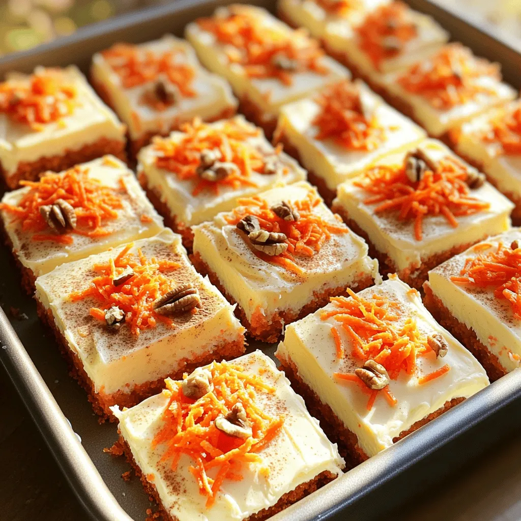 To create these delicious carrot cake bars, you need simple ingredients. Here’s what you will need: - 2 cups grated carrots (about 3-4 medium carrots) - 1 cup all-purpose flour - 1 cup almond flour - 1 teaspoon baking powder - 1/2 teaspoon baking soda - 1 teaspoon ground cinnamon - 1/2 teaspoon ground nutmeg - 1/4 teaspoon salt - 1/2 cup granulated sugar - 1/2 cup packed brown sugar - 1/2 cup vegetable oil - 3 large eggs - 1 teaspoon vanilla extract - 1/2 cup crushed pineapple, drained - 1/2 cup chopped walnuts or pecans (optional) - 1/2 cup raisins (optional) - 1 cup cream cheese frosting (store-bought or homemade) These ingredients blend well together to make a moist and flavorful treat. Grated carrots add natural sweetness and moisture. The mix of flours gives the bars a nice texture. If you want to enhance the flavor of your carrot cake bars, consider adding: - 1/2 cup chopped nuts (like walnuts or pecans) - 1/2 cup raisins - A pinch of ginger for some spice - Some orange zest for a fresh taste These flavors complement the carrots and create a richer taste. You can mix and match these options based on what you like. If you have allergies or dietary needs, here are some easy swaps: - Use gluten-free flour blend instead of all-purpose flour. - Replace almond flour with oat flour or coconut flour. - Substitute eggs with flax eggs (1 tablespoon ground flaxseed + 2.5 tablespoons water per egg). - Use a dairy-free cream cheese for frosting. These substitutions keep the spirit of the recipe while making it safe for everyone. Always check labels for allergens when trying new products. For the full recipe, you can refer to the note above. First, preheat your oven to 350°F (175°C). This step warms your oven for even baking. Next, grab a 9x13 inch baking pan. Grease it well or line it with parchment paper. This makes removing the bars much easier later. In a large bowl, add the following dry ingredients: - 1 cup all-purpose flour - 1 cup almond flour - 1 teaspoon baking powder - 1/2 teaspoon baking soda - 1 teaspoon ground cinnamon - 1/2 teaspoon ground nutmeg - 1/4 teaspoon salt Stir these together until they are well mixed. This blend gives the bars their nice texture and flavor. In another bowl, mix together: - 1/2 cup granulated sugar - 1/2 cup packed brown sugar - 1/2 cup vegetable oil Whisk this mixture until it is smooth. Then, add in three large eggs, one at a time. Make sure to whisk after each egg. Next, stir in 1 teaspoon vanilla extract and 1/2 cup drained crushed pineapple. This mix adds moisture and sweetness to your bars. Now, slowly fold the dry mix into the wet mix. Do this gently to avoid overmixing. Once combined, add in: - 2 cups grated carrots - 1/2 cup chopped walnuts or pecans (optional) - 1/2 cup raisins (optional) Pour the batter into your prepared pan. Spread it out evenly. Bake for 25-30 minutes. To check if they’re done, insert a toothpick into the center. If it comes out clean, they are ready! Once baked, let the cake bars cool in the pan on a wire rack for about 15 minutes. After that, remove them from the pan to cool completely. Spread 1 cup of cream cheese frosting over the top. For an extra touch, dust with cinnamon or add edible flowers. Cut into squares or rectangles and serve. Enjoy this simple and tasty treat! For the complete recipe, check out the Full Recipe. To keep your carrot cake bars moist, do not overmix the batter. Mix until no dry spots remain. Also, avoid baking too long. Check for doneness with a toothpick. If it comes out clean, your bars are ready. You can also add crushed pineapple, which adds moisture and flavor. To ensure even baking, use an oven thermometer. This helps you know if your oven runs hot or cold. Rotate the baking pan halfway through the baking time. This makes sure all sides bake evenly. Lastly, let the bars cool in the pan for a bit before moving them. For smooth cream cheese frosting, use room temperature cheese. Whip it until fluffy before adding sugar. Gradually add sugar to avoid clumps. If it's too thick, add a splash of milk. If you want extra flavor, add a touch of vanilla or lemon juice. This makes the frosting extra tasty! You can find the full recipe at the top of the article. {{image_2}} You can make these carrot cake bars a bit healthier. Swap all-purpose flour for whole wheat flour. This change adds fiber and nutrients. You can also cut the sugar in half. Use a mix of granulated sugar and a natural sweetener like honey or maple syrup. This way, you can enjoy the same great taste with less sugar. Adding spices can elevate your carrot cake bars. Try a pinch of ginger or cardamom for a warm kick. You might also consider adding vanilla bean paste instead of vanilla extract. This change gives a deeper flavor. Don't forget to add some orange zest for a fresh twist. It pairs well with the carrots and adds bright notes. For a gluten-free version, use a blend of gluten-free flours. Almond flour and coconut flour can work well together. If you want to make these bars vegan, replace eggs with flax eggs. Mix one tablespoon of ground flaxseed with three tablespoons of water. Let it sit until it thickens. You can also use applesauce or mashed bananas as a binding agent. These swaps let everyone enjoy this delightful treat! For more tips on making these variations, check out the Full Recipe. To store your carrot cake bars, use an airtight container. This keeps them fresh and moist. Place parchment paper between layers to prevent sticking. You can also cover the bars with plastic wrap. This method works well if you plan to eat them soon. When stored properly, carrot cake bars last about 5 days at room temperature. If you place them in the fridge, they can last up to 7 days. The flavors deepen as they sit, making each bite even more delicious. If you want to keep them longer, freezing is a great option. Wrap each bar tightly in plastic wrap. Then, place them in a freezer-safe bag or container. They can last up to 3 months in the freezer. To enjoy, thaw them in the fridge overnight or at room temperature for a few hours. For more details, check out the Full Recipe. Yes, you can make these carrot cake bars ahead of time. Bake them, cool them, and frost them. Store them in an airtight container in the fridge. They will stay fresh for about 3 to 5 days. This makes them great for parties or gatherings. If you don't have almond flour, use more all-purpose flour instead. You can also use oat flour or coconut flour if you prefer. Just remember, using a different flour may change the texture a bit. You can check if the bars are done by inserting a toothpick in the center. If it comes out clean or with a few crumbs, they are ready. Baking usually takes about 25 to 30 minutes. Keep an eye on them towards the end. Absolutely! You can use any frosting you like. Cream cheese frosting is classic, but vanilla or chocolate buttercream works well too. You can even try a simple glaze made with powdered sugar and milk for a lighter touch. These bars pair well with a hot cup of tea or coffee. A scoop of vanilla ice cream on the side adds a nice touch. Fresh fruits like berries or a slice of orange also complement the flavors beautifully. For more ideas, check out the Full Recipe. These carrot cake bars are simple and fun to make. You learned about the key ingredients, easy steps, and helpful tips to create a moist treat. You can even customize the bars to fit different diets. Remember to store them well for lasting freshness. Baking is all about enjoying the process. So gather your ingredients and start baking. You’ll create something delicious that everyone will love!