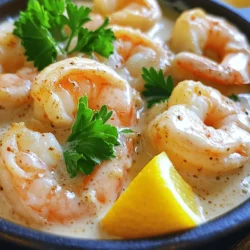 - 1 pound large shrimp, peeled and deveined - 4 cloves garlic, minced - 1 cup heavy cream - 1 tablespoon olive oil - 1 tablespoon butter - 1 teaspoon paprika - Salt and pepper to taste - 2 tablespoons fresh parsley, chopped (for garnish) - 1 lemon, juiced In this dish, shrimp are the star. I love using large shrimp because they stay juicy and tender when cooked. Make sure to peel and devein them for a better texture. Garlic adds a punch of flavor. In this recipe, we use four cloves, minced finely to release their aroma. The sauce comes from heavy cream. It makes the dish rich and smooth. I choose heavy cream for its creamy texture, but you can try alternatives too. Olive oil and butter create a great base for cooking. The butter gives a nice flavor while the oil helps prevent burning. For seasoning, a teaspoon of paprika adds warmth. Adjust the salt and pepper to suit your taste. Fresh parsley not only looks nice but adds a fresh taste. A squeeze of lemon juice at the end brightens every bite. You can find the full recipe above to enjoy this creamy garlic shrimp dish at home! First, let's prepare the shrimp. I like to start by peeling and deveining the shrimp. This makes them clean and ready to cook. You can use fresh or frozen shrimp, but thaw frozen shrimp beforehand. Next, mince the garlic finely. This step is crucial since garlic adds great flavor. Finally, chop the parsley for garnish. It adds a lovely touch to your dish. Now, heat a tablespoon of olive oil and a tablespoon of butter in a large skillet over medium heat. Wait until the butter melts and starts bubbling. This is when you add the minced garlic. Sauté it for about 1-2 minutes. Be careful not to burn the garlic; you want it fragrant. Next, increase the heat to medium-high and add the shrimp to the skillet. Sprinkle paprika, salt, and pepper over them. Cook the shrimp for about 2-3 minutes on each side. They should turn pink and opaque when done. After that, reduce the heat to medium-low. Pour in 1 cup of heavy cream and stir it all together. Let it simmer for about 3-4 minutes. You want the sauce to thicken slightly. Stir occasionally to keep everything mixed well. Squeeze the juice of one lemon into the skillet. This adds a nice brightness to the dish. Stir it well and taste the sauce. Adjust the seasoning if needed. Finally, remove the skillet from the heat. Garnish your dish with the fresh parsley you chopped earlier. This adds color and flavor. Serve your creamy garlic shrimp warm. Enjoy your meal with some crusty bread or over pasta for a complete dish. For the full recipe, refer to the earlier sections. - Optimal shrimp cooking time: Cook your shrimp for about 2-3 minutes on each side. Look for a pink color and opaque look. This shows they are done. Overcooking will make them tough. Watch closely for perfect shrimp! - How to prevent overcooking garlic: Sauté garlic for only 1-2 minutes. You want it fragrant, not brown. Burnt garlic can ruin your dish. Stir it well and keep an eye on it! - Achieving the perfect creamy consistency: Pour in the heavy cream and let it simmer. Stir occasionally. This helps it thicken just right. You want a rich, smooth sauce that clings to the shrimp. - Flavor adjustments with additional spices: Add spices like cayenne for heat or herbs for freshness. Consider a splash of white wine for added depth. Taste as you go to find your perfect blend. These tips will help you master the Easy Creamy Garlic Shrimp recipe. If you need more details, check the Full Recipe! {{image_2}} You can easily switch up the proteins in this dish. If you prefer something different, try using scallops or chicken. Both options cook well and soak up the creamy sauce nicely. For a lighter choice, shrimp remains the star, but scallops add a sweet touch. If you want a vegan option, use coconut cream instead of heavy cream. It provides a rich texture and a hint of coconut flavor. Tofu is another great alternative; it absorbs flavors well. Just be sure to cube it and sauté it until golden for the best taste. Adding more veggies can boost the dish's nutrition and taste. Spinach wilts beautifully in the creamy sauce and adds color. Bell peppers give a nice crunch and sweetness. Simply toss them in with the shrimp to cook until tender. Herbs can elevate your creamy garlic shrimp even more. Fresh basil adds a sweet, aromatic touch, while thyme gives an earthy flavor. You can sprinkle them in right before serving for the best results. They offer a fresh contrast to the rich creaminess of the dish. For the full recipe, check out the complete guide to making this dish. Store leftover creamy garlic shrimp in an airtight container. This keeps the dish fresh. You can keep it in the fridge for up to three days. Make sure it cools down before putting it away. This helps prevent bacteria growth. For longer storage, you can freeze creamy garlic shrimp. Place it in a freezer-safe container or bag. Remove as much air as possible to prevent freezer burn. It can last in the freezer for up to three months. When you're ready to eat it, thaw in the fridge overnight. Reheat it gently on the stove over low heat. Stir often to keep it creamy and prevent sticking. You can also add a splash of cream if it seems too thick. Enjoy the rich flavors again! For the full recipe, check out the link above. How to make creamy garlic shrimp from scratch? Making creamy garlic shrimp is easy. Start by heating olive oil and butter in a skillet. Add minced garlic and cook until fragrant. Next, add shrimp and season with paprika, salt, and pepper. Cook until shrimp turn pink. Pour in heavy cream and let it simmer. Finally, add lemon juice and garnish with parsley. For the full recipe, check the earlier section. Can I use frozen shrimp for this recipe? Yes, you can use frozen shrimp! Just make sure to thaw them first. You can do this overnight in the fridge or quickly in cold water. Once thawed, pat them dry before cooking. What can I serve with creamy garlic shrimp? Creamy garlic shrimp pairs well with many sides. You can serve it over pasta, rice, or quinoa. It also goes great with garlic bread or a fresh salad. Can I use a different type of cream? Absolutely! You can use half-and-half or even sour cream. Just remember that using lighter cream may change the dish's richness. What can replace shrimp in this recipe? If you want to replace shrimp, try scallops or chicken. Tofu is a great vegan option too. Just adjust the cooking times to ensure everything cooks through. This blog post showed you how to make creamy garlic shrimp. You learned about the main ingredients, cooking steps, and helpful tips. You can swap ingredients to suit your taste. Whether you want to store it or serve it, our guide has you covered. Now, it's time for you to make this dish. Enjoy the flavors and impress your friends!