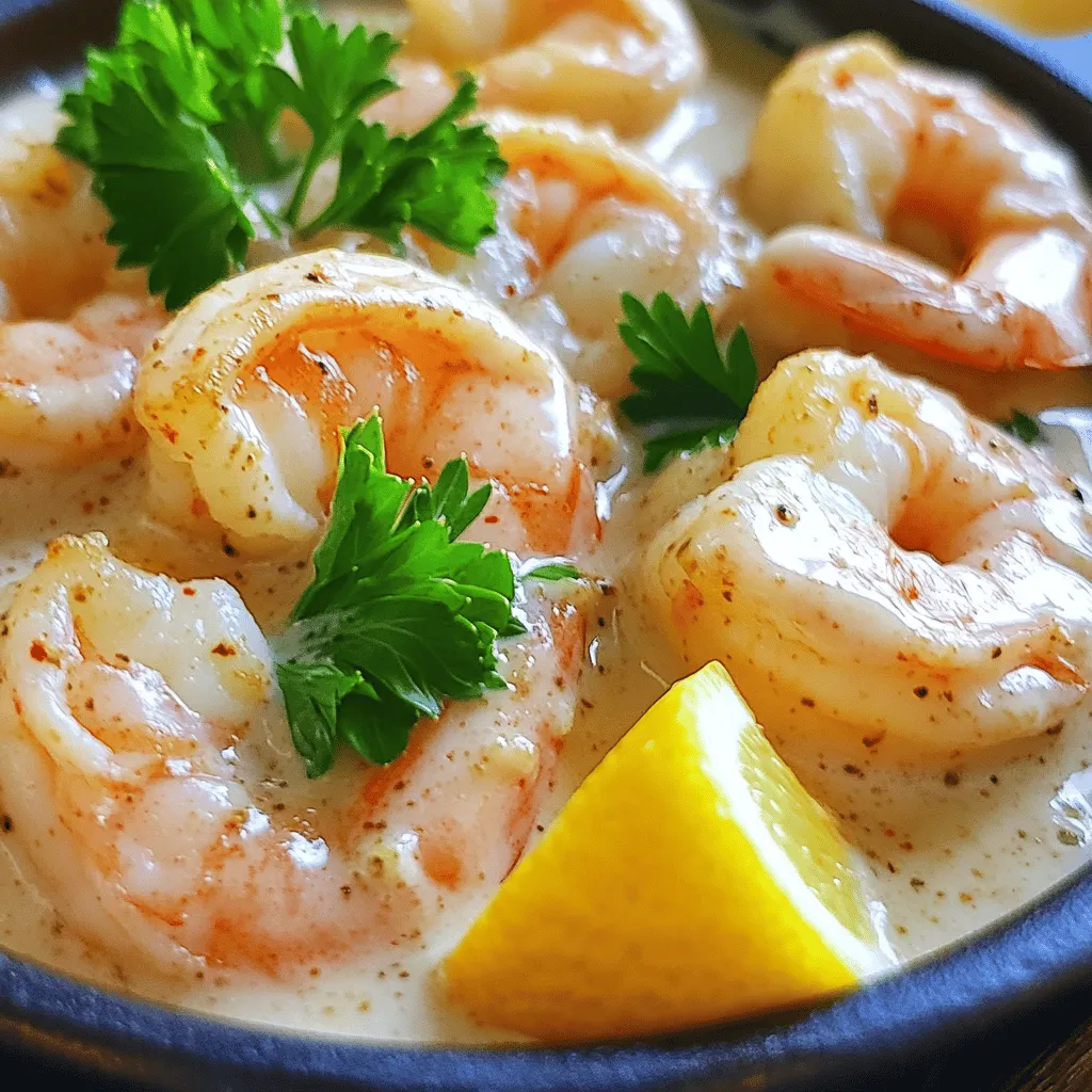 - 1 pound large shrimp, peeled and deveined - 4 cloves garlic, minced - 1 cup heavy cream - 1 tablespoon olive oil - 1 tablespoon butter - 1 teaspoon paprika - Salt and pepper to taste - 2 tablespoons fresh parsley, chopped (for garnish) - 1 lemon, juiced In this dish, shrimp are the star. I love using large shrimp because they stay juicy and tender when cooked. Make sure to peel and devein them for a better texture. Garlic adds a punch of flavor. In this recipe, we use four cloves, minced finely to release their aroma. The sauce comes from heavy cream. It makes the dish rich and smooth. I choose heavy cream for its creamy texture, but you can try alternatives too. Olive oil and butter create a great base for cooking. The butter gives a nice flavor while the oil helps prevent burning. For seasoning, a teaspoon of paprika adds warmth. Adjust the salt and pepper to suit your taste. Fresh parsley not only looks nice but adds a fresh taste. A squeeze of lemon juice at the end brightens every bite. You can find the full recipe above to enjoy this creamy garlic shrimp dish at home! First, let's prepare the shrimp. I like to start by peeling and deveining the shrimp. This makes them clean and ready to cook. You can use fresh or frozen shrimp, but thaw frozen shrimp beforehand. Next, mince the garlic finely. This step is crucial since garlic adds great flavor. Finally, chop the parsley for garnish. It adds a lovely touch to your dish. Now, heat a tablespoon of olive oil and a tablespoon of butter in a large skillet over medium heat. Wait until the butter melts and starts bubbling. This is when you add the minced garlic. Sauté it for about 1-2 minutes. Be careful not to burn the garlic; you want it fragrant. Next, increase the heat to medium-high and add the shrimp to the skillet. Sprinkle paprika, salt, and pepper over them. Cook the shrimp for about 2-3 minutes on each side. They should turn pink and opaque when done. After that, reduce the heat to medium-low. Pour in 1 cup of heavy cream and stir it all together. Let it simmer for about 3-4 minutes. You want the sauce to thicken slightly. Stir occasionally to keep everything mixed well. Squeeze the juice of one lemon into the skillet. This adds a nice brightness to the dish. Stir it well and taste the sauce. Adjust the seasoning if needed. Finally, remove the skillet from the heat. Garnish your dish with the fresh parsley you chopped earlier. This adds color and flavor. Serve your creamy garlic shrimp warm. Enjoy your meal with some crusty bread or over pasta for a complete dish. For the full recipe, refer to the earlier sections. - Optimal shrimp cooking time: Cook your shrimp for about 2-3 minutes on each side. Look for a pink color and opaque look. This shows they are done. Overcooking will make them tough. Watch closely for perfect shrimp! - How to prevent overcooking garlic: Sauté garlic for only 1-2 minutes. You want it fragrant, not brown. Burnt garlic can ruin your dish. Stir it well and keep an eye on it! - Achieving the perfect creamy consistency: Pour in the heavy cream and let it simmer. Stir occasionally. This helps it thicken just right. You want a rich, smooth sauce that clings to the shrimp. - Flavor adjustments with additional spices: Add spices like cayenne for heat or herbs for freshness. Consider a splash of white wine for added depth. Taste as you go to find your perfect blend. These tips will help you master the Easy Creamy Garlic Shrimp recipe. If you need more details, check the Full Recipe! {{image_2}} You can easily switch up the proteins in this dish. If you prefer something different, try using scallops or chicken. Both options cook well and soak up the creamy sauce nicely. For a lighter choice, shrimp remains the star, but scallops add a sweet touch. If you want a vegan option, use coconut cream instead of heavy cream. It provides a rich texture and a hint of coconut flavor. Tofu is another great alternative; it absorbs flavors well. Just be sure to cube it and sauté it until golden for the best taste. Adding more veggies can boost the dish's nutrition and taste. Spinach wilts beautifully in the creamy sauce and adds color. Bell peppers give a nice crunch and sweetness. Simply toss them in with the shrimp to cook until tender. Herbs can elevate your creamy garlic shrimp even more. Fresh basil adds a sweet, aromatic touch, while thyme gives an earthy flavor. You can sprinkle them in right before serving for the best results. They offer a fresh contrast to the rich creaminess of the dish. For the full recipe, check out the complete guide to making this dish. Store leftover creamy garlic shrimp in an airtight container. This keeps the dish fresh. You can keep it in the fridge for up to three days. Make sure it cools down before putting it away. This helps prevent bacteria growth. For longer storage, you can freeze creamy garlic shrimp. Place it in a freezer-safe container or bag. Remove as much air as possible to prevent freezer burn. It can last in the freezer for up to three months. When you're ready to eat it, thaw in the fridge overnight. Reheat it gently on the stove over low heat. Stir often to keep it creamy and prevent sticking. You can also add a splash of cream if it seems too thick. Enjoy the rich flavors again! For the full recipe, check out the link above. How to make creamy garlic shrimp from scratch? Making creamy garlic shrimp is easy. Start by heating olive oil and butter in a skillet. Add minced garlic and cook until fragrant. Next, add shrimp and season with paprika, salt, and pepper. Cook until shrimp turn pink. Pour in heavy cream and let it simmer. Finally, add lemon juice and garnish with parsley. For the full recipe, check the earlier section. Can I use frozen shrimp for this recipe? Yes, you can use frozen shrimp! Just make sure to thaw them first. You can do this overnight in the fridge or quickly in cold water. Once thawed, pat them dry before cooking. What can I serve with creamy garlic shrimp? Creamy garlic shrimp pairs well with many sides. You can serve it over pasta, rice, or quinoa. It also goes great with garlic bread or a fresh salad. Can I use a different type of cream? Absolutely! You can use half-and-half or even sour cream. Just remember that using lighter cream may change the dish's richness. What can replace shrimp in this recipe? If you want to replace shrimp, try scallops or chicken. Tofu is a great vegan option too. Just adjust the cooking times to ensure everything cooks through. This blog post showed you how to make creamy garlic shrimp. You learned about the main ingredients, cooking steps, and helpful tips. You can swap ingredients to suit your taste. Whether you want to store it or serve it, our guide has you covered. Now, it's time for you to make this dish. Enjoy the flavors and impress your friends!