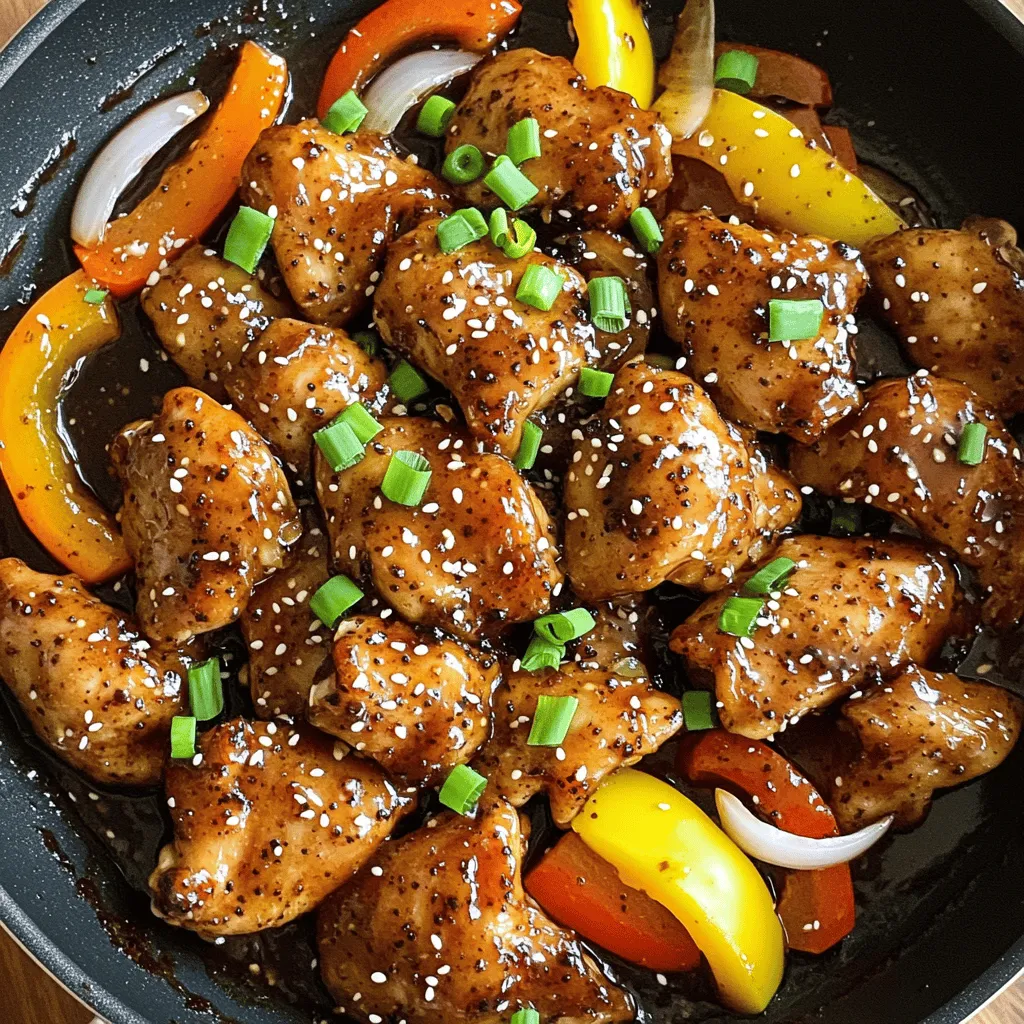 - Chicken - For this dish, I use 500g of boneless chicken thighs. They stay juicy and tender. You can cut them into bite-sized pieces for easy cooking and eating. - Marinade Components - The marinade gives the chicken its bold flavor. You need: - 4 tablespoons of soy sauce - 1 tablespoon of oyster sauce - 1 tablespoon of freshly cracked black pepper - 6 cloves of minced garlic - 1 tablespoon of minced ginger - 2 tablespoons of sesame oil - 1 tablespoon of cooking oil (canola or vegetable) - This mix adds depth and a nice kick. - Vegetables & Garnishes - To add color and texture, include: - 1 sliced bell pepper (red or green) - 1 sliced onion - 2 chopped green onions for garnish - Sesame seeds for garnish - These fresh ingredients brighten up the dish and make it more appealing. For the full recipe, check out the details above. Marinating the Chicken Start by cutting your chicken thighs into bite-sized pieces. Place the chicken in a bowl. Add soy sauce, oyster sauce, minced garlic, ginger, and black pepper. Mix well to coat all pieces. Let this marinate for at least 30 minutes. If you have time, let it sit for up to 2 hours for a richer taste. Cooking the Chicken Grab a large skillet or wok. Heat cooking oil and sesame oil over medium-high heat. When the oil is hot, add the marinated chicken. Spread it in a single layer. Let it sear for about 4 to 5 minutes until it's golden brown on one side. Then, flip the chicken pieces. Adding Vegetables Now, add sliced onion and bell pepper to the skillet. Stir-fry these with the chicken for another 4 to 5 minutes. Cook everything until the chicken is fully done and the vegetables are tender-crisp. Taste it to check for seasoning. You can add more black pepper or soy sauce if you like. Remove from heat. Garnish with chopped green onions and sesame seeds before serving. This sweet, savory dish is perfect for family dinners. You can find the Full Recipe for more details. Marination Time Suggestions For the best flavor, marinate the chicken for at least 30 minutes. If you have time, let it sit for up to 2 hours. This helps the chicken soak up all the tasty sauces and spices. Searing Techniques Searing is key to getting a nice crust. Heat your pan well before adding the chicken. Place the chicken in a single layer. Don't crowd the pan. Sear for about 4-5 minutes until it's golden brown. This locks in moisture and flavor. Ideal Cooking Temperature Cook your chicken on medium-high heat. This ensures that it cooks through without burning. Use a meat thermometer to check the internal temp. It should reach 165°F (75°C). This guarantees juicy, safe-to-eat chicken every time. These tips will help you make a great Garlic Black Pepper Chicken. For the full recipe, check out the details above. {{image_2}} Alternative Meats You can swap chicken thighs for other meats. Pork or beef works well. You can also try shrimp or tofu for a tasty twist. These changes keep the dish exciting and flavorful. Vegetable Options Feel free to change the vegetables. Broccoli, snap peas, or carrots add crunch and color. Mushrooms or zucchini bring a different taste. Mix and match to your liking for fun flavors. Spice Level Adjustments Want more heat? Add chili flakes or fresh chopped chili. For less spice, reduce black pepper or skip it altogether. This dish can fit your taste and spice level perfectly. For the full recipe, check out the Garlic Black Pepper Chicken details. To keep your Garlic Black Pepper Chicken fresh, use these methods: - Refrigeration: Place leftovers in an airtight container. They will stay good for about 3-4 days in the fridge. Make sure to cool the chicken before sealing it. - Freezing Methods: For longer storage, freeze the chicken. Use a freezer-safe bag or container. Remove as much air as possible. It can last for up to 3 months. Label the container with the date. This helps you track how long it's been in the freezer. Reheating your Garlic Black Pepper Chicken is easy. Here’s how: - Microwave: Place chicken in a microwave-safe dish. Cover it with a lid or microwave-safe wrap. Heat in short bursts of 30 seconds. Stir in between until hot. - Stovetop: Heat a skillet over low heat. Add a little oil or water to prevent sticking. Add the chicken and cover the pan. Stir occasionally until warmed through. For the full experience of this dish, you might want to try the Full Recipe. To make Garlic Black Pepper Chicken spicier, you can add more black pepper. Use a mix of black pepper and crushed red pepper for extra heat. You can also include fresh chili peppers or chili paste. Adjust the amount to fit your taste. Spiciness can enhance the flavor and make it more exciting. Yes, you can use chicken breast instead of thighs. Chicken breast is leaner and cooks faster. Just be careful not to overcook it. The result will still be tasty and full of flavor. Adjust the marination time if needed, as chicken breast may need less time to soak up the sauce. Garlic Black Pepper Chicken goes well with many side dishes. Here are a few great options: - Steamed rice - Fried rice - Stir-fried vegetables - Noodles - A fresh salad These sides balance the rich flavors of the chicken and make the meal complete. For the full recipe, check out the complete guide to Garlic Black Pepper Chicken! In this blog post, we covered how to make Garlic Black Pepper Chicken. We explored the main ingredients and preparation steps. You also learned tips to enhance flavor and ways to swap ingredients for variations. Additionally, I shared how to store leftovers safely and answered common questions. Garlic Black Pepper Chicken is a fun dish to make. I hope you enjoy trying it!