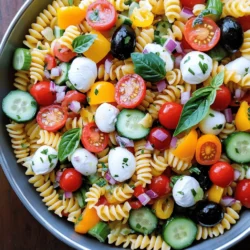 To make Easy Italian Pasta Salad, gather these key ingredients: - 8 ounces fusilli or rotini pasta - 1 cup cherry tomatoes, halved - 1 cup cucumber, diced - 1/2 cup bell pepper, diced (any color) - 1/3 cup red onion, finely chopped - 1 cup mozzarella balls or cubed mozzarella cheese - 1/2 cup black olives, sliced - 1/4 cup fresh basil leaves, chopped - 3 tablespoons olive oil - 2 tablespoons red wine vinegar (or lemon juice) - 1 teaspoon dried oregano - Salt and pepper to taste You can also add these optional ingredients for extra flavor: - Artichoke hearts - Sun-dried tomatoes - Pepperoncini - Parmesan cheese If you need alternatives, here are some great swaps: - Use penne or elbow macaroni instead of fusilli or rotini. - Swap mozzarella for feta cheese or goat cheese for a tangy twist. For vegetarian and vegan adjustments: - Use a plant-based cheese for a vegan option. - Replace the pasta with zucchini noodles for a low-carb dish. By making these simple changes, you can tailor the salad to fit your taste and dietary needs. To start, bring a large pot of salted water to a boil. Use about one tablespoon of salt for every 4 quarts of water. This helps flavor the pasta. Add 8 ounces of fusilli or rotini pasta. Cook it according to the package instructions, usually around 8-10 minutes. I suggest checking it a minute early for that perfect al dente texture. Al dente means the pasta is tender but still has a slight bite. Once cooked, drain the pasta in a colander. Rinse it under cold water to stop the cooking. This also helps to cool the pasta quickly. While the pasta cooks, chop your vegetables. Use a sharp knife for quick cuts. Slice 1 cup of cherry tomatoes in half and dice 1 cup of cucumber. For some crunch, chop 1/2 cup of bell pepper, any color you like. A red onion adds a nice kick, so finely chop 1/3 cup of it. Don’t forget the olives! Slice 1/2 cup of black olives for a salty bite. This mix of colors and textures will make your salad pop. Now, it’s time to mix everything. In a large bowl, combine the cooked pasta, chopped vegetables, and 1 cup of mozzarella balls. Make sure the pasta is cool to avoid cooking the veggies. In a small bowl, whisk together 3 tablespoons of olive oil, 2 tablespoons of red wine vinegar, 1 teaspoon of dried oregano, and salt and pepper. Drizzle the dressing over the salad. Toss gently to combine. This keeps the pasta from getting mushy. Finally, add 1/4 cup of fresh basil leaves and give it one last toss. For the best flavor, let it sit for about 10 minutes before serving. For the full recipe, check out the earlier section. To boost flavor in your pasta salad, try using fresh herbs. Fresh basil, parsley, or even dill can make your dish pop. You can also add a pinch of red pepper flakes for a little heat. For extra flavor, consider adding garlic powder or a squeeze of lemon juice. These simple tweaks turn a good salad into a great one. Prep your ingredients ahead of time. Chop the veggies the night before. This makes assembly quick. You can also cook your pasta in advance. Store it in the fridge with a bit of oil to prevent sticking. If you’re in a hurry, use store-bought items like pre-chopped veggies or rotisserie chicken to save even more time. Serve your salad in a large, bright bowl for a colorful display. For a fun twist, layer the salad in clear cups to show off the colors. Garnish with extra basil leaves or a sprinkle of cheese on top. This gives the dish a fresh look. You can also drizzle some olive oil on top for a shiny finish. These small touches make your dish look as good as it tastes. {{image_2}} You can easily change the protein in your pasta salad. Adding grilled chicken makes it hearty. Salami adds a nice spice. Shrimp gives a fresh taste. You can even use chickpeas for a plant-based option. The choice is yours based on what you love! For seasonal vegetables, think about what’s fresh. In spring, add asparagus or peas. In summer, use zucchini or bell peppers. Fall brings in roasted squash. You can swap out veggies based on what you find at the market. You can choose between homemade or store-bought dressings. Homemade dressings taste fresh and bright. A simple mix of olive oil, vinegar, and spices is quick to whip up. Store-bought options save time but check ingredients for quality. For a twist, try citrus-based dressings. Lemon or lime juice brightens the salad. Creamy dressings add a rich touch. You can make a yogurt-based dressing for a lighter option. Each dressing brings its own unique flavor to the salad. Check the full recipe to create your perfect Easy Italian Pasta Salad. To keep your Easy Italian Pasta Salad fresh, use an airtight container. This helps prevent moisture loss and keeps flavors intact. Store the salad in the fridge right after serving. It stays good for up to three days. After that, the veggies may start to get mushy. You can serve this salad cold, which is great for hot days. If you want to warm it up, do so gently in a pan. Keep the heat low to avoid overcooking the pasta. Adding a splash of olive oil can help keep the flavors fresh. If you’d like, you can also toss in fresh herbs after warming. This adds brightness back to the dish. Enjoy your pasta salad, whether hot or cold! Yes, you can make this pasta salad ahead. To keep it fresh, store it in an airtight container. Place it in the fridge. It tastes great for up to three days. If you make it the night before, the flavors blend better. Just remember to add fresh basil right before serving for the best taste. I recommend using short pasta shapes. Fusilli, rotini, or penne work great. They hold the dressing well and mix easily with veggies. You can also try farfalle for a fun look. Just ensure you cook it al dente for the best texture. To make this salad gluten-free, use gluten-free pasta. Many brands offer options that taste great. You can also check for gluten-free olives and cheese. Fresh veggies are naturally gluten-free, so feel free to use them as you like. Absolutely! Adding protein makes the salad more filling. You can use grilled chicken, diced salami, or canned tuna. Chickpeas are also a great option for a vegetarian boost. Just mix in your choice after combining the veggies and pasta. To sum up, this article covered how to make an Easy Italian Pasta Salad. We explored the key ingredients, including both required and optional options, to add more flavor. I shared tips for cooking pasta perfectly and preparing vegetables efficiently. Remember, mixing well and avoiding mushy pasta makes a big difference. You can enhance taste with herbs and use shortcuts for easier prep. Lastly, feel free to mix things up with different pasta styles and dressings. This dish is great for sharing and perfect for any occasion. Enjoy your salad!