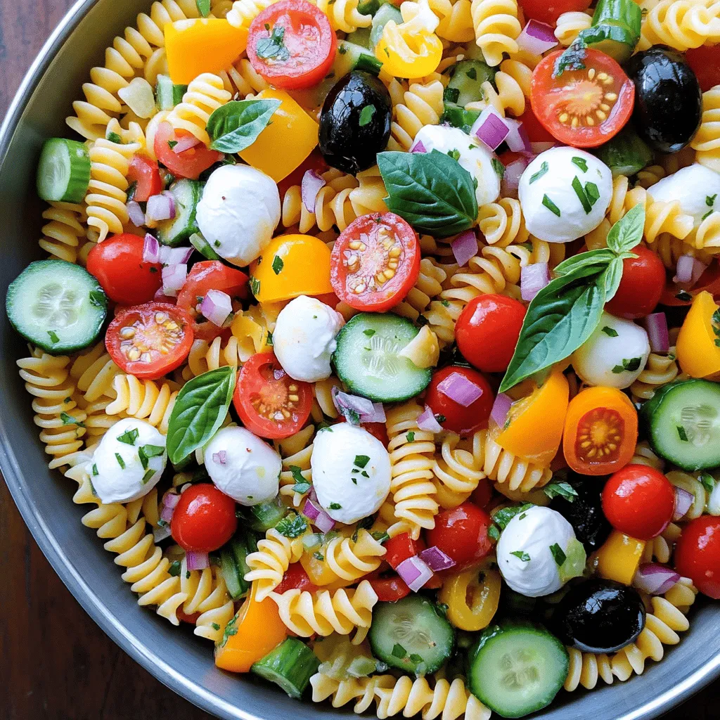 To make Easy Italian Pasta Salad, gather these key ingredients: - 8 ounces fusilli or rotini pasta - 1 cup cherry tomatoes, halved - 1 cup cucumber, diced - 1/2 cup bell pepper, diced (any color) - 1/3 cup red onion, finely chopped - 1 cup mozzarella balls or cubed mozzarella cheese - 1/2 cup black olives, sliced - 1/4 cup fresh basil leaves, chopped - 3 tablespoons olive oil - 2 tablespoons red wine vinegar (or lemon juice) - 1 teaspoon dried oregano - Salt and pepper to taste You can also add these optional ingredients for extra flavor: - Artichoke hearts - Sun-dried tomatoes - Pepperoncini - Parmesan cheese If you need alternatives, here are some great swaps: - Use penne or elbow macaroni instead of fusilli or rotini. - Swap mozzarella for feta cheese or goat cheese for a tangy twist. For vegetarian and vegan adjustments: - Use a plant-based cheese for a vegan option. - Replace the pasta with zucchini noodles for a low-carb dish. By making these simple changes, you can tailor the salad to fit your taste and dietary needs. To start, bring a large pot of salted water to a boil. Use about one tablespoon of salt for every 4 quarts of water. This helps flavor the pasta. Add 8 ounces of fusilli or rotini pasta. Cook it according to the package instructions, usually around 8-10 minutes. I suggest checking it a minute early for that perfect al dente texture. Al dente means the pasta is tender but still has a slight bite. Once cooked, drain the pasta in a colander. Rinse it under cold water to stop the cooking. This also helps to cool the pasta quickly. While the pasta cooks, chop your vegetables. Use a sharp knife for quick cuts. Slice 1 cup of cherry tomatoes in half and dice 1 cup of cucumber. For some crunch, chop 1/2 cup of bell pepper, any color you like. A red onion adds a nice kick, so finely chop 1/3 cup of it. Don’t forget the olives! Slice 1/2 cup of black olives for a salty bite. This mix of colors and textures will make your salad pop. Now, it’s time to mix everything. In a large bowl, combine the cooked pasta, chopped vegetables, and 1 cup of mozzarella balls. Make sure the pasta is cool to avoid cooking the veggies. In a small bowl, whisk together 3 tablespoons of olive oil, 2 tablespoons of red wine vinegar, 1 teaspoon of dried oregano, and salt and pepper. Drizzle the dressing over the salad. Toss gently to combine. This keeps the pasta from getting mushy. Finally, add 1/4 cup of fresh basil leaves and give it one last toss. For the best flavor, let it sit for about 10 minutes before serving. For the full recipe, check out the earlier section. To boost flavor in your pasta salad, try using fresh herbs. Fresh basil, parsley, or even dill can make your dish pop. You can also add a pinch of red pepper flakes for a little heat. For extra flavor, consider adding garlic powder or a squeeze of lemon juice. These simple tweaks turn a good salad into a great one. Prep your ingredients ahead of time. Chop the veggies the night before. This makes assembly quick. You can also cook your pasta in advance. Store it in the fridge with a bit of oil to prevent sticking. If you’re in a hurry, use store-bought items like pre-chopped veggies or rotisserie chicken to save even more time. Serve your salad in a large, bright bowl for a colorful display. For a fun twist, layer the salad in clear cups to show off the colors. Garnish with extra basil leaves or a sprinkle of cheese on top. This gives the dish a fresh look. You can also drizzle some olive oil on top for a shiny finish. These small touches make your dish look as good as it tastes. {{image_2}} You can easily change the protein in your pasta salad. Adding grilled chicken makes it hearty. Salami adds a nice spice. Shrimp gives a fresh taste. You can even use chickpeas for a plant-based option. The choice is yours based on what you love! For seasonal vegetables, think about what’s fresh. In spring, add asparagus or peas. In summer, use zucchini or bell peppers. Fall brings in roasted squash. You can swap out veggies based on what you find at the market. You can choose between homemade or store-bought dressings. Homemade dressings taste fresh and bright. A simple mix of olive oil, vinegar, and spices is quick to whip up. Store-bought options save time but check ingredients for quality. For a twist, try citrus-based dressings. Lemon or lime juice brightens the salad. Creamy dressings add a rich touch. You can make a yogurt-based dressing for a lighter option. Each dressing brings its own unique flavor to the salad. Check the full recipe to create your perfect Easy Italian Pasta Salad. To keep your Easy Italian Pasta Salad fresh, use an airtight container. This helps prevent moisture loss and keeps flavors intact. Store the salad in the fridge right after serving. It stays good for up to three days. After that, the veggies may start to get mushy. You can serve this salad cold, which is great for hot days. If you want to warm it up, do so gently in a pan. Keep the heat low to avoid overcooking the pasta. Adding a splash of olive oil can help keep the flavors fresh. If you’d like, you can also toss in fresh herbs after warming. This adds brightness back to the dish. Enjoy your pasta salad, whether hot or cold! Yes, you can make this pasta salad ahead. To keep it fresh, store it in an airtight container. Place it in the fridge. It tastes great for up to three days. If you make it the night before, the flavors blend better. Just remember to add fresh basil right before serving for the best taste. I recommend using short pasta shapes. Fusilli, rotini, or penne work great. They hold the dressing well and mix easily with veggies. You can also try farfalle for a fun look. Just ensure you cook it al dente for the best texture. To make this salad gluten-free, use gluten-free pasta. Many brands offer options that taste great. You can also check for gluten-free olives and cheese. Fresh veggies are naturally gluten-free, so feel free to use them as you like. Absolutely! Adding protein makes the salad more filling. You can use grilled chicken, diced salami, or canned tuna. Chickpeas are also a great option for a vegetarian boost. Just mix in your choice after combining the veggies and pasta. To sum up, this article covered how to make an Easy Italian Pasta Salad. We explored the key ingredients, including both required and optional options, to add more flavor. I shared tips for cooking pasta perfectly and preparing vegetables efficiently. Remember, mixing well and avoiding mushy pasta makes a big difference. You can enhance taste with herbs and use shortcuts for easier prep. Lastly, feel free to mix things up with different pasta styles and dressings. This dish is great for sharing and perfect for any occasion. Enjoy your salad!
