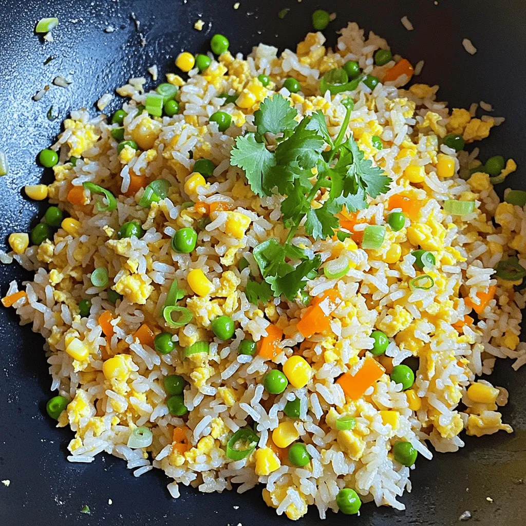 To make the best Chinese fried rice, you need the right ingredients. Here’s what you will need: - 3 cups cooked jasmine rice (preferably chilled) - 2 tablespoons vegetable oil - 2 large eggs, beaten - 1 cup mixed vegetables (carrots, peas, and corn) - 1 small onion, finely chopped - 2 green onions, sliced - 3 cloves garlic, minced - 2 tablespoons soy sauce - 1 tablespoon oyster sauce (or hoisin sauce for a vegetarian version) - 1 teaspoon sesame oil - Salt and pepper to taste - Fresh cilantro for garnish (optional) Using chilled rice is key. It helps prevent clumping. Fresh veggies add color and a nice crunch. You can add extra flavors to your fried rice. Consider these options: - Additional sauces like sriracha or chili paste for heat - Spices such as five-spice powder for more flavor - Protein additions like chicken, shrimp, or tofu for a heartier dish These extras let you make the dish your own. Each option brings a new twist to this classic meal. For a full recipe, check out the Ultimate Chinese Fried Rice. To start, you need chilled rice. Cold rice works best for fried rice. It helps keep the grains separate. If you can, use rice that was cooked the day before. This way, it won’t turn mushy when you fry it. Next, prep your vegetables ahead of time. Chop your onion, garlic, and other veggies before cooking. This makes the cooking process smooth. You won’t rush or burn anything. Having everything ready ensures you can focus on flavor. Now, let’s cook! Heat the vegetable oil in a wok over medium-high heat. Once the oil is hot, add your chopped onion and minced garlic. Stir them often until the onion turns clear. This takes about 2-3 minutes. Push the onion and garlic to one side of the pan. Pour in the beaten eggs. Scramble them well until fully cooked. Then, mix the eggs with the onion and garlic. Add your mixed vegetables next. Stir and cook for another 2-3 minutes. You want them heated through and soft. Now it’s time for the chilled rice. Break up any clumps using a spatula. Add the rice to the pan and mix it well with the veggies. Coat everything with oil. Drizzle in the soy sauce, oyster sauce (or hoisin), and sesame oil. Stir continuously for about 3-4 minutes. This helps all the flavors blend. Finally, season with salt and pepper to taste. Add the sliced green onions and stir again. You want everything to be hot and mixed well. Once cooked, it’s time to serve. Garnish with fresh cilantro if you like. This adds a nice touch of color and flavor. For portion sizes, plan on about one cup of fried rice per person. This recipe serves four people easily. Enjoy your delicious Chinese fried rice! For the full recipe, check out the Ultimate Chinese Fried Rice. - Overcooking the vegetables: This can make them mushy. Keep the crunch by cooking them just until tender. - Choosing the wrong type of rice: Use jasmine rice or long-grain rice. They hold their shape better and add great texture. - How to achieve restaurant-quality fried rice: Start with cold, day-old rice. Fresh rice is too sticky. Break up clumps before cooking. - Importance of heat and timing: Use high heat to fry the rice quickly. This keeps it from steaming and getting soggy. Stir-fry in small batches for the best results. Now, you can make fried rice that tastes like it came from a restaurant! Enjoy cooking and experimenting with flavors! {{image_2}} You can easily make fried rice vegetarian or vegan. Just swap out meats for plant-based proteins. Tofu is a great choice. It adds texture and protein. You can also use tempeh or seitan for added flavor. For sauces, choose hoisin instead of oyster sauce for a vegan dish. This gives the rice a sweet taste. You can also mix in soy sauce for saltiness. If you prefer just veggies, try vegetable-only fried rice. Use a mix of your favorite vegetables. Carrots, peas, and bell peppers work well. This adds color and crunch. You can also add mushrooms for a meaty feel. Fried rice can change a lot in taste based on where it comes from. Each region has its own twist. For example, Yangzhou fried rice is famous. It usually has shrimp, egg, and vegetables. The flavors are light and fresh. In Cantonese style, you might find more soy sauce. This gives it a darker color and saltier taste. Szechuan fried rice often has spice. It may include chili oil or hot peppers. You could also try Hokkien fried rice. It often has a mix of seafood and a rich soy sauce base. Each style shows off unique flavors and cooking methods. Explore these variations to find your favorite. Each bite can take you on a different journey through China. You can find more details in the Full Recipe. To keep your fried rice fresh, let it cool first. Spread it out on a plate. This helps it cool down fast. Once it’s cool, place it in a container. Use a tight-sealing container to keep it fresh. Glass containers work well. They prevent odors and keep food tasty. Store the rice in the fridge. It will last about three to four days. If you want to keep it longer, consider freezing it. Use freezer-safe bags or containers. Squeeze out the air to avoid freezer burn. Label the bag with the date, so you remember when you made it. When reheating your fried rice, keep the texture in mind. The best method is to use a skillet or wok. Heat a small amount of oil in the pan. Add the rice and stir it often. This method helps keep the rice from getting soggy. If the rice feels dry, add a splash of water or broth. This step helps bring back moisture. Cover the pan for a few minutes. This helps steam the rice gently. Check to make sure it’s hot throughout. Enjoy your fried rice just as good as when it was fresh! I love using jasmine rice for fried rice. It has a light, floral scent. Jasmine rice cooks well and stays fluffy. Its texture is perfect for frying. Other types, like long-grain, can also work. However, jasmine rice gives the best flavor and texture. Yes, you can freeze Chinese fried rice! Here’s how: 1. Let the fried rice cool down completely. 2. Portion it into airtight containers or freezer bags. 3. Remove as much air as possible. 4. Label the bags with the date. 5. Freeze for up to three months. To thaw, place it in the fridge overnight. You can also microwave it directly from the freezer. Just add a splash of water to keep it moist. You can make fried rice healthier by: - Using brown rice instead of white rice for more fiber. - Reducing the amount of oil you use. - Adding more vegetables like bell peppers and broccoli. - Using low-sodium soy sauce to cut down on salt. These changes keep the taste while making it better for you. To boost the flavor, try adding: - A dash of chili oil for some heat. - A sprinkle of sesame seeds for crunch. - Fresh herbs like cilantro or basil for freshness. - A squeeze of lime juice to brighten up the dish. These ingredients give your fried rice an exciting twist. For the Ultimate Chinese Fried Rice recipe, check out [Full Recipe]. It's packed with flavor and easy to make! In this post, we covered how to make the best Chinese fried rice. We talked about essential and optional ingredients, like cooked jasmine rice and mixed vegetables. You learned step-by-step instructions for cooking in a wok and tips to avoid common mistakes. We explored variations like vegetarian options and regional styles. Finally, we discussed storing and reheating leftovers. Now you're ready to make a delicious dish! Enjoy the process and impress your friends and family with your fried rice skills.