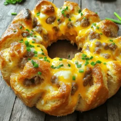 To make this tasty dish, you need some key items. Here’s what you will need: - 2 cans of refrigerated biscuit dough - 1 cup cooked sausage, crumbled (Italian or breakfast sausage works well) - 6 large eggs, beaten - 1 cup shredded cheddar cheese - 1/2 cup milk - 1/4 teaspoon garlic powder - 1/4 teaspoon onion powder - Salt and pepper to taste - 2 tablespoons melted butter - Fresh chives or parsley, chopped, for garnish These items come together to create a warm and cheesy delight. The biscuit dough forms the base, while the sausage adds a savory touch. Eggs and cheese bring it all together, making it rich and tasty. Choosing the right brands can enhance your monkey bread. For biscuit dough, I recommend Pillsbury or Grands! They offer flaky and soft biscuits. For sausage, look for brands like Johnsonville or Jimmy Dean. They provide great flavor and quality. Always check for fresh options, as freshness boosts the taste. You can easily adapt this recipe for different diets. Here are some ideas: - Use gluten-free biscuit dough if you have a gluten allergy. - Swap out the sausage for a plant-based option like Beyond Meat. - For a lighter option, use egg whites instead of whole eggs. - If you’re lactose intolerant, try dairy-free cheese or omit it entirely. These swaps allow you to enjoy the dish while meeting your dietary needs. Just remember to keep the main flavors intact for a delicious result. You can find the full recipe linked earlier for more details on making this dish. Start by gathering all your ingredients. You will need biscuit dough, sausage, eggs, cheese, and spices. Cut each biscuit into quarters. This makes them easy to mix and pull apart later. Measure out the sausage, cheese, and spices. Having everything ready makes cooking fun and easy. Heat a large skillet over medium heat. Add the crumbled sausage to the skillet. Cook it until it turns brown and is fully cooked. This step adds great flavor to your monkey bread. Once it is done, remove it from the heat. Let it cool for a moment while you mix other ingredients. In a mixing bowl, whisk the eggs with milk, garlic powder, onion powder, and any salt or pepper. This blend makes the base of your dish. In another large bowl, combine the biscuit pieces and cooked sausage. Pour the egg mixture over the biscuit and sausage. Toss everything until it is coated well. Finally, fold in the shredded cheese. This adds a nice creamy texture. Pour the mixture into a greased bundt pan. Spread it out evenly, making sure there are no gaps. Drizzle melted butter over the top for extra flavor. Bake in your preheated oven for 25-30 minutes. Look for a golden brown top. To check if it's done, insert a toothpick in the center. If it comes out clean, it’s ready. Let it cool for 5 minutes before flipping it onto a plate. Garnish with chopped chives or parsley. Now, it’s time to pull apart and enjoy this tasty treat! For the complete recipe, see the Full Recipe. To get the best monkey bread, timing is key. Bake your creation for 25 to 30 minutes. Watch for a golden brown top. A toothpick should come out clean when it's ready. If you see it browning too fast, cover it with foil. This way, it cooks evenly without burning. Make sure to mix all the ingredients well. Cut the biscuit dough into small, even pieces. This helps them cook at the same time. When you pour the mixture into the bundt pan, spread it evenly. This ensures every bite is full of flavor. Serve your monkey bread warm for the best taste. Pair it with a fresh salad or some fruit. You can also add a side of spicy ketchup or hot sauce for a kick. For a fun twist, try serving it with a creamy dip. Enjoy it at brunch or as a snack during game day. Check out the Full Recipe for more tips! {{image_2}} You can easily make a vegetarian version of this dish. Simply swap the sausage for cooked mushrooms or a meat substitute. You could also use a mix of sautéed peppers and onions. This adds nice flavor and keeps it hearty. You can use the same steps from the Full Recipe, just replace the meat. Cheese plays a huge role in this recipe's flavor. Cheddar is great, but feel free to experiment. Try using Monterey Jack for a creamier taste. Feta cheese adds a tangy kick. You can even mix different cheeses for extra depth. Just keep the total amount of cheese the same. Adding veggies is a smart way to boost taste and nutrition. Chopped spinach or kale can add a fresh touch. You can also include diced tomatoes or zucchini. Just sauté these first to soften them. Fold them into the mixture with the cheese. This will make your monkey bread colorful and tasty! I love making extra monkey bread. To store leftovers, let it cool first. Wrap the cooled bread in plastic wrap or foil. You can also keep it in an airtight container. This keeps it fresh for up to three days in the fridge. When you want to enjoy your leftover monkey bread, preheat your oven to 350°F (175°C). Place the monkey bread on a baking tray. Cover it with foil to prevent it from drying out. Heat for about 10-15 minutes. If you're in a hurry, you can use the microwave. Heat it in 30-second bursts until warm. Freezing is a great way to save this dish. Cut the monkey bread into pieces. Wrap each piece tightly in plastic wrap, then in foil. Store them in a freezer bag. This way, it stays good for up to three months. When ready to eat, thaw in the fridge overnight. Reheat it in the oven or microwave. For the full recipe, check out the earlier section! Yes, you can make this dish ahead. You can prepare the mixture and place it in the bundt pan. Cover it well and store it in the fridge overnight. When you're ready, just bake it in the morning. This method saves time and makes breakfast easy and fun. This monkey bread pairs well with a fresh fruit salad. You can also serve it with a side of crispy bacon. A light salad adds a nice crunch, too. For drinks, coffee or fresh juice works perfectly. These options balance the rich flavors of the monkey bread. You can check if it's done by using a toothpick. Insert the toothpick in the center of the bread. If it comes out clean, the monkey bread is ready. The top should also be golden brown. Let it cool for a few minutes before serving to enhance the flavor. For the full recipe, refer to the instructions above. This article explored how to make Sausage Egg and Cheese Monkey Bread. We discussed essential ingredients, step-by-step instructions, and helpful tips. I shared storage advice and variations for different tastes. You can easily adapt this recipe for your needs. Whether you stick to classic flavors or try new ones, it’s all about your choices. Enjoy creating this fun dish for breakfast or brunch. Happy cooking!