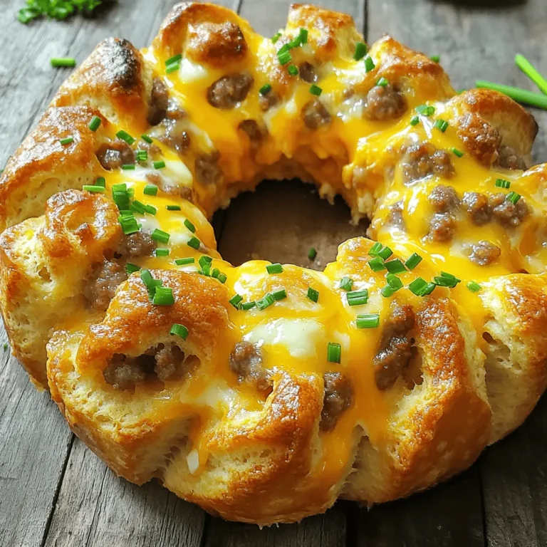 To make this tasty dish, you need some key items. Here’s what you will need: - 2 cans of refrigerated biscuit dough - 1 cup cooked sausage, crumbled (Italian or breakfast sausage works well) - 6 large eggs, beaten - 1 cup shredded cheddar cheese - 1/2 cup milk - 1/4 teaspoon garlic powder - 1/4 teaspoon onion powder - Salt and pepper to taste - 2 tablespoons melted butter - Fresh chives or parsley, chopped, for garnish These items come together to create a warm and cheesy delight. The biscuit dough forms the base, while the sausage adds a savory touch. Eggs and cheese bring it all together, making it rich and tasty. Choosing the right brands can enhance your monkey bread. For biscuit dough, I recommend Pillsbury or Grands! They offer flaky and soft biscuits. For sausage, look for brands like Johnsonville or Jimmy Dean. They provide great flavor and quality. Always check for fresh options, as freshness boosts the taste. You can easily adapt this recipe for different diets. Here are some ideas: - Use gluten-free biscuit dough if you have a gluten allergy. - Swap out the sausage for a plant-based option like Beyond Meat. - For a lighter option, use egg whites instead of whole eggs. - If you’re lactose intolerant, try dairy-free cheese or omit it entirely. These swaps allow you to enjoy the dish while meeting your dietary needs. Just remember to keep the main flavors intact for a delicious result. You can find the full recipe linked earlier for more details on making this dish. Start by gathering all your ingredients. You will need biscuit dough, sausage, eggs, cheese, and spices. Cut each biscuit into quarters. This makes them easy to mix and pull apart later. Measure out the sausage, cheese, and spices. Having everything ready makes cooking fun and easy. Heat a large skillet over medium heat. Add the crumbled sausage to the skillet. Cook it until it turns brown and is fully cooked. This step adds great flavor to your monkey bread. Once it is done, remove it from the heat. Let it cool for a moment while you mix other ingredients. In a mixing bowl, whisk the eggs with milk, garlic powder, onion powder, and any salt or pepper. This blend makes the base of your dish. In another large bowl, combine the biscuit pieces and cooked sausage. Pour the egg mixture over the biscuit and sausage. Toss everything until it is coated well. Finally, fold in the shredded cheese. This adds a nice creamy texture. Pour the mixture into a greased bundt pan. Spread it out evenly, making sure there are no gaps. Drizzle melted butter over the top for extra flavor. Bake in your preheated oven for 25-30 minutes. Look for a golden brown top. To check if it's done, insert a toothpick in the center. If it comes out clean, it’s ready. Let it cool for 5 minutes before flipping it onto a plate. Garnish with chopped chives or parsley. Now, it’s time to pull apart and enjoy this tasty treat! For the complete recipe, see the Full Recipe. To get the best monkey bread, timing is key. Bake your creation for 25 to 30 minutes. Watch for a golden brown top. A toothpick should come out clean when it's ready. If you see it browning too fast, cover it with foil. This way, it cooks evenly without burning. Make sure to mix all the ingredients well. Cut the biscuit dough into small, even pieces. This helps them cook at the same time. When you pour the mixture into the bundt pan, spread it evenly. This ensures every bite is full of flavor. Serve your monkey bread warm for the best taste. Pair it with a fresh salad or some fruit. You can also add a side of spicy ketchup or hot sauce for a kick. For a fun twist, try serving it with a creamy dip. Enjoy it at brunch or as a snack during game day. Check out the Full Recipe for more tips! {{image_2}} You can easily make a vegetarian version of this dish. Simply swap the sausage for cooked mushrooms or a meat substitute. You could also use a mix of sautéed peppers and onions. This adds nice flavor and keeps it hearty. You can use the same steps from the Full Recipe, just replace the meat. Cheese plays a huge role in this recipe's flavor. Cheddar is great, but feel free to experiment. Try using Monterey Jack for a creamier taste. Feta cheese adds a tangy kick. You can even mix different cheeses for extra depth. Just keep the total amount of cheese the same. Adding veggies is a smart way to boost taste and nutrition. Chopped spinach or kale can add a fresh touch. You can also include diced tomatoes or zucchini. Just sauté these first to soften them. Fold them into the mixture with the cheese. This will make your monkey bread colorful and tasty! I love making extra monkey bread. To store leftovers, let it cool first. Wrap the cooled bread in plastic wrap or foil. You can also keep it in an airtight container. This keeps it fresh for up to three days in the fridge. When you want to enjoy your leftover monkey bread, preheat your oven to 350°F (175°C). Place the monkey bread on a baking tray. Cover it with foil to prevent it from drying out. Heat for about 10-15 minutes. If you're in a hurry, you can use the microwave. Heat it in 30-second bursts until warm. Freezing is a great way to save this dish. Cut the monkey bread into pieces. Wrap each piece tightly in plastic wrap, then in foil. Store them in a freezer bag. This way, it stays good for up to three months. When ready to eat, thaw in the fridge overnight. Reheat it in the oven or microwave. For the full recipe, check out the earlier section! Yes, you can make this dish ahead. You can prepare the mixture and place it in the bundt pan. Cover it well and store it in the fridge overnight. When you're ready, just bake it in the morning. This method saves time and makes breakfast easy and fun. This monkey bread pairs well with a fresh fruit salad. You can also serve it with a side of crispy bacon. A light salad adds a nice crunch, too. For drinks, coffee or fresh juice works perfectly. These options balance the rich flavors of the monkey bread. You can check if it's done by using a toothpick. Insert the toothpick in the center of the bread. If it comes out clean, the monkey bread is ready. The top should also be golden brown. Let it cool for a few minutes before serving to enhance the flavor. For the full recipe, refer to the instructions above. This article explored how to make Sausage Egg and Cheese Monkey Bread. We discussed essential ingredients, step-by-step instructions, and helpful tips. I shared storage advice and variations for different tastes. You can easily adapt this recipe for your needs. Whether you stick to classic flavors or try new ones, it’s all about your choices. Enjoy creating this fun dish for breakfast or brunch. Happy cooking!