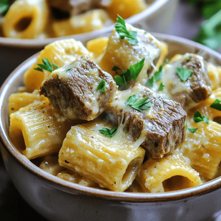 To make Garlic Butter Steak Parmesan Rigatoni, you need a few simple ingredients. Here’s the list: - 8 oz rigatoni pasta - 1 lb sirloin steak, trimmed and cut into bite-sized cubes - 4 tablespoons unsalted butter - 4 cloves garlic, minced - 1 teaspoon Italian seasoning - 1 cup heavy cream - 1 cup grated Parmesan cheese - Salt and pepper to taste - Fresh parsley, chopped (for garnish) Each ingredient plays a key role in creating rich and tasty flavors. The rigatoni pasta gives a hearty base. The sirloin steak adds protein and depth. Garlic and butter create a fragrant sauce. Heavy cream and Parmesan cheese make everything creamy and indulgent. Fresh parsley adds a pop of color and freshness. For the full recipe, check out the delicious steps that follow to bring this dish to life. - Bring salted water to a boil. - Cook rigatoni according to package instructions. - Drain and set aside. Cooking the pasta is simple. Start by bringing a large pot of salted water to a rolling boil. The salt adds flavor to the pasta as it cooks. Once the water is boiling, add the rigatoni. Follow the package instructions for the best cooking time. You want the pasta to be al dente, which means it should be firm but not hard. After cooking, drain the pasta in a colander. Be careful, as the steam can be hot. Set the rigatoni aside for later. - Melt butter in a skillet. - Season and sear steak cubes. - Remove from skillet. Next, grab a large skillet and melt some butter over medium-high heat. The butter adds a rich flavor. Cut your sirloin steak into bite-sized cubes. Season them with salt, pepper, and Italian seasoning. This adds a delicious taste to the meat. Once the butter is hot, add the steak cubes. Sear the steak for about 3 to 4 minutes. You want them to be browned on the outside but still juicy inside. After searing, remove the steak from the skillet and set it aside. - Lower heat and add remaining butter. - Sauté minced garlic. - Add heavy cream and simmer. In the same skillet, lower the heat. Add the rest of the butter and let it melt. Once melted, add the minced garlic. Sauté the garlic for about 1 to 2 minutes. You want it to become fragrant but not brown. Next, pour in the heavy cream. Bring the mixture to a gentle simmer. Heavy cream makes the sauce rich and smooth. Stir in the grated Parmesan cheese until it melts and the sauce becomes creamy. If it seems too thick, add a splash of pasta water to thin it out. - Stir in Parmesan cheese. - Reintroduce steak and rigatoni. - Adjust seasoning and mix thoroughly. Now, it's time to bring everything together. Add the cooked rigatoni into the skillet. Then, add the seared steak back in as well. Gently toss everything together. Make sure the pasta and steak are well-coated with the sauce. Taste it and adjust the seasoning with more salt or pepper if needed. - Plate the dish. - Garnish with parsley and extra Parmesan. To serve, plate the rigatoni and steak mixture into bowls. Garnish with fresh chopped parsley for a pop of color. You can also sprinkle extra Parmesan cheese on top for added flavor. Enjoy your Garlic Butter Steak Parmesan Rigatoni! This dish is rich and tasty, perfect for any occasion. For the complete recipe, check out [Full Recipe]. To cook rigatoni just right, start with plenty of salted water. The salt adds flavor. Bring the water to a rolling boil before adding the rigatoni. Cook it according to the package instructions. Check for al dente doneness about two minutes before the time is up. You want it firm but not hard. Drain the rigatoni, but save a cup of the water. This water helps if your sauce gets too thick. To make your dish even tastier, think about adding more seasonings. A pinch of red pepper flakes gives it a nice kick. You can also stir in some fresh herbs like basil or oregano. If you want to play with sauces, try a splash of marinara or creamy pesto. For cheese, consider using pecorino or a sharp cheddar alongside Parmesan. Mixing different cheeses adds depth and richness to the flavor. For great steak, choose cuts like sirloin, ribeye, or filet mignon. These are juicy and tender. When cooking, make sure your skillet is hot. This helps sear the meat quickly. Season the steak well with salt and pepper before cooking. For doneness, use a meat thermometer. Aim for 130°F for medium-rare or 140°F for medium. Let the steak rest for a few minutes before cutting. This keeps it juicy. For the full recipe, check out the complete details above. {{image_2}} You can swap out steak for many other meats. Chicken breast works well. It cooks fast and stays juicy. Pork tenderloin is another great option. Just remember to cook it until it's no longer pink. If you want a vegetarian version, try mushrooms. They add a nice, hearty texture. Tofu is another choice. It soaks up flavors well. Just make sure to press it first to remove extra water. If you need a gluten-free version, use gluten-free rigatoni. Many brands offer this option now. Cook it just like regular pasta. You may need to watch the cooking time, as it can differ. For the sauce, check that your heavy cream has no additives. Some brands add thickeners that may contain gluten. Adding veggies boosts nutrition and flavor. Spinach and broccoli are great choices. They cook quickly, so add them in the last few minutes. Zucchini and bell peppers add color and taste. Slice them thinly for quick cooking. If using carrots, cut them small or steam them first. This way, they soften enough to mix in well. To store leftovers in the fridge, let the dish cool. Place it in an airtight container. This keeps the flavors and prevents spills. For reheating, use the microwave or stovetop. Add a splash of water for moisture if needed. Heat until warm, but don’t overcook the steak. If you want to freeze the dish, portion it into smaller containers. This makes it easier to thaw later. Make sure to leave some space in the container for expansion. To defrost properly, move the container to the fridge the night before. This gives it time to thaw slowly and safely. The recommended timeframe for food safety is three to four days in the fridge. In the freezer, the dish can last up to three months. After that, flavors may fade, even if it's safe to eat. Always check for any signs of spoilage before consuming. For more detailed cooking actions, you can check the Full Recipe. Yes, you can use other pasta shapes! Here are some great options: - Penne: This pasta holds the sauce well. - Fusilli: The spirals grab the garlic butter sauce nicely. - Farfalle: These bow-tie shapes add a fun twist. - Spaghetti: A classic choice that always works. Try what you have at home! To kick up the heat, consider these ideas: - Red pepper flakes: Add them to the garlic butter. - Hot sauce: Drizzle some into the sauce for a zesty punch. - Spicy sausage: Mix in some cooked, crumbled sausage for warmth. - Jalapeños: Fresh or pickled jalapeños can add a nice kick. Adjust the spice to match your taste! Pair this dish with some tasty sides: - Side salad: A fresh green salad balances the rich flavors. - Garlic bread: Perfect for soaking up the extra sauce. - Roasted vegetables: Add color and nutrition to your meal. - Steamed asparagus: This adds a nice crunch and complements the meal. These sides will elevate your dining experience! This recipe is rich and delicious, but it can be modified for health: - Use whole wheat pasta: This adds fiber. - Reduce butter: Cut back on butter for a lighter sauce. - Add veggies: Include spinach or mushrooms for nutrients. - Choose leaner steak: Opt for flank steak or filet mignon. Making these changes can help balance the dish! For the full recipe, check out the details above. This blog post covered a tasty Garlic Butter Steak Parmesan Rigatoni recipe. You learned what ingredients to gather and how to cook them step by step. We explored tips for perfecting the dish and even gave variations for different diets. Remember, you can customize the recipe with veggies or other meats. Don’t hesitate to experiment with flavors. Enjoy the process, and make it your own! Happy cooking!