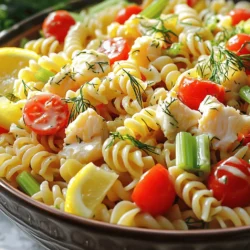 For a tasty crab pasta salad, you will need: - 8 oz (225g) pasta (like rotini or fusilli) - 1 cup cooked crab meat (fresh or canned) - 1/2 cup cherry tomatoes, halved - 1/4 cup red bell pepper, diced - 1/4 cup celery, finely chopped - 1/4 cup red onion, finely chopped - 1/2 cup mayonnaise - 2 tablespoons lemon juice - 1 tablespoon Dijon mustard - Salt and pepper to taste - 1 tablespoon fresh dill, chopped (or 1 teaspoon dried dill) - Optional: 1/4 cup sweet corn, drained These ingredients blend well. They bring great taste and texture to the dish. The pasta serves as a base, and the crab adds a lovely seafood flavor. You can use fresh crab for a richer taste or canned for convenience. You can add more ingredients to boost flavor: - Avocado for creaminess - Cucumber for crunch - Capers for a briny kick - Fresh herbs like parsley or basil These extras can enhance the salad. They allow you to customize it to your liking. If you crave a bit of spice, try adding jalapeños or a dash of hot sauce. Choosing the right crab meat is key: - Look for fresh crab meat with a clean, sweet smell. - Check the color; it should be opaque and look moist. - Avoid any meat that appears dry or has a strong odor. For the best flavor, buy crab from a trusted source. If you choose canned crab, pick high-quality brands. Always check the label for freshness and quality. You want the best for your crab pasta salad. For the complete recipe, refer to the Full Recipe. To start, you need to cook the pasta. I like using rotini or fusilli. First, boil a pot of salted water. Once it boils, add the pasta. Cook it according to the package instructions until it's al dente. This means it should be firm but not hard. When done, drain the pasta and rinse it under cold water. This stops the cooking. Next, let's make the dressing. In a medium bowl, whisk together the mayonnaise, lemon juice, and Dijon mustard. Add salt and pepper to taste. Make sure to mix it well until smooth. Finally, stir in the fresh dill. This adds a bright flavor that pairs well with crab. Now, we combine everything for the salad. In a large bowl, add the cooled pasta. Then, mix in the crab meat, cherry tomatoes, red bell pepper, celery, and red onion. If you like, you can add sweet corn too. Pour the dressing over the salad and gently toss it all together. Make sure everything is coated well. Cover the bowl and chill it for at least 30 minutes. This helps the flavors blend together. You can find the complete steps in the Full Recipe section. To get the best texture in your crab pasta salad, cook the pasta just right. Aim for al dente, which means it should be firm but not hard. Rinse it with cold water right after cooking. This stops the cooking and keeps the pasta from getting mushy. You want the pasta to hold its shape well in the salad. To make your crab pasta salad even tastier, consider adding some extras. Fresh herbs like parsley or chives can brighten up the dish. A pinch of red pepper flakes adds a nice kick. For a touch of sweetness, you can toss in some diced cucumber or sweet corn. These add-ins give texture and flavor. Each bite becomes a new delight! Presentation matters! Serve your crab pasta salad in a large bowl or individual cups. This makes it easy for guests to grab a portion. Garnish with extra dill and lemon wedges on top. It not only looks good but also adds a fresh zest. You can enjoy it as a light lunch, a side dish for dinner, or at a picnic. With such versatility, it always shines at any gathering! {{image_2}} You can use many pasta types for crab pasta salad. Rotini and fusilli work well. They hold the dressing nicely. Other great options include penne, farfalle, or even macaroni. Each type gives a different look and feel. Choose one that you enjoy! You can easily customize this crab pasta salad. Swap out the crab for shrimp or lobster if you prefer. If you want a vegetarian option, use chickpeas for protein. You can also change the veggies. Try cucumber, bell pepper, or even avocado for a twist. For gluten-free pasta salad, choose gluten-free pasta. Many brands make great options now. If you want fewer calories, use Greek yogurt instead of mayonnaise. This swap keeps the creaminess while cutting calories. You can add more veggies to bulk up the salad without adding many calories. The [Full Recipe] gives you all the details to create your own version! To keep your crab pasta salad fresh, store it in an airtight container. Glass or plastic works well. Avoid using metal containers, as they can react with the ingredients. Place the container in the fridge right after serving. This keeps it cool and safe to eat later. Crab pasta salad can last 3 to 4 days in the fridge. Make sure it stays covered. If the salad has been sitting out for more than two hours, it's best to throw it away. Always trust your eyes and nose; if it looks or smells off, don’t eat it. You can enjoy crab pasta salad cold or at room temperature. If you prefer it warm, heat it gently in a pan. Avoid the microwave, as it can make the pasta mushy. Add a splash of lemon juice to brighten the flavors when reheating. For the best taste, I recommend serving it cold as per the [Full Recipe]. Yes, you can use canned crab meat. It saves time and is easy to find. Canned crab still tastes great in the salad. Just make sure to drain it well before use. This helps avoid excess liquid in your dish. If you want a fresher taste, opt for fresh crab meat when possible. It will enhance the flavors and texture. Crab pasta salad pairs well with many sides. Here are a few great options: - Garlic bread - Fresh green salad - Grilled vegetables - Potato chips - Fruit salad These sides add variety and make your meal more enjoyable. Choose sides that balance the rich flavors of the crab pasta salad. To make a lighter crab pasta salad, swap regular mayonnaise for Greek yogurt. This change cuts calories while adding creaminess. You can also use whole wheat pasta for extra fiber. Adding more veggies like spinach or cucumbers can boost freshness and volume. Lastly, reduce the amount of dressing to keep it light. Enjoy a fresh and tasty dish without the extra calories! For the complete recipe, check out the [Full Recipe]. This blog post explored how to create a crab pasta salad that stands out. We covered key ingredients and tips for choosing fresh crab meat. The step-by-step instructions ensure you cook the pasta and make the dressing just right. With variations and storage tips, you can customize and keep your salad fresh. In the end, crab pasta salad offers joy in every bite, making it a perfect dish for any meal. Enjoy experimenting and sharing your delicious creation!
