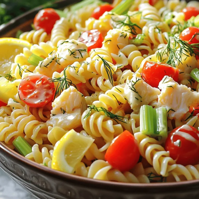 For a tasty crab pasta salad, you will need: - 8 oz (225g) pasta (like rotini or fusilli) - 1 cup cooked crab meat (fresh or canned) - 1/2 cup cherry tomatoes, halved - 1/4 cup red bell pepper, diced - 1/4 cup celery, finely chopped - 1/4 cup red onion, finely chopped - 1/2 cup mayonnaise - 2 tablespoons lemon juice - 1 tablespoon Dijon mustard - Salt and pepper to taste - 1 tablespoon fresh dill, chopped (or 1 teaspoon dried dill) - Optional: 1/4 cup sweet corn, drained These ingredients blend well. They bring great taste and texture to the dish. The pasta serves as a base, and the crab adds a lovely seafood flavor. You can use fresh crab for a richer taste or canned for convenience. You can add more ingredients to boost flavor: - Avocado for creaminess - Cucumber for crunch - Capers for a briny kick - Fresh herbs like parsley or basil These extras can enhance the salad. They allow you to customize it to your liking. If you crave a bit of spice, try adding jalapeños or a dash of hot sauce. Choosing the right crab meat is key: - Look for fresh crab meat with a clean, sweet smell. - Check the color; it should be opaque and look moist. - Avoid any meat that appears dry or has a strong odor. For the best flavor, buy crab from a trusted source. If you choose canned crab, pick high-quality brands. Always check the label for freshness and quality. You want the best for your crab pasta salad. For the complete recipe, refer to the Full Recipe. To start, you need to cook the pasta. I like using rotini or fusilli. First, boil a pot of salted water. Once it boils, add the pasta. Cook it according to the package instructions until it's al dente. This means it should be firm but not hard. When done, drain the pasta and rinse it under cold water. This stops the cooking. Next, let's make the dressing. In a medium bowl, whisk together the mayonnaise, lemon juice, and Dijon mustard. Add salt and pepper to taste. Make sure to mix it well until smooth. Finally, stir in the fresh dill. This adds a bright flavor that pairs well with crab. Now, we combine everything for the salad. In a large bowl, add the cooled pasta. Then, mix in the crab meat, cherry tomatoes, red bell pepper, celery, and red onion. If you like, you can add sweet corn too. Pour the dressing over the salad and gently toss it all together. Make sure everything is coated well. Cover the bowl and chill it for at least 30 minutes. This helps the flavors blend together. You can find the complete steps in the Full Recipe section. To get the best texture in your crab pasta salad, cook the pasta just right. Aim for al dente, which means it should be firm but not hard. Rinse it with cold water right after cooking. This stops the cooking and keeps the pasta from getting mushy. You want the pasta to hold its shape well in the salad. To make your crab pasta salad even tastier, consider adding some extras. Fresh herbs like parsley or chives can brighten up the dish. A pinch of red pepper flakes adds a nice kick. For a touch of sweetness, you can toss in some diced cucumber or sweet corn. These add-ins give texture and flavor. Each bite becomes a new delight! Presentation matters! Serve your crab pasta salad in a large bowl or individual cups. This makes it easy for guests to grab a portion. Garnish with extra dill and lemon wedges on top. It not only looks good but also adds a fresh zest. You can enjoy it as a light lunch, a side dish for dinner, or at a picnic. With such versatility, it always shines at any gathering! {{image_2}} You can use many pasta types for crab pasta salad. Rotini and fusilli work well. They hold the dressing nicely. Other great options include penne, farfalle, or even macaroni. Each type gives a different look and feel. Choose one that you enjoy! You can easily customize this crab pasta salad. Swap out the crab for shrimp or lobster if you prefer. If you want a vegetarian option, use chickpeas for protein. You can also change the veggies. Try cucumber, bell pepper, or even avocado for a twist. For gluten-free pasta salad, choose gluten-free pasta. Many brands make great options now. If you want fewer calories, use Greek yogurt instead of mayonnaise. This swap keeps the creaminess while cutting calories. You can add more veggies to bulk up the salad without adding many calories. The [Full Recipe] gives you all the details to create your own version! To keep your crab pasta salad fresh, store it in an airtight container. Glass or plastic works well. Avoid using metal containers, as they can react with the ingredients. Place the container in the fridge right after serving. This keeps it cool and safe to eat later. Crab pasta salad can last 3 to 4 days in the fridge. Make sure it stays covered. If the salad has been sitting out for more than two hours, it's best to throw it away. Always trust your eyes and nose; if it looks or smells off, don’t eat it. You can enjoy crab pasta salad cold or at room temperature. If you prefer it warm, heat it gently in a pan. Avoid the microwave, as it can make the pasta mushy. Add a splash of lemon juice to brighten the flavors when reheating. For the best taste, I recommend serving it cold as per the [Full Recipe]. Yes, you can use canned crab meat. It saves time and is easy to find. Canned crab still tastes great in the salad. Just make sure to drain it well before use. This helps avoid excess liquid in your dish. If you want a fresher taste, opt for fresh crab meat when possible. It will enhance the flavors and texture. Crab pasta salad pairs well with many sides. Here are a few great options: - Garlic bread - Fresh green salad - Grilled vegetables - Potato chips - Fruit salad These sides add variety and make your meal more enjoyable. Choose sides that balance the rich flavors of the crab pasta salad. To make a lighter crab pasta salad, swap regular mayonnaise for Greek yogurt. This change cuts calories while adding creaminess. You can also use whole wheat pasta for extra fiber. Adding more veggies like spinach or cucumbers can boost freshness and volume. Lastly, reduce the amount of dressing to keep it light. Enjoy a fresh and tasty dish without the extra calories! For the complete recipe, check out the [Full Recipe]. This blog post explored how to create a crab pasta salad that stands out. We covered key ingredients and tips for choosing fresh crab meat. The step-by-step instructions ensure you cook the pasta and make the dressing just right. With variations and storage tips, you can customize and keep your salad fresh. In the end, crab pasta salad offers joy in every bite, making it a perfect dish for any meal. Enjoy experimenting and sharing your delicious creation!